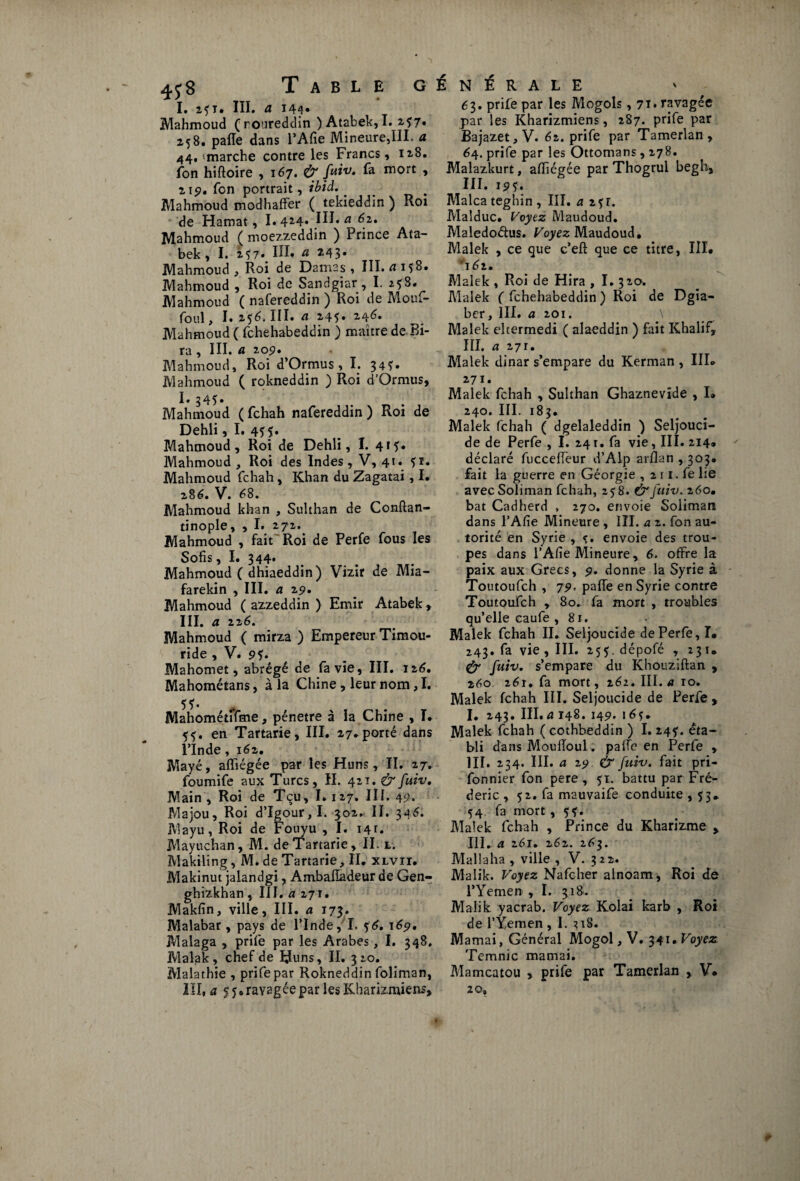 4j8 Table g i I* 2^T» III. U 144* Mahmoud (roureddin ) Atabek, I. 2,57» 258. pafle dans l’Afie Mineure,III. a 44, ^marche contre les Francs, 128. Ton hiftoire , 167. & fuiv, fa mort , 215». fon portrait, ibid,. Mahmoud modhaffer ( tekieddin ) Roi de Hamat, 1.4*4* a 6z* Mahmoud ( moezzeddin ) Prince Ata- bek, I. 2^7. III. a *43* Mahmoud , Roi de Damas , III» & Mahmoud , Roi de Sandgiar, I. 258. Mahmoud ( nafereddin ) Roi de Motu- foul, I. 256. III» a 2.45* 24^* Mahmoud ( fchehabeddin ) maître de Ri¬ ra , III. a 209. Mahmoud, Roi d’Ormus , I. 345* Mahmoud ( rokneddin ) Roi d’Ormus, I* 345• Mahmoud ( fchah nafereddin ) Roi de Dehli, I. 4? 5. Mahmoud, Roi de Dehli, I. 4*5* Mahmoud , Roi des Indes, V, 41. 51. Mahmoud fchah , Khan du Zagatai , I. 286, V. 68. Mahmoud khan , Sulthan de Conftan- tinople, , I. 272.. Mahmoud , fait Roi de Perfe fous les Sofis, I. 344. Mahmoud ( dhiaeddin) Vizir de Mia- farekin , III. a 29* Mahmoud ( azzeddin ) Emir Atabek , III. a 226. Mahmoud ( mirza ) Empereur Timou- ride , V. 95. Mahomet, abrégé de fa vie, III. 126. Mahométans, à la Chine , leur nom, I. 55'. Mahométffme, pénétré à la Chine , I. 55. en Tartarie, III. 27.porté dans l’Inde, 162. Mayé, affiégée par les Huns, II. 27. foumife aux Turcs, H. 421. & fuiv. Main , Roi de Tcu, 1.127. III. 49- Majou, Roi d’Igour, I. 302, II. 346. Mayu, Roi de Fouyu , I. i4r. Mayuchan, M. de Tartarie, II. l. Maki lin g, M. de Tartarie, II. xlvii. Makinut jalandgi, Ambafladeur de Gen- ghizkhan , III. a 271. Makfin, ville, III. a 173. Malabar, pays de l’Inde, I. 56. 169. Malaga , prife par les Arabes, I. 348. Maïak, chef de Huns, II. 310. Malathie , prife par Rokneddin foliman, III, a 5 5 » ravagée par les Kharizmiens, ; N É R A L E é3. prife par les Mogols, 71* ravagée par les Kharizmiens, 287. prife par Bajazet, V. 62. prife par Tamerlan , 64. prife par les Ottomans, 278. Malazkurt, afiîcgée par Thogrui begh, III. 195. Malcateghin, III. a z<;i. Maîduc. Voyez Maudoud. Maledo&us. Voyez Maudoud. Malek , ce que c’ell que ce titre, III* *ï6l, Malek , Roi de Hira , I. 320. Malek ( fchehabeddin ) Roi de Dgia- ber, III. a 201. \ Malek eltermedi ( alaeddin ) fait Khalif, III. a 271. Malek dinar s’empare du Kerman , IIL 271. Malek fchah , Sulthan Ghaznevide , I» 240. III. 183. Malek fchah ( dgelaleddin ) Seljouci- de de Perfe , I. 241. fa vie, III. 214* déclaré fucceffeur d’Alp arllan , 303* fait la guerre en Géorgie , 2 11. fe lie avec Soliman fchah, 258. & fuiv. 260* bat Cadherd , 270. envoie Soliman dans FAfie Mineure , III. a 2. fon au¬ torité en Syrie , 5. envoie des trou¬ pes dans FAfie Mineure, 6. offre la paix aux Grecs, 9. donne la Syrie à Toutoufch , 79, pahe en Syrie contre Toutoufch , 80. fa mort , troubles qu’elle caufe , 81. Malek fchah II. Seljoucide de Perfe, I* 243. fa vie , III. 255. dépofé , 231. & fuiv, s’empare du Khouziftan , 260 261. fa mort, 262. III. a 10. Malek fchah III. Seljoucide de Perfe , I. 243. III.a 148. 149. 165. Malek fchah ( cothbeddin ) I. 245. éta¬ bli dans MoufToul. paife en Perfe , III» 2,34. III. a 29 & fuiv. fait pri- fonnier fon pere , 51. battu par Fré¬ déric , 52. fa mauvaife conduite ,53* 54 fa mort , 55. Malek fchah , Prince du Kharizme * III. a 261. 262. 263. Mal la ha , ville , V. 322. Malik. Voyez Nafcher ainoam, Roi de l’Yemen , I. 318. Malik yacrab. Voyez Kolai karb , Roi de l’Yemen , I. 218. Marnai, Général Mogol, V. 341. Voyez. Temnic marnai. Mamcatou , prife par Tamerlan , V* 2» O,