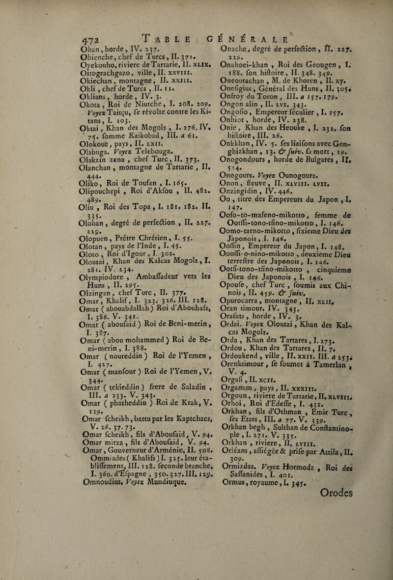 Ohan, horde, IV. 237. Ohienche, chef de Turcs, II. 372- Oyekouho, riviere deTartarie, II. xlix. Oitograchgazo, ville, II. xxviii. Okiechan, montagne, II. xxm. Okli , chef de Turcs , II. 11. Oklians, horde, IV. 3. Okota , Roi de Niutche, I. 208. 209. Voyez Taitçu, fe révolte contre les Ki- tans, I. 203. Oktai, Khan des Mogols , I. 276, IV. 75. fomme Itaikobad, III. a 61, Olokoue, pays, II. lxii. Olabuga. Voyez Telebouga, Olakzin zena , chef Turc, II. 373. Olanchan, montagne de Tartarie , II. 444* Oliko, Roi de Toufan , I. 16$. Olipouchepi , Roi d’Akfou , II. 482. 489. Oliu , Roi des Topa, I. 181. 182. II. 335* Olohan , degré de perfeéhon , II. 227» 22 9. ' Olopuen, Prêtre Chrétien, I. $ ?. Olotan , pays de l’Inde , I. 4?. Gloto , Roi d’Igour, I. 302. Oloutai, Khan des Kalcas Mogols, I. 281. IV. 234. Oiympiodore , Ambaiïadeur vers les Huns , II. 29Ï* Olzingan , chef Turc, II. 377* O mar , Khalif, I. 32,3* 32,^> Omar ( abouabdallah ) Roi d’Abouhafs, I. 386. V. 34Ï. Omar ( aboufaid ) Roi de Beni-merin, I. 387. Omar ( abou mohammed ) Roi de Be- ni-merin, I. 388. Omar ( noureddin ) Roi de l’Yemen , I. 427. Gmar ( manfour ) Roi de l’Yemen, V. 344* Omar ( tekieddin ) frere de Saladin , III. a 233. V. 343* Omar ( phatheddin ) Roi jde Krak, V. 129. Omar fcheikh, battu par les Kaptchacs, V. 26. 37. 73. Omar fcheikh, fils d’Aboufaid, V. 94. Omar mirza , fils a’Aboufaid, V. 94. Omar, Gouverneur d’Arménie, II. 508. Ommiades( Khalifs)I. 3z$cleur éta- bliffement, III. 128. fécondé branche, I. 360. d’Efpagne , 350. 327. III, 129, Omnoudius. Voyez Mundiuque. Onache, degré de perfedion , ÎT. 227. 229. Onahoei-khan , Roi des Geougen , I. 188. fon hiftoire, II. 348. 349. Qneoutachan , M. de Khoten , II. xy. One/îgius, Général des Huns, II. 30$#' Onfroy du Toron , III. a 1 ^7. 179. Ongon alin , II. lvi. 343. Ongofio, Empereur féculier , I. 157. Onhiot, horde, IV. 238. Onie, Khan des Heouke , I. 232, fou hiftoire, III. 26. Onkkhan,IV. $. fesliaifonsavec Gen- ghizkhan , 13. & fuiv, fa mort, 19. Onogondours , horde de Bulgares, II. 514. Onogours. Voyez Ounogours. Onon , fleuve , II. xlviii. lvii. Onzingidin , IV. 446. Oo , titre des Empereurs du Japon ,1, I47« Oofo-to-mafeno-mikotto, femme de Ootfti-tono-tfîno-mikotto, I. 146. Oomo-tarno-mikotto , fixieme Dieu des Jàponois, I. 146. Ooffin, Empereur du Japon, I. 148. Ooofli-o-nino-mikotto , deuxieme Dieu terreftre des Jàponois, I. 146. Ootfî-tono-tfino-mikotto , cinquième Dieu des Jàponois , I. 1415. Opoufe, chef Turc, fournis aux Chi¬ nois , II. 459. & fuiv, Opurocarra , montagne , II, xlii, Oran timour. IV. 343, Orafuts, horde, IV. 3, Ordai. Voyez Oloutai, Khan des Kal¬ cas Mogols. Orda , Khan des Tartares, I. 273. Ordou, Khan des Tartares, II. 7. Ordoukend , ville, II. xxii. III. a 2^3. Orenktimour, Te foumet à Tamerlan , V. 4. Orgafi , II. xcir. Organum , pays, II. xxxnr. Orgoun, riviere deTartarie, II, xlviii; Orhoi, Roi d’Edelïe, I. 431. Orkhan, fils d’Othman , Emir Turc , fes Etats, III. a 77. V. 339. . Orkhan begh , Sulthan de Conftantino- ple , I. 271. V. 33 y. Orkhan , riviere, II, lviii. Orléans, afliégée & prife par Attila, II. 309. Ormizdas. Voyez Hormodz , Roi des Salïanides, I. 401. Ormus, royaume, I, 345:, Orodes