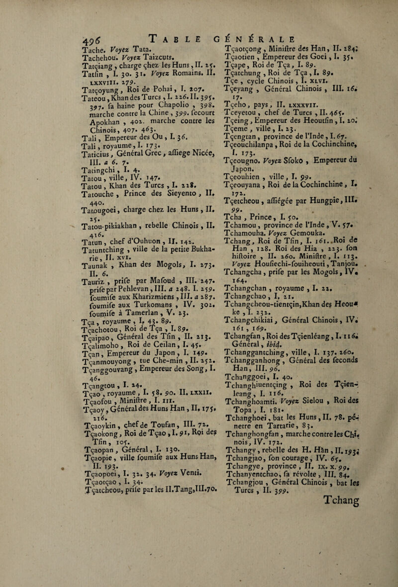 Tache. Voyez Tata.. Tachehou. Voyez Taizcuts. Tatçiang, charge çhez les Huns, II. 2f. Tatfin , I. 30. 31. Voyez Romains. II. lxxviii. ^79^' Tatçoyung , Roi de Pohai, I. 2,07. Tateou ,Khan des Turcs , I. 116* II. 39S» 3^7, fa haine pour Chapolio , 39S. marche contre la Chine , 399. fecourt Apokhan , 401. marche contre les Chinois, 4°7• 4^3- Tali, Empereur des Ou , I. 3 6. Tali, royaume, I. 173* Taticius, Général Grec, afliege Nicée, III. a 6. 7. Tatingchi, I. 4« Tatou, ville, IV. 147* Tatou, Khan des Turcs , I. 228. Tatouche , Prince des Sieyento , II. 440. Tatougoei, charge chez les Huns, II. 25* Tatou- pikiakhan , rebelle Chinois, II. 416. : Tatun , chef d’Ouhuon , II. 141. Tatuntching , ville de la petite Bukha- rie, II. xvi. Taunak , Khan des Mogols, I. 273. II. 6. Tauriz , prife par Mafoud , III. 247. prifeparPehlevan,III. a 248. I. 259. foumife aux Kharizmiens, III. a 287. foumife aux Turkomans , IV. 302. fournife à Tamerlan , V. 23. Tça, royaume , IP 43» 89. Tcachotou, Roi do Tça , I. 8j?« Tçaipao, Général des Tfin , II. 213. Tçalimoho , Roi de Ceilan, I. 45. Tçan, Empereur du Japon, I. 149* Tçanmouyong , tue Che-min , II. 2*2. Tçanggouvang, Empereur des Song, I. 4 6. Tçangtou , I. 24. Tçao , royaume , I. $8. po» II. lxxii. Tçaofou , Miniftre , I. ni. Tçaoy , Général des Huns Han , II, 17 $• 216. Tçaoykin, çhefde Toufan, III. 72. Tçaokong, Roi de Tçao , 1.9des Tlin, iof. Tçaopan, Général, I. 130. Tcaopie, ville fpumife aux Huns Han, IL 19 3. Tçaopoei, I. 32. 34. Voyez Venti. Tçaotçao , I. 34. ^catcheouj prife par les II.Tang,III.70. Tçaotçong , Minière des Han, II. 284; Tçaotien , Empereur des Goei ,1. 35. Tçape, Roi de Tça, I. 89. Tçatchung , Roi de Tça , I. 89• Tçe , cycle Chinois, I. xlvi. Tçeyang , Générai Chinois , III. 16• 17* Tçeho, pays, II. lxxxvii. Tceyetou , chef de Turcs , II. 46 Tçeing, Empereur des Heoutfîn, I. 20.' Tçeme , ville , I. 23. Tçengtan, province de l’Inde, 1.67. Tçeouchilanpa , Roi de la Cochinchine, L 173- Tçeougno. Voyez Sfoko , Empereur du Japon. Tçeouhien , ville, I. 99. Tçeouyana , Roi de la Cochinchine , I# 172. Tçetcheou, aflîégée par Hungpie,IlI« 99. Tcha , Prince, I. 50. Tchamou , province de l’Inde V. ?7» Tchamouha. Voyez Gemouka. Tchang, Roi de Tfin, I. lén.Roi de Han , 128. Roi des Hia , 223. fou hiftoire , II. 260. Miniftre, I. 113. Voyez Houfiechi-fouiheouti, Tanjou. Tchangcha, prife par les Mogols, 1V« 1 64. Tchangchan , royaume , I. 22. Tchangchao , I. 21. Tchangeheou-tientçin,Khan des Heou* ke ,1. 232. Tchangchikiai, Général Chinois, IV• 161 , 169. Tchangfan, Roi des Tçienléang, 1.116* Général, ibid. Tchanggantching, ville, I. 137» 260. Tchangganhong , Général des féconds Han, III. 96. Tchanggoei, I. 40. Tchanghmentçing , Roi des Tçïen- leang, I. 116. Tchanghoamti. Voyez Sielou , Roi des Topa , I. 181 • Tchanghoei, bat les Huns,II. 78. pé4 netre en Tartarie, 83. Tchanghongfan , marche contre les Ch?* nois, IV. 172. Tchangy, rebelle des H. Hàn , II, 193^ Tchangjao, fon courage, IV. 65. Tchangye, province, II. ix. x. 99, Tchanyentchao, fa révolte , III. 84. Tchangjou , Général Chinois , bat les Turcs , II. 399* Tchang