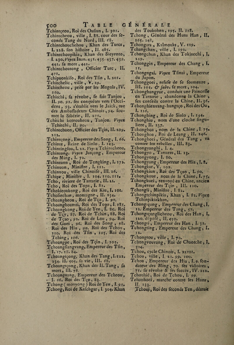 Tchintçeou, Roi des Oufiun , I. 3or. Tchintcheou, ville , I. 88. cour des fé¬ conds Tang du Nord , III. 6S. Tchintchouchehou , Khan des Turcs, I. 228. fon hiftoire , II. 48*. Tchintchoupikia, Khan des Sieyento, I. 130 .Voyez Inan.431. 43^. 437. 43 9, 441. fa mort , 442. Tchintchoutong , Officier Turc, IL 47 T* Tchipuonkifo, Roi des T/in , I. 201. Tchitchelic, ville , V. 29. Tchitcheou , prife par les Mogols,IV. 1*0. Tchitchi, fa révolte, fe fait Tanjou , II. 90. 91. fes conquêtes vers l’Occi¬ dent , 93. s’établit vers le Jaïck, tue des Âmbaïïadeurs Chinois, 94, fou- met la Sibérie, II. 279. Tchitchi koteouheou, Tanjou. Voyez Tchitchi, II. 9o. Tchintchuen, Officier des Tçin, IL 109* 212. Tchintcong , Empereur des Song, I. 66, Tchinte, Reine de Sinlo, I. 143- Tchintingfou, I. 22. Voy(z Tchinicheou. Tchintong. Voyez Jutçong, Empereur des Ming, I. 72. Tchintuon , Roi de Tongking, I, 17*. Tchinuon, Miniftre, I. 112. Tchinvou , ville Chinoife , III. 16, Tchipe , Miniftre , I. 104. 11 o. 111. Tcho, riviere de Tartarie , II. li. Tcho, Roi des Topa, I. 81. Tchokieoukong , Roi des Kiu, I« ioi« Tchofiechan , montagne , II. 134. Tchoangheou, Roi deTça, I. 90. Tchoanghoamti, Roi des Topa ,1.181. .TTchoangkong , Roi de Yen , I. 8?. Roi de Tçy, 87. Roi de Tchin , 88. Roi - de Tçao , 91, Roi de Lou , 94. Roi des Goei , 96. Roi des Song , 98. Roi des Hiu , 99. Roi des Tchou, 100. Roi des T/în , 105. Roi des Tching, 10 6. Tchoangpe , Roi des Tçin, I. 103. Tchoang/Iangvang, Empereur des Tlin, I. 17. 18. 84. Tchoangtçong, Khan des Tang,1.122. 234. II. 505. fa vie , III. 68. Tchoangtçong, Khan des IL Tang, fa mort, III. 78. Tchoangvang, Empereur des Tcheou , * I. 16. Roi des Tçu , 83. Tchong ( mouyong j Roi de Yen , I. 9 r. tchong, Roi de Kafchgar, I. 3.04. Khan des Toukohen, 19j, IL 118. Tchong , Général des Huns Han , II* 165. 248, Tchongars * Kalmouks , V. 109. Tchangchan, ville , I. 192. Tchongchun , Khan des Tokiuechi , I. 22 9, Tchonggin, Empereur des Chang , I. n. Tchongngai. Voyez T/înai , Empereur du Japon. Tchonggoei, refufe de fe foumettre , III. 101. & fuiv, fa mort, 104. Tchonghangyue , conduit une Princeffie en Tartarie , abandonne la Chine , fes confeils contre la Chine, II. 36. Tchonghienvang- hungtço , Roi des Ou » I. 126. Tchonghing, Roi de Sinlo , I. 144* Tchonghiu, nom d’une cloche fingu- liere, IL 237. Tchonghoa , nom de la Chine ,1.75* Tchonghoa, Roi de Leang * II. 246. Tchonghoei, Général des Tang , va contre les rebelles , III, 83* Tchongyanghi, I. 4, Tchongyo , Tartares,II. 13* Tchongyong, I. 80. Tchongyang , Empereur des Hia , 1.8* Tchongkar,V. 102. Tchongkiun , Roi des Tçao , I. 9o. Tchongkoue, nom de la Chine, 1.7^, Tchongkuei, renvoyé en Chine, anciea Empereur des Tçin , III. no. Tchongli, Miniftre , I. 82, Tchongtchinpikia, Khan , I. 82. Voyez Tchinpikiakha-n. Tchongtçong , Empereur des Chang, I, 12. Empereur des Tang,. 57. Tchongtçonglicheou , Roi des Han, I*. 120. dépofé , II. 430. Tchongti, Empereur des Han , I. 31. Tchongting, Empereur des Chang, I* 12. Tchongtou, ville, 1.70* Tcliongvouvang, Roi de Chaotche , I* 304. Tchou, cycle Chinois, I. xlvit. Tchou , ville , I. 21. 99* 100. Tchou , Empereur des Hia, I. 9. fon¬ dateur des Ming, 70. fes viéïoires , 7r. fa révolte & fes fuccès, IV. 222* Tchouhié, Roi de Tchou, I. 99. Tchouhoei, marche contre les Huns, IL 133. wTchoui, Roi des féconds Yen, détruit /