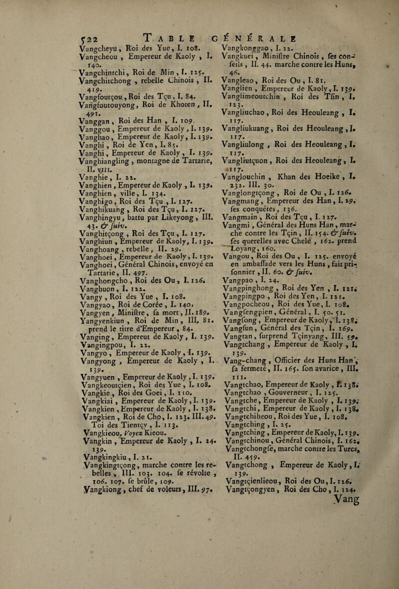f22 Table Vangcheyu , Roi des Yue, I. 108. 140. Vangchintchi, Roi de Min , ï. 12?. Vangchitchong , rebelle Chinois , IL 419* Vangfoutçou , Roi des Tçu , I. 84. Vangfoutouyong, Roi de Khoten , II* 4 Vanggan , Roi des Han , I. 109. Vanggou , Empereur de Kaoly , I. 139. Vangbao, Empereur de Kaoly, 1.139» Vanghi, Roi de Yen, I, 85. Vanghi, Empereur de Kaoly, I. 139. Vanghiangling , montagne de Tartarie, II. yj.11. Vanghie , I. 22. Vanghien , Empereur de Kaoly , I. 139* Vanghien, ville, I. 134. Vanghigo, Roi des Tçu , I. 127. Vanghikuang , Roi des Tçu, I. 127. Vanghingyu, battu par Likeyong, III. 43. & fuiv• Vanghitçong , Roi des Tçu , I. 127. Vanghiun Empereur de Kaoly, 1.139. Vanghoang , rebelle , II. 29» Vanghoei, Empereur de Kaoly, I. 139. Vanghoei, Général Chinois, envoyé en Tartarie, II. 497. Vanghongcho , Roi des Ou, 1.126* Vanghuon, I. 122. Vangy , Roi des Yue , I. 108. Vangyao, Roi de Corée , I. 140* Vangyen , Miniftre , fa mort, II. 189.* Yangyenkiun , Roi de Min, IIL 81. prend le titre d’Empereur , 84. Vanging, Empereut de Kaoly, I< 139. Vangingpou, I. 22. Vangyo , Empereur de Kaoly , T. 139» Vangyong , Empereur de Kaoly , I. 13 9. Vangyuen , Empereur de Kaoly, I. 139. Vangkeoutçien, Roi des Yue , I. îo8* Vangkie , Roi des Goei ,1. no. Vangkiai , Empereur de Kaoly,I. 139» Vangkien , Empereur de Kaoly ,1. 138* Vangkien , Roi de Cho, I. 123* III. 49. Toi des Tientçv , I. 113. Vangkieou. l^oyez Kieou. Vangkin, Empereur de Kaoly , I. 24. *3*\ Vangkingkiu , I. 2 t. -Vangkingtçong, marche contre les re- belles , III. 103. 104. Te révolte , 106. 107. fe brûle, 109» yangkiong, chef de voleurs, III. 97# Vangkonggao, I. 22. seils , II. 44. marche contre les Huns, Vangleao, Roi des Ou , I. 81. Vanglien , Empereur de Kaoly, I. 139* Vanglimeoutchin , Roi des Tfîn , I* 12 3. Vangliuchao, Roi des Heouleang , I* H7. Vangliukuang, Roi des Heouleang,L 117. Vangliulong , Roi des Heouleang , I, ri7. Vangliutçuon, Roi des Heouleang, I* 117» Vangiouchin , Khan des Hoeike , I« Z32. III. 30. Vanglongtçong , Roi de Ou , I. 126* Yangmang , Empereur des Han, I, 29. fes conquêtes, 136. Vangmain , Roi des Tçu , I. 1 27. Vangmi , Général des Huns Han, mar¬ che contre les Tçin , II. 154. &fuiv. fes querelles avec Chele , 162. prend ~ Loyang, 160. Vangou, Roi des Ou , I. 125. envoyé en ambaffade vers les Huns , faitpri- fonnier , II. 6o. & fuiv• Vangpao , I. 24. Vangpinghong , Roi des Yen , I. 121# Vangpingpo , Roi des Yen, I. 12r. Vangpocheou, Roi des Yue, I. 108. Vangfengpien , Général, I. 50. 51. Vangfong , Empereur de Kaoly, 1.138; Vangfun, Général des Tçin, I. 169. Vangtan, furprend Tçinyang, III. 59. Vangtchang , Empereur de Kaoly , I, 139* Vang-chang , Officier des HunsHan’, fa fermeté, II. i6f. fon avarice, III. 1 n* Vangtchao, Empereur de Kaoly , T. 138; Vangtchao , Gouverneur , I. 125. Vangtche, Empereur de Kaoly , 1.139; Vangtchi, Empereur de Kaoly , I. 138* Vangtehiheou, Roi des Yue, I. 108, Vangtching, I. 25. Vangtching, Empereur de Kaoly, 1.139. Vangtchinou, Général Chinois, I. 162, Vangtchongfe, marche contre les Turcs, II. 459. Vangtchong , Empereur de Kaoly, L Vangtçienlieou, Roi des Ou,1.126* Vangtçongyen, Roi des Cho, I. 124* .V ang GÉNÉRALE