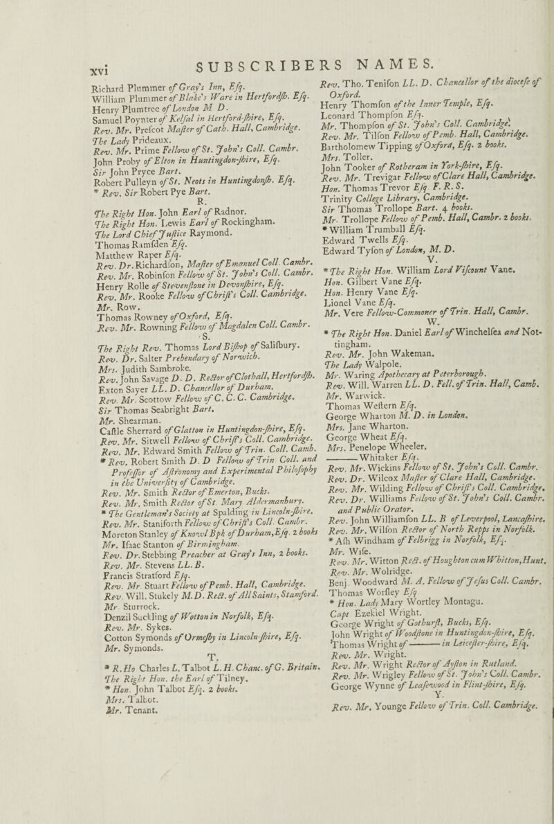 xv; SUBSCRIBE Richard Plummer of Gray' s Inn, Efq. William Plummer of Blake's Ware in Hertfordjb. Efq Henry Plumtree of London M D. Samuel Poyntero/' Kelfal in Hertford-Jhire, Efq. Rev. Mr. Prefcot Mafler of Cath. Hall, Cambridge. The Lady Prideaux. Rev. Mr. Prime Fellow of St. Johns Coll. Cambr. John Proby of Elton in Huntingdonshire, Efq. Sir John Pryce Bart. Robert Pulleyn of St. Neots in Huntingdonjh. Efq. * Rev. Sir Robert Pye Bart. R. Elye Right Hon. John Earl of Radnor. The Right Hon. Lewis Earl of Rockingham. The Lord Chief Juflice Raymond. Thomas Ramfden Efq. Matthew Raper Efq. Rev. £>r.Richardlbn, Mafer of Emanuel Loll. Lambr. Rev. Mr. Robinfon Fellow of St. John's Coll. Cambr. Henry Rolle ofStevenfone in Devonjhire, Efq. Rev. Mr. Rooke Fellow ofChrif's Loll. Cambridge. Mr. Row. Thomas Rowney of Oxford, Efq. Rev Mr. Rowning Fellow of Magdalen Coll. Cambr. S. The Right Rev. Thomas LordBijhop o/’Salifbury. Rev. Dr. Salter Prebendary of Norwich. Mrs- Judith Sambroke. , „ __ , Rev. John Savage D-D. Reftor qfClothall, Hertfordjb Exton Sayer LL. D. Chancellor of Du.) nam. Rev. Mr. Scottow Fellow of C. C. C. Cambridge. Sir Thomas Seabright Bart. Mr. Shearman. . Caflle Sherrard of Glutton in Huntingdon-Jhire, Efq. Rev. Mr. Sitwell Fellow of Chrif's Coll. Cambridge. Rev. Mr. Edward Smith Fellow of Erin. Coll. Camb. * Rev. Robert Smith D. D Fellow of Erin Coll, and Profejfor of Aflronomy and Experimental Philofopby in the Univerfity of Cambridge. Rev. Mr. Smith Reftor of Emerton, Bucks. Rev. Mr. Smith Reftor of St Mary Aldermavbury. * Ehe Gentlemans Society at Spalding in Lincoln-Jbire. Rev. Mr. Staniforth Fellow of Chrift's Coll Cambr. Moreton Stanley of Knowl Bpk of Durham,Efq. 2 boohs Mr. Ifaac Stanton of Birmingham. Rev. Dr. Stebbing Preacher at Grays Inn, 2 books. Rev. Mr. Stevens LL. B. Francis Stratford Ejq. Rev. Mr. Stuart Fellow ofPemb. Hall, Cambridge. Rev. Will. Stukely M.D. Reft, of All Saints, Stamford. Mr Sturrock. Denzil Suckling of Wottonin Norfolk, Efq. Rev. Mr. Sykes. Cotton Symonds ofOrtneJby in Lincoln fhire, Efq. Mr. Symonds. * R.Ho Charles L. Talbot L.H. Chant. ofG. Britain, Ehe Right Hon. the Earl of Tilncy. * Hon. John Talbot Efq. z books. Airs. Talbot. Mr. Tenant. R S NAMES. Ptv. Tho. Tenifon LL. D. Clmullor of the Jhctfc of Oxford. Henry Thomfon of the Inner Eemple, Efq. Leonard Thompfon Efq. _ v Mr. Thompfon of St. John's Coll. Cambridge. Rev. Mr. Tilfon Fellow of Pemb- Hall, Cambridge. Bartholomew Tipping of Oxford, Efq. 2 books. Mrs. Toller. John Tooker of Rotheram in York-Jhire, Efq. Rev. Mr. Trevigar Fellow of Clare Hall, Cambridge. Hon. Thomas Trevor Efq F.R.S. Trinity College Library, Cambridge. Sir Thomas Trollope Bart. 4 books. Mr- Trollope Fellow of Pemb. Hall, Cambr. z books. •William Trumball Efq. Edward Twells Efq. Edward Tyfon of London, M. D. *Ehe Right Hon. William Lord Vifcount Vane. Hon. Gilbert Vane Efq. Hon. Henry Vane Efq. Lionel Vane Efq. Mr Vere Fellow-Commoner of Erin. Hall, Cambr. W. • Ehe Right Hon. Daniel 2L*/7i/Winchelfea ^Not¬ tingham. Rev. Mr. John Wakeman. Ehe Lady Walpole. . Mr. Waring Apothecary at Peterborough. Rev. Will. Warren LL. D. Fell.of Erin. Hall, Camb. Mr. Warwick. Thomas Wettern Efq. George Wharton M. D. in London. Mrs. Jane Wharton. George Wheat Efq. Mrs. Penelope Wheeler. -Whitaker Efq. Rev. Mr. Wickins Fellow of St. John's Coll. Cambr. Rev. Dr. Wilcox Mafer of Clare Hall, Cambridge. Rev. Mr. Wilding Fellow of Chrift's Coll. Cambridge. Rev. Dr. Williams Fellow of St. John's Coll. Cambr. and Public Orator. Rev. John Williamfon LL. B of Leverpool, Lanca/hire. Rev. Mr. Wilfon Reftor of North Repps in Norfolk. * Afh Windham of Felbrigg in Norfolk, Efq. Mr. Wife. Rev. Mr. Witton Reft, of Houghton cum Whitton,Hunt. Rev. Mr. Wolridge. Benj. Woodward M. A. Fellow ofjefus Coll. Cambr. Thomas Worfiey Efq * Hon. Lady Mary Wortley Montagu. Capt Ezekiel Wright. George Wright of GothurJI, Bucks, Efq. John Wright of Woodfione in Huntingdon-Jhire, Efq. Thomas Wright of-in Leicefer-Jhire, Efq. Rev. Mr. Wright. Rev. Mr. Wright Reftor of Ayfon in Rutland. Rev. Mr. Wrigley Fellow of St. John's Coll. Cambr. George Wynne of Leafewood in Flint-Jhire, Ejq. Rev. Air. Younge Fellow of Erin. Coll. Cambridge.