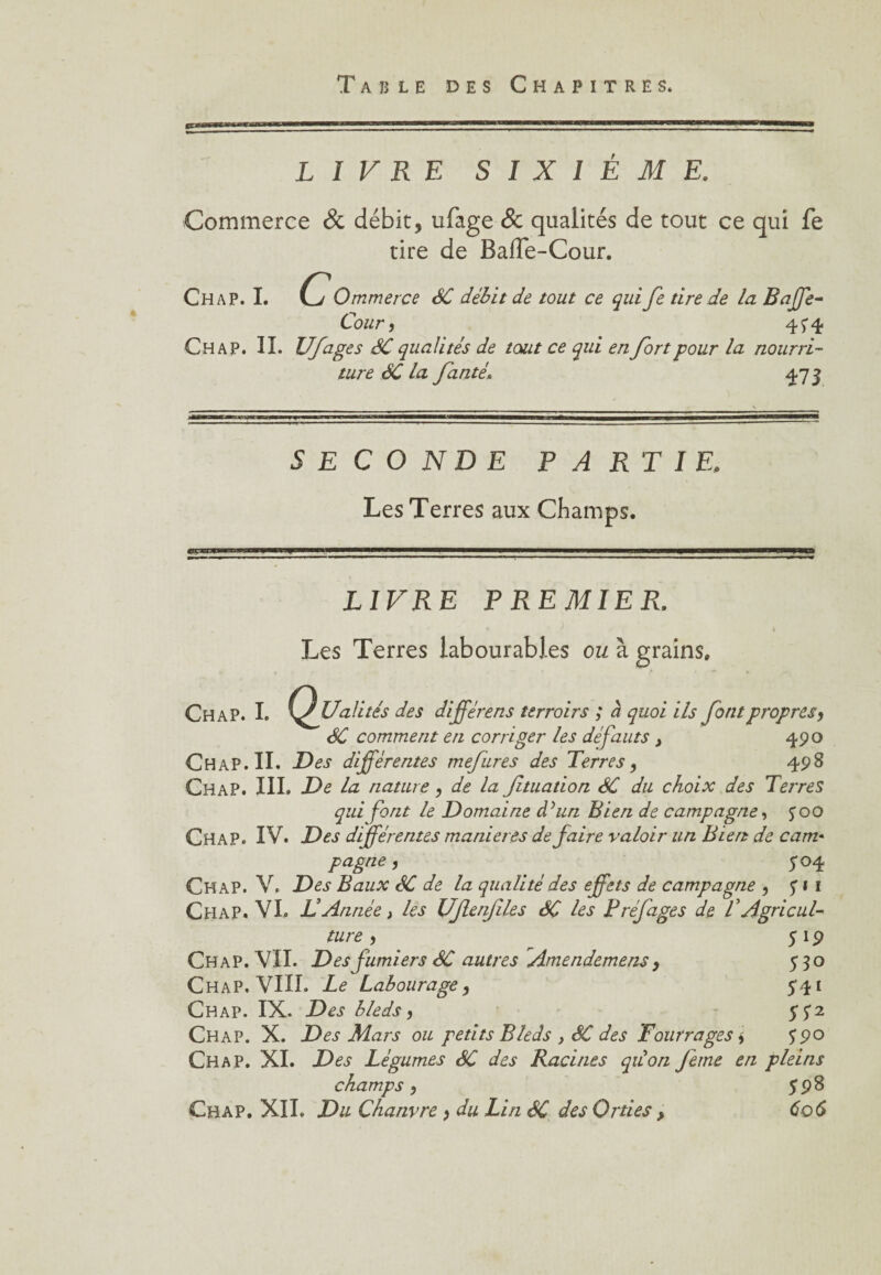 LIVRE SIXIEME. Commerce & débit, ufage & qualités de tout ce qui fe tire de BaiTe-Cour. Ch a P. I. C Ommerce SC débit de tout ce qui fe tire de la Bajfe- Cour j 474 Ch a P. IL Ufages SC qualités de tout ce qui en fort pour la nourri¬ ture SC la fanté. 473 SECONDE PARTIE. Les Terres aux Champs. LIVRE PREMIER, t Les Terres labourables ou à grains. Ch a P. I. \JUalités des différèns terroirs ; à quoi ils font propres, SC comment en corriger les défauts , 490 Ch AP. II. Des différentes mejlires des Terres, 498 ChaP. III. De la nature, de la fituadon SC du choix des Terres qui font le Domaine dyun Bien de campagne, 700 ChaP. IV. Des différentes maniérés de faire valoir un Bien de cam« pagne , 704 Chap. V. Des Baux SC de la qualité des effets de campagne , 711 ChaP. VL DAnnée, les Ufienfiles SC les Préfages de t Agricul¬ ture , 519 Chap. VIL Des fumiers SC autres Amendemens, 550 Chap. VIII. Le Labourage, 741 Chap. IX. Des bleds, 772 Chap. X. Des Mars ou petits Bleds y SC des Fourrages t 790 Chap. XI. Des Légumes SC des Racines quon feme en pleins champs, 79^ Chap. XII. Du Chanvre > du Lin SC des Orties , C06