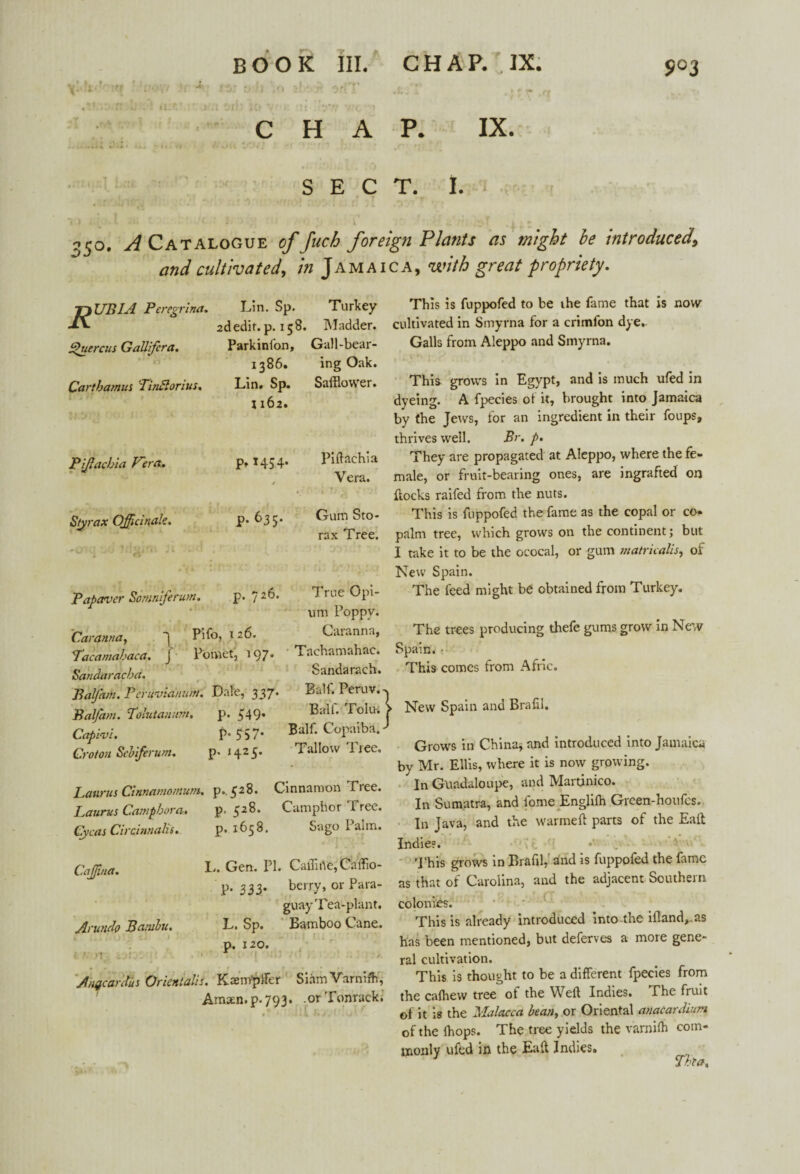 I CHAP. IX. SECT. I. 350. ^Catalogue of Juch foreign Plants as might be introduced and cultivated, in Jamaica, with great propriety. UBIA Peregrlna. S>uercus Gallifcra. Cartbamui Tinfioritts. Lin. Sp. Turkey d edit. p. 158. Madder. Parkinfon, Gall-bear- 1386. ing Oak. Lin. Sp. Safflower. 1162. Pijlachia Vera. p, 1454. Piftachia Vera. f ,e Sty rax Officinale. **0*?CI ^ l p. 63 5* Gum Sto- rax Tree. Papavcr Somniferum. p.726. Caranna, J Pifo, 126, Tac'amabaca. j Pomet, 197* Sandaracba. True Opi¬ um Poppy. Caranna, Tachamahac. Sandarach. Balfam. Pcruvia'nwn. Dale, 337. Bali. Peruv. Balfani. Tolutanum. p. 549* Ball. Tolu-. Cap inti. P* ?57* Balf. Copaiba. Croton Seliferum. p. 1425. Tallow Tree. Latirus Cinnamomum. p.,^28. Cinnamon Lee. Lauras Campbora. p. Camphor 1 rec. Cycas Circinnalis. p, 1658. Sago Palm. CaJJina. Arundo Bambit. t ' »1 k.jlA • I.. Gen. PI. Caffirte,Cafflo- p. 333. berry, or Para¬ guay Tea-plant. L. Sp. Bamboo Cane, p. 120. Anqcardus Oriental’is. Koem'pffer Amain, p- 793* Siam Varnifh, .or Tonrack. This is fuppofed to be the fame that is now cultivated in Smyrna for a crimfon dye. Galls from Aleppo and Smyrna. Thia grows in Egypt, and is much ufed in dyeing. A fpecies of it, brought into Jamaica by the Jews, for an ingredient in their foups, thrives well. Br. p. They are propagated at Aleppo, where the fe¬ male, or fruit-bearing ones, are ingrafted on flocks raifed from the nuts. This is fuppofed the fame as the copal or co- palm tree, which grows on the continent; but I take it to be the oeocal, or gum matricalis, of New Spain. The feed might be obtained from Turkey. The trees producing thefe gums grow in New Spain. This comes from Afric. New Spain and Brafil. Grows in China, and introduced into Jamaica by Mr. Ellis, where it is now growing.  In Guadaloupe, and Martinico. In Sumatra, and lome Englilh Grcen-houfes. In Java, and the warmed: parts of the Ealt Indies. This grows in Brafil,' and is fuppofed the fame as that of Carolina, and the adjacent Southern colonies. This is already introduced into the ifiand,.as has been mentioned, but deferves a more gene¬ ral cultivation. This is thought to be a different fpecies from the cafflew tree of the Weft Indies. The fruit of it is the Malacca bean, or Oriental anacardiuvt of the fflops. The tree yields the varniffl com¬ monly ufed in the Eaft Indies. Tim,