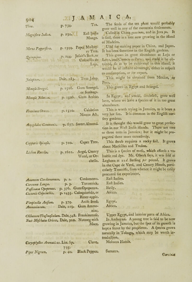 9°4 Thr a. J1lagnifera Indies. .Morns Papyrifera, SPuinqupna. J A M A I C A. P- 734’ p. 290. Tea. Eaft India Mango. p.1399. Paper Mulber¬ ry Tree. p, 244.. Jefuit?s Bark, or Cafcarilla de Loja. Jaiapium. Dale, 183. True Jalap. Mimofa Senegal, « p. 1506. Gum Senegal, or Sanhaga. MirnoJ'a Nilotic#. p. 1506. Gum Arabic. Fraxinus Omits. p. 1510. Calabrian Manna Alh. Amygdalus Communis. P- 677. Sweet Almond. Capparis Spinofa. p. 720. Caper Tree. Lichen Rocclla, p. 1622. Argal, Canaiy Weed, or Or- chelle. Amomum Cardamomitm. p. 2. Cardamoms. ■Curcuma Longa, p- 3* lunneiick. Pajlinaca Opoponax. p. 376. Gum Opoponax. Cucumis Colyanthis. p. 1435* Coloquintida, or Bitter-apple. Pimplnt'lla Atiifum, P* 379* Anife Seed. Ammoniacum, Dale, x 19. Gum Ammo¬ niac. Olibanum Lbufmafculum, Dale,348. Frankincenfe. Nux Mofchata Orient. Dale, 302. Nutmeg with Mace. Catyopbyllus Aromaticus. Lin. Sp, 7 35- Piper Nigrum, p. 40. Black Pepper. The feeds of the tea plant would probably grow well in any of the mountain fettlements. Called in China quacinao, and in Java po. It is faid, there is a tree now growing in the ifland of Madeira. Ufed for making paper in China, and Japan. It has been fometime in the Englilh gardens. This grows in great abundance at Loja or Loxa, and Cuenca in Peru ; and could it be ob¬ tained, fo as to be cultivated in this illand, it would be of infinite advantage, either in refpe& to confumption, or for export. This might be obtained from Mexico, or Peru. This grows in Egypt and Senegal. In Egypt; and would, doubtlefs, grow well here, where we have a fpecies of it in too great abundance. This is worth trying in Jamaica, as it bears a very hot fun. It is common in the Englifh nur- fery gardens. It is thought this would grow to great perfec¬ tion in our Weft India iflands. There are two or three trees in Jamaica; but it might be pro¬ pagated there more extenfively. This fhrub requires a rocky foil. It grow* about Marfeilles and Toulon. This is a fpecies of rnofs, which affords a va¬ luable red dye. Mr. Ofbeck fays, it was fold at Leghorn at 11 d. fterling per pound. It grows in the Cape de Verd, and Canary Iflands, parti¬ cularly Teneriffe, from whence it might be eafily procured for experiment. Eaft Indies. Eaft Indies. Sicily. Africa. Egypt. Africa. Upper Egypt, and interior parts of Africa. In Amboyna. A young tree is faid to be now growing in Jamaica, but the fpot of its growth is kept a fecret by the proprietor. A fpecies grows naturally in Tobago, which may be worth in¬ troduction. Clove. Molucca Iflands, Sumatra, GarciniA