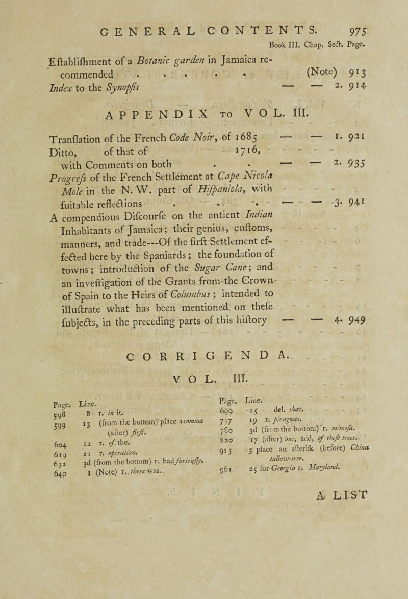 Book III. Chap. Se&. Page. Eftabliftiment of a Botanic garden in Jamaica re¬ commended ... • (Note) 913 Index to the Synopfis 2. 914 APPENDIX to VOL. III. Tranflation of the French Code Noir, of 1685 — 1.921 Ditto, of that of 1716, with Comments on both . . —* 2* 935 Progrefs of the French Settlement at Cape Nicola Mole in the N. W. part of Hifpamola, with fuitable reflections . •-— 3* 941 A compendious Difcourfe on the antient Indian Inhabitants of Jamaica; their genius, cuftoms, manners, and trade—Of the firft Settlement ef- * - - feded here by the Spaniards; the foundation of towns; introdudion of the Sugar Cane; and an inveftigation of the Grants from-the Crown- of Spain to the Heirs of Columbus ; intended to illuftrate what has been mentioned, on thefe fubjeds, in the preceding parts of this hiftory — — 4. 949 CORRIGENDA.. V O L. III. Page. 598 599 604 619 632 649 Line. 8 r. in it. 13 (from the bottom) place a comma (after) firjl. 12 r. of the. 21 i4. operation. 3d (from the bottom) r. had ftrioujly. I (Note) r..there was.- Pitge. 6.99 7 37 780 S20 913 961 Line. 15- del. that. 19 r. piraguas. 3d (from the bottom)'r. mimofa. 17 (after) one, add, of thefe trees. 3 place an afterilk (before) China, tallovo-trce, 25 for Georgia r. Maty land. A> LIST