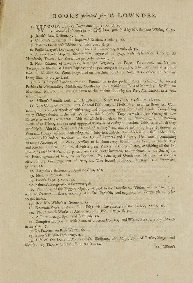 i. T T j O O D’s Body ofConvincing, 3 vols. 5I. 10s. W 2. Wood’s Inftitutes of' the Ciri! Law, publifhed by Mr. Serjeant Wilfon, il. 7?, 5. Jacob’s Law Dictionary, 2I. 2s. 4. Camden’s Britannia, ail improved Edition, 2 vols. 4I. 4s. 5. Miller’s Gardener’s Dictionary, with cuts, 3I. 3s. 6. Poillethwayte’s Dictionary of Trade and Commerce, 2 vols. 4I. 4s. 7. A two fheet Map of Statfordlhire, engraved in 1747, with alphabetical Lifts of the Hundreds, Towns, &c. the whole propeily coloured, 2s. 8. New Editions of Lowndes’s Marriage Regiiters, on Paper, Parchment, and Vellum. Twenty-five Sheets of Demy Paper contain 400 compleat Regiiters, which arc fold at 4s. and thofeon Medium 6s. Some are printed on Parchment, Demy Size, at is. others on Vellum, Demy Size, at 2s. per Leaf. 9. The Hillory of London, from the Foundation to the prefent Time, including the feveral Parifhes in Weftminlter, Middlefex, Southwark, ike. within the Bills of Mortality. By William Maitland, F. R.S. and brought down to the prefent Time by the Rev. Mr. Entick, in 2 vols. with cuts, 4I. 10. Milton’s Paradife Loth, with Dr. Newton’s Notes and Cuts, 2 vols, 4m. 2I. 10s. x x. The Complete Farmer: or a General Dictionary of Hulbandry, in all its R anches: Con¬ taining the various Methods of cultivating and improving every Species of Land. Comprizing every Thing valuable in the belt Writers on this Subject. Together with a great Variety of new Difcoveries and Improvements. Alfo the whole Bufmefs of Breeding, Managing, and Fattening Cattle of ah Kinds, and the molt approved Methods of curing the various Diieafes to which they are lubjed. Alfo Mr. WildmaVs Method of railing Bees, and of acquiring large Quantities of Wax and Honey, without deltroying thofe laborious Infects. To v. hich is now fiilt added, The Gardener’s Kalendar, calculated for the Ufe of Farmers and Country Gentlemen; containing an ample Account of the Work neceflary to be done every Month in the Year, in the Nurfery and Kitchen Gardens. Illuftrated with a great Variety of Copper-Plates, exhibiting all the In- ilruments ufed in Hulbandry, particularly thofe lately invented, and prefented to the Society for the Encouragement of Arts, &c. in London. By a Society of Gentlemen, Membeis ol the So¬ ciety for the Encouragement ol Arts, &c. The fecond Edition, enlarged and improved, price il. 5s. 12. Fergufon’s Alironomy,. Quarto, Cuts, iSs.. 13. Nelfon’s Feitivals, 5s. 14. Foote’s Plays, 3 vols. 18s. 1 r. Salmon’s Geographical Grammar, 6s. 16. The Songs of the Beggars Opera, adapted to the Harpficord, Violin, 01 Geiman Flute; with the Overture in Score, as compiled by Dr. Pepufch, and engraved on Copper-plates, pace is. 6d. fewed. 17. Rev. Mr. White’s 21 Sermons, 6s. 18. Dramatic Works of Aaron Hill, Efq; with Love Letters of the Author, 2 vols. 12s. jg. The Dramatic Works of Arthur Murphy, Efq; 3 vols, il. is. 20. A Tour through Spain and Portugal, . _ 21, Compleat Houfewife, with Plates of different Courfes, and Bills ot Fare for every Month in the Year, 5s. 22. Dr. Falconer on Bath Water, 6s.. 2 2. Bailey’s Engiilh Di&ionary, 6s. , 24. Life of the Duke of Marlborough, illuftrated with Maps, Plans of Batt.es, Sieges, and Medals. By. Thomas Lediard, Efq; 2vols.. 12s. , J Milton*