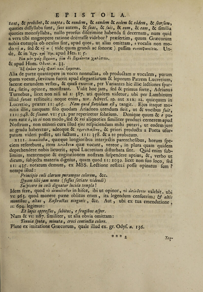 lant,, tc prohibet coapta-, & eundem^ & eandem 5c eodem & eddem^ & feorfum-i quoties diflyllaba funt, fuos autem, ^ fuas,^ ^fuis^ 8c eum^ & eam^ 6c fimilia quoties monofyllaba, nullo prorfus difcrimine habenda fi decernam, num quid a vera tibi magnopere ratione dcerrafie videbor ? prtefcrtim, quum Grjecorum nobis exempla ob oculos fint, apud quos» ut alias omittam, e vocalis non mo¬ do T? «, fed & Tij w ( vide quam grandi ac fonorse ) paffim (rvnK<^coHrr'xf. Un¬ de, & in’E^y. 'h^w. apud Hes. i: f. Vix juev yx^ fex (o^xovtx ^xKeTFrei, 6c apud Hom. x. 33- , ^fXicav ycc^ <px<r'i kxk,' sf^ifxsvxi. Alia de parte quantopere in voces nonnullas, ob produdam u vocalem, puram quam vocant, faev i tum fuerit apud elegantiarum & leporum Patrem Lucretium, laceras earundem veftes, & quafi exuvix, per Variantes hic illic lediones fpar- fx, fatis, opinor, monftrant. Vidit hoc jam, fed & primus forte, Adrianus Turnebus, licet non ni fi ad i: 587. uti quidem videtur,' ubi per Lambinum illud fuvat reftitu.it; neque enim, xiv. Adverf. ip. aut xix; 12. quicquam in Lucretio, prxter ii: 465*. Nam quod fluvidum eft, tangit. , Ejus itaque mo¬ nitis illis, tanquam filo quodam Ariadneo utendum fuit, ut & vocibus//<;V, 111: P48. Afluant, vi: f ^2. par reperiretur folatium. Denique quum & e pu¬ ram aute ;,in ei non modo,fed & rei aliquoties fimiliter produci cernerem apud Noftrum, non minori cura illud refpiciendum mihi putavi, ut eodem jure ac gradu haberetur, adeoque & ^ 6c priori produda a Poeta ufur- patum videri poflet, uti fadum, i r i: 3^8. & a te probatum. XIII. quxque longioribus interjedis parenihefibus, horum fpe- ciem referebant, item k^vv^erx qux vocant, vereor, in plura quam quidem deprehendere nobis licuerit, apud Lucretium difturbata fint. Quid enim fub- limius, mentemque 8c cogitationem noftram fufpendere aptius, &, verbo ut dicam, fubjeda materia dignius, quam quod 11; 1039, licet non fuo loco fed 11: 43f. notatum demum, ex MSS. Ledione reftitui pofie opinatus fum ? nempe illud : Principio cceli clarum purumque colorem, 6cc. ^iam tibi jam nemo {fejfusfatiate videndi) Sufpicere in coeli dignatur lucida templa ! Idem fere, quod ra xvxnQhii^Qv in hifce, ibi ut opinor, xo valebit, ubi vi: 963. quod monere pxne oblitus eram , ita legendum cenfuerim; ^ altis montibus, altas , Exflru6las ningueis , 6cc. Aut, ubi ex tua emendatione 11: 694. legimus: ’ Et lapis opprejfus, fubitus, e frugibus afper. Nam & vi: 1187. fimiliter, ut alia obvia omittam: tenuia [puta, minuta, croci continua colore. Plane cx imitatione Grxeorum, quale illud cx. gr. Odyf. a, 135. Z