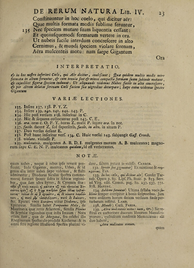 ConftitULintur in hoc coelo, qui dicitur aer: Qiiae multis formata modis fublime feruntur, 135 Nec fpeciem mutare fuam liquentia ceflant: Et quoiufquemodi formarum vertere in ora. Ut nubeis facile interdum concrefcere in alto Cernimus 3 & mundi fpeciem violare ferenam. Aera miilcenteis motu: nam faepe Gigantum f INTERPRETATIO. Ora in hoc nofiro inferiori Coelo, ^ui Air dicitur, coakfcunt ,* quidem multis modis tnire formata in altum feruntur, ^ cum tenuia fint Eminus compada formam fuam fubinde mutafit, ^ cujuslihet figura fpeciem induunt; XJt aliquando •videmus Nubes facile in alto concrefcere, ^ per Aerem delatas ferenam Coeli faciem fua nigredine deturpare; Sape enim videmus {pedes Gigantum. VARI^ LECTIONES. 135. Infere 137. 138. P. Y. Z. J34. Infere 139. 140. 141. 142. 143. P. 134. Hic poft verfum 138. inferitur in C. i3f. Hic & fequens collocantur poft 143. C. E. 13^. ora. oras c. O. P. Y. horas Z. malit P. legere ora. in not. 137. facile, facere Z. fed fuperfcrib./<«f//e. in alto, in altum P. 137. Duo verfus defunt E. 138. Poft hunc inferitur verf. 134. C, Huic verfui 143. fubjungit Gaff. Creech, 138. violare, violafle P. 139. mulcenteis. mulgentes A. B. D. I. mulgentes motum A. B. mulcentes; magno¬ rum fscpe C. E. N. P. mulcantes quidam eft verberantes. N O T ZE. quam nubes , neque e rebus ipfis revera pro¬ fluunt. Inde Gigantes, montes, Urbes, & id genus alia inter nubes faepe videmus , & ftulti admirantur ; Diodorus Siculus fpedlra comme¬ morat formari fponte folita in Africae regioni¬ bus , quae funt ultra Syrtes, & Cyrenen fitae: incci xecipsi Tici vlouefAica Sv- xj T lS'tus vacrccf • 'zirut ^e dj {2 r,§spi5^iv, d^ b‘£ x/vjjo-/!» yas-i , 9r«r£ -JzoTipsCyiifri, totc ie , &c. Epicuri voce S^s-i«V«5 utitur ipfe Epicureus. Similia habet Pomponius Mela, de Mauritania quae retro Atlantem, Similia Plinius de Scytlriae regionibus quae infra Imaum : Nota etiam funt , quae de Morgana, feu celebri illo Rheginorum fpeftaculo prodidit Kircherus: & in omni fere regione iltiufmodi Spedlra plurimi vi¬ dent, faltem putant le vidiflfe. Creech. 132. Sponte fua gignuntur^ Ex mixtione & «-t/y- xfsTlUi. F.^VB. 133. In hoc Casio, qui dicitur aer] Confer Tur- neb. opera p. 80. Lipf Ph. Stoic. p. 853. Serv. ad Virg. edit. Comm. pag. 80. 237. 537. 771. 878. Haverc. 134. Sublime fermttur) Ultima fyllaba vocisyi#- blime femper corripitur a bonis fcriptoribus. Jam vero ordinem horum decem verfuum fcede per¬ turbatum reftitui. Lamb. 138. Mundi) Cceli. Faber. 139. .Aera mulcenteis motu: nam, ^c.) Sicre¬ ftitui ex audoritate duorum librorum Manufcri- ptorum, quibufcum confentit Memmianus: alii duo habent, tAera mulcentes motum.