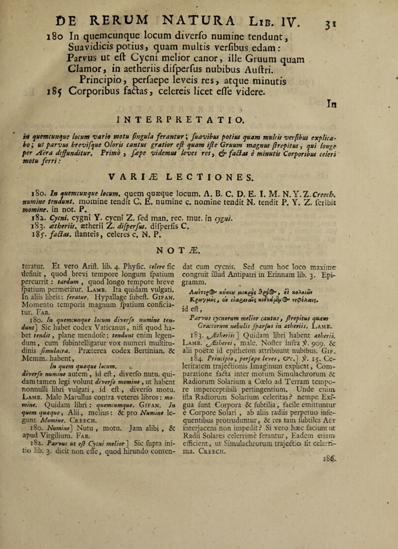 180 In quemcimque locum diverfo numine tendunt, Suavidicis potius, quam multis verfibus edam: Parvus ut eft Cycni melior canor, ille Gruum quam . Clamor, in aetheriis difperfus nubibus Auftri. Principio, perfaepe leveis res, atque minutis 185 Corporibus fadlas, celereis licet efle videre. In I INTERPRETATIO. ' in quemcunque locum vario motu (ingula ferantur; fuavibus potius quam multis verfibui explica¬ bo ; ut parvus brevifque Oloris cantus gratior efi quam ijie Gruum magnus (irepitus, qui longe per Aera diffunditur. Trimo , fape videmus leves res^ ^faSias e minutis Corporibus celeri' motu ferri: VARI^ LECTIONES. ' 180. In quemcunque locum, quem quxque locum. A, B. C. D. E. I. M. ,T..Creecb. numine tendunt, momine tendit C. E, numine c. nomine tendit N. tendit P. Y. Z. fcribit momine, in not. P, 182. Cycni, cygni Y. cycni Z. fed man. rec. inut. in cygni, 183. atheriis, aetherii Z. difperfus. difperfis C, ' *' ' 185'. falias, ftanteis, celeres c. N. P, ' N O T dat cum cycnis. Sed cum hoc loco maxime congruit illud Antipatri in Erinnam lib. 3. Epir gramm. KVKvn , «« itaXaiiit id eft, Paryus cycnerum melior cantus, flrepltus quam Graecorum nebulis fparfus in atheriis, LamB'» 183. ^theriis^ Quidam libri habent atherik Lamb. ^therei, male. Nofter infra f. 909. Sc alii poetae id epitheton attribuunt nubibus. Gif. 184. Principio, perfape leyes, ir. 15;. Ce¬ leritatem trajecftionis Imaginum explicat, Com¬ paratione facfta inter motum Simulachrorum tk Radiorum Solarium a Coelo ad Terram tempo¬ re imperceptibili pertingentium. Unde enim ifta Radiorum Solarium celeritas.^ nempe Exi¬ gua funt Corpora & fubtilia, facile emittuntur e Corpore Solari , ab aliis radiis perpetuo infe- quentibus protruduntur, & res tam fubtiles Aer interjacens non impedit ? Si vero haec faciunt ut Radii Solares celerrime ferantur, Eadem etiam- efficient, ut Siinulaclrroruin trajedlio Iit celerii- ma. Creech. s84* teratur. Et vero Arift. lib, 4. Phyfic. celere ftc definit, quod brevi tempore longum fpatium percurrit: tardum , quod longo tempore breve fpatium permetitur. Lamb. Ita quidam vulgati. In aliis libris: feratur. Hypallage fubeft. Gifan. Momento temporis magnum fpatium conficia¬ tur. Fab. 180. In quemcunque locum diverfo numine ten¬ dunt] Sic habet codex Vaticanus, nili quod ha¬ bet tendit, plane mendofe; tendunt enim legen¬ dum , cum fubintelligatur vox numeri multitu¬ dinis fimulacra. Praeterea codex Bertinian. & Memm. habent, In quem quaque locum. » diverfo numine autem , id eft, diverfo nutu, qui¬ dam tamen legi volunt diverfo momine, ut habent nonnulli libri vulgati, id eft , diverfo motu. Lamb. Male Marullus contra veteres libros: mo¬ mine. Quidam libri: quemcumque. Gifan. In quem quaque, Alii, melius 1 & pro le¬ gunt Momine. Creech. 180. Numine] Nutu , inotu. Jam alibi, & apud Virgilium. Fab. 182, Parvus ut efl Cycni melior] Sic fupra ini¬ tio lib. 3. dicit non cfle, quod hirundo conten-