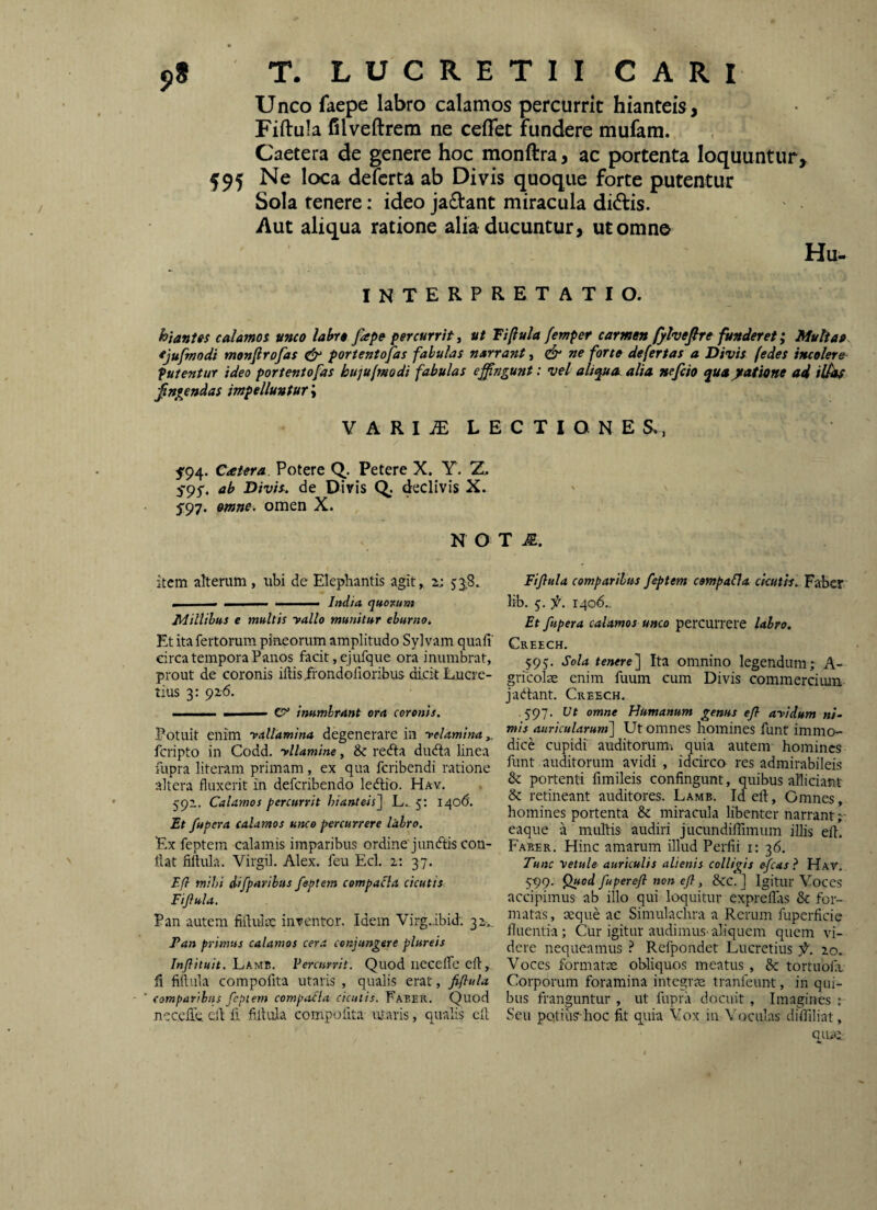 Unco faepe labro calamos percurrit hianteis, Fiftula filveftrem ne ceiTet fundere mufam. Caetera de genere hoc monftra > ac portenta loquuntur^ 595 Ne loca defcrta ab Divis quoque forte putentur Sola tenere: ideo ja£i:ant miracula diftis. ' Aut aliqua ratione alia ducuntur, ut omne Hu- interpretatio. hiantes calamoi unco labro fape percurrit^ ut Tiftula femper carmen fyhefire funderet; Multa» ejufmodt monfirofas ^ portentofas fabulas narrant, ne forte defertas a Divis (edes incolere Putentur ideo portentofas hujufmodi fabulas effindunt: vel ali^a alia nefcio qua jtatione ad il^df finxpndas impelluntur; VARI^LECTIONES., 5^94. Catera. Potere Q. Petere X. Y. X, fPf. ab Divis, de Divis Q. declivis X. 5'97. omne, omen X. N O T iE. item alterum , ubi de Elephantis agit, 2; 53,8. . . — I II—. ■ India (juoxum Millibus e multis yallo munitur eburno. Et ita fertorum pineorum amplitudo Syl vam quafi' circa tempora Panos facit, ejufque ora inumbrat, prout de coronis iltis,frondofioribus dicit Lucre¬ tius 3: 926. .. —■ - .1— e?* inumbrant ora coronis. Potuit enim yallamina degenerare in yelamina,. feripto in Codd. yllamine, & recfta diuita linea fupra literam primam, ex qua feribendi ratione altera fluxerit in deferibendo leftio. Hav. 592. Calamos percurrit hianteis^ L., 5: 1406'. Et fupera calamos unco percurrere labro. Ex feptem calamis imparibus ordine jundiis con¬ flat fiftula. Virgil. Alex, feu Ecl. 2: 37. Efl mihi difparibus feptem compacla cicutis Fiftula. Pan autem fiftultc inventor. Idem Virg.ibid. 32-.. Pan primus calamos cera conjungere plureis Inftituit. Lamb. Percurrit. Quod liecelTe cfl, fl fiflula compofita utaris , qualis erat, fiftula comparibus fcpiem compafla cicutis. Faber. Quod neceflu cfl fi flltula compofita ivtaris, qualis efl Fiftula comparibus feptem compafla cicutis. Faber hb. 5. ft. 1406.. Et fupera calamos unco percurrere labro. Creech. 595. Sola tenere] Ita omnino legendum; A- gricolae enim fuum cum Divis commercium jadant. Creech. .597. ut omne Humanum genus efl ay/dum ni¬ mis auricularum] Ut omnes homines funt immo¬ dice cupidi auditorum-i quia autem homines funt auditorum avidi , idcirco res admirabileis & portenti fimileis confingunt, quibus alliciant & retineant auditores. Lamb. Id efl, Omnes, homines portenta & miracula libenter narrant eaque a multis audiri jucundiflimum illis efl. Faber. Hinc amarum illud Perlii i: 36. Tunc yetule auriculis alienis colligis ^cas ? Hav. 599. <2«od fuperefl non efl, &:c. ] Igitur Voces accipimus ab illo qui loquitur expreflas & for¬ matas , seque ac Simulachra a Rerum fupcrficie fluentia; Cur igitur audimus-aliquem quem vi¬ dere nequeamus ^ Refpondct Lucretius 20. Voces formatae obliquos meatus , 8c tortuofv Corporum foramina integrte tranfeimt, in qui¬ bus franguntur , ut fupra docuit, Imagines : Seu potiusiioc fit q^uia Vox in Voculas difliliat.