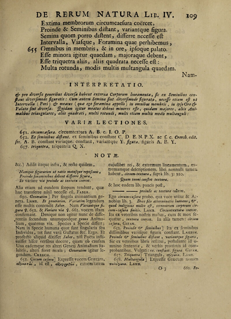 Extima membrorum circumcaefura coercet. Proinde &: Seminibus diftant, variantque figura. Semina quom porro diftent, differre necefle efl: Intervalla, Viafque, Foramina quae perhibemus , 5^^ Omnibus in membris, & in ore, ipfoque palato. Eflc minora igitur quaedam, majoraque debent, Efle triquetra aliis, aliis quadrata necefie efl: : Multa rotunda, modis multis multangula quaedam. Nam- INTERPRETATIO. pro diverfis generibus diverfa habent externa Corporum hneamenta, fic ex Seminibus con- fiant diver/Imode figuratis : Cum autem Semina fint diverjimode figurata^ necejje etiam efi ut Intervalla ( Pori) meatus (ego foramina appello ) in omnibus membris , in ipfo Ore (^r Palato fint diverfa. fluidam igitur meatus debent minores ejje., ejuidam majores ^ aliis Ani'- malibus triangulares^ aliis quadrati3 multi rotundi3 multi etiam multis modis multanguli: VARIiE LECTIONES. 65^1. eircumcdefura. circumtextara A. B. c. I. O. P. 65-2,. Et feminibus difiant. ex feminibus conftant C. D. E. N. P.X. ac f. c. Creech.edlt, fcc. A. B. conftant variaque. conltant, variantque Y. figura, figuris A. B. Y. 6^7. triquetra^ triquatria Q. X. ' N O 8:c.) Addit itaque infra, & redle quidem Jt^amque figurarum ut ratio motufque repofcunt t Proinde foraminibus debent differre figura, • Et variare yi<t proinde ac textura coercet. Alia etiam ad eundem fcopum tendunt, quae liuc transferre nihil necefle cft. Faber. bjo. Generatim] Per lingula animantium ge¬ nera. Lamb. Et generatim. yuriatim legendum eflfe multis contendit Faber. Nam Variantque fi. gura ii. 652. & yariare yia i/. 661. voccm iftam confirmant. Denique non agitur nunc de diffe- ^rentiis fecundum unumquodque genus Anima¬ lium, quatenus viz. Species a Specie differt; Nam in Specie humana quot funt lingularia leu Individua, tot funt varii Guftatus 8cc. Ergo. Et profedlo aliquid dixilTet Faber, nili Poeta infli- tuillet hifce verfibus docere, quam ob caufam Una eademque res alteri Generi Animalium Sa¬ lubris , alteri foret noxia ; Generatim igitur le¬ gendum. Creech. 651. Circum cefura'] Exprellit vocem Graecam, , id. efl , , extremitatem T ;e. cufuflibet rei, Sc extremum lineamentum, ex- tremamque delcriptionem. libri nonnulli tameiv habent, circum-textura y fupra lib. 3: 220. flitam tenni confiet textura, Sc hoc eodem lib. paucis pofl, ■' proinde ac textura coercet. Ego circum-cafura probo, qua voce utitur 8c Ar¬ nobius lib. 3. Deos filo atterminatis humano-y C?*‘, quod mdignius multo efi, terrenorum corporum cir¬ cum, cafura finitis. Lamb. Circumtextura coercet. Ita ex veteribus noftris malim, cum Sc mox fe- quatur , textura coercet, ill aliis tamen: circum exfura. Gifan. 652. Proinde Cr feminibus'] Ita ex feminibus diflimilibus variifque figuris conflant. Laweim. Proinde CT* feminibus difiant , yariantque figuris, Sic ex veteribus libris reftitui, poflulante id o- innino fententia , Sc verbis proximis id com¬ probantibus. Vulgati; ev. confiant, figura. Gitan. rijy. Triquetra] Triangula, Tilyovx. Eamb. 658. Multangula] Expreffit Grtecum nomen ‘xaXdyurx, Lamb. C>3 662. Et^