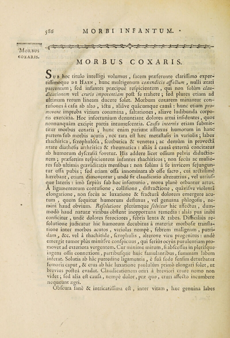 Morbus COXARIS. MORBUS COXARIS. Sub hoc titulo intelligi volumus , facem praeferente clariflimo exper- tillimoque de Haen , hunc multigenum coxendicis aff'eclum j nulli retati parcentem j fed infantes praecipue refpicientem , qui non folum clau¬ dicationem vel cruris impotentiam pofi: fe trahere j fed plures etiam ad ultimam rerum lineam ducere folet. Morbum coxarem minantur con- tuhonesacafu ab alto , i6tu , aliave quacumque causa : hunc etiam pro¬ movent improba virium conamina , faltationes , aliave ludibunda corpo¬ ris exercitia. Hoc infortunium denuntiant dolores artui infidentes , quos noiinunquam excipit partis intumefeentia. Caujis internis etiam fubmit- titur morbus coxaris j hunc enim pariunt affliixus humorum in hanc partem fub morbis acutis , nec rara eft hxc metaftafis in variolis •, labes rhachitica:, fcrophulofa , fcorbutica 8c venerea j ac demum in provecta state diathefis arthritica 8c rheumatica ; alias a causa externa concitatus ab humorum dyferafia fovetur. His addere licet offiiim pelvis diductio¬ nem ; prsfertim refpicientem infantes rhachiticos •, non fecus ac mulie¬ res fub ultimis graviditatis menfibus : non folum a fe invicem fejungun¬ tur olTa pubis ; fed etiam ofTa innominata ab olFe facro , cui arCtifime _ hsrebant, etiam dimoventur j unde fit claudicatio alterutrius , vel utriuf- que lateris : imb fspiiis fub hoc infortunio , motu plane orbantur artus. A ligamentorum contufone , collifione , diftraCtione , quavifve violenta elongatione , nbn fecus ac luxatione & fraCtura dolorem emergere acu¬ tum , quem fequitur humorum defluxus , vel genuina phlogofis , ne- • mini haud obvium. Refolutione plerumque folvitur hic afleClus , dum¬ modo haud naturae viribus obftent inopportuna remedia : alias pus inibi conficitur , unde dolores ferociores j febris lenta &c tabes. Difficilius re¬ folutione judicatur hic humorum decubitus a materis morbofs tranfla- tione inter morbos acutos , variolas nempe , febrem malignam , putri¬ dam ^ &c. vel a rhachitide , fcrophulis , alterove viru progenitus: unde emergit tumor plus miniifve confpicuus j qui ferius ocyiis purulentiam pro¬ movet ad exteriora vergentem. Cur minime mirum, fi abfcefliis in plerifque- ingens ollis connexioni, partibufque huic famulantibus, fummam labem inierat. Solutis ab hac putredine ligamentis j e fua fede fenfim deturbatur femoris caput j & crus ab hac luxatione paululiim primo elongari folet, ut brevius poftea evadat. Claudicationem oriri a breviori crure nemo non videt j fed alia eft caufa, nempe dolor, prs quo , cruri atfeblo incumbere nequeiint sgri. ObfcLira fane (3c intricaciffima efl: , inter vitam , hsc genuina labes