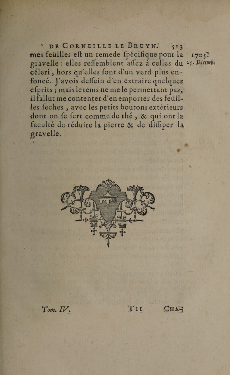 mes feüilles eft un remede fpécifique pour la gravelle : elles relfemblent allez à celles du céleri, hors qu’elles font d’un verd plus en¬ foncé. J’avois delfein d’en extraire quelques efprits mais le tems ne me le permettant pas,1 il fallut me contenter d’en emporter des feüil¬ les feches , avec les petits boutons extérieurs dont on fe fert comme de thé , de qui ont la faculté de réduire la pierre de de diffiper la gravelle. 170 5? j. Vécimh