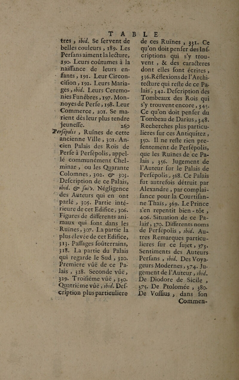 très , ibid. Se fervent de belles couleurs , 189. Les Perfans aiment la leélure, I90. Leurs coutumes à la naiffance de leurs en- • fants, 191. Leur Circon- cifion, 192. Leurs Maria¬ ges , ibid. Leurs Ceremo¬ nies Funèbres ,197. Mon- noyes de Perfe, 198. Leur Commerce, 201. Se ma¬ rient dès leur plus tendre jeuneffe. Z6p 2?erjepolis , Ruines de cette ancienne Ville , 301. An¬ cien Palais des Rois de Perfe à Perfépolis, appel- lé communément Chel- minar , ou les Quarante Colomnes, 302. e303. Defcription de ce Palais, ibid. & fuiy. Négligence des Auteurs qui en ont parlé , 305. Partie inté¬ rieure de cet Edifice, 306. Figures de differents ani- • maux qui font dans les Ruines, 307. La partie la • pluselevéede cet Edifice, 313. Paffages foûterrains, 318. La partie du Palais qui regarde le Sud , 320. Première vue de ce Pa¬ lais , 328. Seconde vue, 329. Troifiéme vue , 330. Quatrième vûë, ibid. Def¬ cription plus particulière de ces Ruines , 321. Ce qu’on doit penfer des Inf- criptions qui s’y trou¬ vent , & des caraéleres dont elles font écrites , 3 36.Réflexions de l’Archi- teéfure qui refie de ce Pa¬ lais >342. Defcription des Tombeaux des Rois qui s’y trouvent encore, 34^. Ce qu’on doit penfer du Tombeau de Darius ,348. Recherches plus particu¬ lières fur ces Antiquitez, 350. Il ne refie rien pre- lentement de Perfépolis, que les Ruines de ce Pa¬ lais , 356. Jugement de l’Auteur fur le Palais de Perfépolis, 368. Ce Palais fut autrefois détruit par Alexandre, par complai- fance pour la Courtifan- ne Thaïs, 369. Le Prince s’en repentit bien - tôt , 406. Situation de ce Pa¬ lais , 370. Differents noms de Perfépolis , ibid. Au¬ tres Remarques particu¬ lières fur ce fujet, 373. Sentiments des Auteurs Perfans , ibid. Des Voya¬ geurs Modernes, 374. Ju¬ gement de l’Auteuj, ibid. De Diodore de Sicile , 37^. De Ptolomée , 380. De Volfius , dans fon Commen-