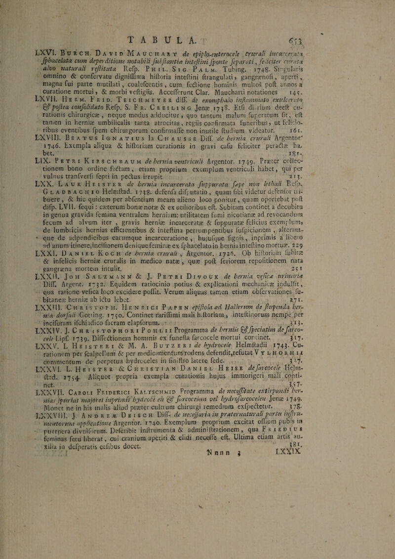 LXVI. Burch. DavidMauchajit de epiplo-cnterocele Crurali vzcarceraSa jpbacclata cum deperditione notabili fuhjicaztia mtijimi fpozzte fcparati, feliciter ntratii alvo naturali rejiituta Refp. P h i l. S i g. Palm. Tubing. 1748- Singularis omnino & confervatu dignilPima hiftoria inteftini ftrangulati > gangrienofi, aperti, magna fui parte mutilati, coalefccntis , cum fedione hominis multos poft annos a curatione mortui > & morbi veftigiis. Acceflerunt Clar. Maucharti notationes 144. LXVIi. He R M. F R 1 D. T E I c H M B Y E a dilT. dc exomphalo inflammato exulcerata ^ poflea coztfolidato KeCp. S. Fr. Creiling Jenac 17^8. Etfi diarium deelt cu¬ rationis chirurgicse , neque modus atlducitur, quo tantum malum fuperatum fit, eit tanien in hernia; umbilicalis tanta atrocitas, regiis confirmata funeribus» ut felicio¬ ribus eventibus fpem chirurgorum confirmafiTe non inutile Rudium videatur. 161. LXVlIl. Beatus Ignatius h ChauSvSE DilV. dc hernia crurali Argentor' 1746. Exempla aliqua & hiftcriam curationis in gravi cafu ieliciter perada; ha. bet. 18 r- LIX. Petri Kirschbaum de hernia ventriculi Argentor. 17.49. Praeter collec¬ tionem bono ordine fstRam, etiam proprium exemplum ventriculi habet, qui per vulnus tranfverfi fepei in pedus irrupit LXX. L A u R H F. I s T E R de hernia incarcerata fuppurata flepe non lethali Befp. Gladbachio Helmftad. 1748. defenfa difputatio, quam fibi videtur defenfor ui- buere, & hic quidem per abfentiam meam alieno loco ponitur, quam oportebat poil difp. LVIl. fequi: caTerum bona* notae & ex utilioribus eft. Subitam continet a decubitu in genua gravida femina ventralem herniam; utilitatem fumi nicotianae ad revocandum fecum ad alvum iter , gravis hernias incarceratae & fnppuratae felicius exemplum» de lumbricis hernias efficientibus & intellina perrumpentibus fufpicionem , alteram- * que de adpendicibus earumque incarceradone , hujufque fignis, inprimis a libero ad anum itincre,incifionem denique feminae ex fpbacelatoin hernia inteftinomortuT. 229 LXXl. i) a N I F. L Koch de hernia crurali^ Algentor. 1726. Ob hiRorium luhitie & infelicis herniie cruralis in medico natee, qute poft feriorem repofitionem nata gangrsena mortem intulit. 2> i LXXl 1. J o H S A L -z M /V N N & J. P H T R I D I V 0 U X de bertiia veflea urinaria Diffi Argent. 17^2. Equidem ratiocinio potius & explicationi mechanica; indulfit, qua ratione vefica loco excidere poflit. Verum aliquas tamen etiam obfervationes fu- bitaneae herniae ab idu lebet. 271. LXXni. C H R 1 s T p p H. H F. N R I c I P A P E N epiflola ad Halkrum de flupenda ber~ nia dorfaii Gotting. 1790. Continet fariflinii mali h.ftoriani » inteftinorum nempe per incifurarn ifchi.idico facram elapforum. LXXl V. J. Chr iSTOPHORiPoHLii Piogranitna de herniis ^fpeciatim de farco- cele Idpf. 17^9. DilTedionem hominis ex funefta farcocele mortui conunet. J17. LXXV L H E I s T E R I & M. A. B u t z e r i hydrocele Helmftadii 174J. Cu¬ rationem per fcalpeihim & per medicamentum rodens defendit,refutat V y l h o R h i j commentum de perpetua hydroceles in finiftro latete fede. ;i7. LXXVI. L. Heistf. R & CHRISTIAN Daniel Heise defajyocek Helra- ilnd. 1754. Aliquot propria exempla curationis hujus immorigeri mali cqpti- net. ... ' LXXVIi. Caroli Friberici Kaltschmib Frogramma de necejptate extirpandi her- nias 'ipurias majores inprirnu hydrote eh furcocelem vel hydrofarcocelen Jena; 1749. Morict ne in his malis aliud praeter cultrum chirurgi remedium exfpecftctur. nS- LXXVin. J. A N D R E JE D E I s c H UifT- de necejjaria in pr at ematur ali partu inflru. mentorum applicatione Argentor. 1740. Exemplum proprium excitat offium pubis in ■ puerpera divullorum. Delcribit inftrumenta & adminiftrationem , qua Fkiedius feminas fetu liberat, cui cranium apeuri & elidi neceffie eft. Ultima edam artis au¬ xilia in defperatis cafibus docet. • ; ^ nnn 2 LXXIX V.
