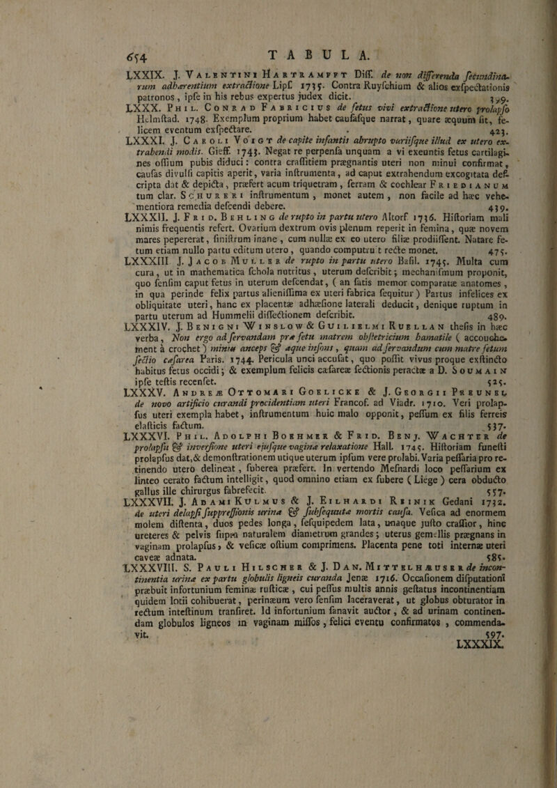 LXXIX. J. Valkntini Hartrampft Diff. de ncen diprenda fectiudjfnu rum adharentium extra^ione I7H' Contra Ruyfchium & alios cxfpedationis patronos , ipfe in his rebus expertus judex dicit. ^ LXXX. Phil, Conrad Fabricius de fetus vivi extraHione utero p-okpfo Hclmftad. 1748. Exemplum proprium habet caufafque narrat, quare xquum fit, fe¬ licem eventum exfpeftare. . ^2^. LXXXI. J. C A R o L I V o I G T r/e capite infantis abrupto vuriifque illud ex utero ex. trahendi modis. GiefF. 174J. Negat re perpenfa unquam a vi exeuntis fetus cartilagi¬ nes offium pubis diduci: contra craffitiem praegnantis uteri non minui confirmat, caufas divuKi capitis aperit, varia inftrunienta, ad caput extrahendum excogitata defi cripta dat & depirfla, praefert acum triquetram , ferram & cochlear Friedianum tum clar. S c h u r e r i inftrumentum , monet autem , non facile ad haec vehe- mentiora remedia defeendi debere. 439. LXXXII. J. F R I D. B E H L I N G r/e rupto in partu utero Altorf iqiS. Hiftoriam mali nimis frequentis refert. Ovarium dextrum ovis plenum reperit in femina, quae novem mares pepererat, finiftrum inane , cum nullae ex eo utero filiae prodiiffent. Natare fe¬ tum etiam nullo partu editum utero, quando computru t redle monet. 47^. LXXXIII J. J A c o B Mu n L H R de rupto in partu utero Bafil. 1745. Multa cum cura, ut in mathematica fchoJa nutritus, uterum deferibit; mechanifmum proponit, quo lenfim caput fetus in uterum defeendat, ( an fatis memor comparatre anatomes , in qua perinde felix partus alieniflima ex uteri fabrica fequitur ) Partus infelices ex obliquitate uteri, hanc ex placentae adhsefione laterali deducit, denique ruptum in partu uterum ad Hummelii difledionem deferibit. 439. LXXXIV. J. Benigni Winslow & Guilielmi Ruellan thefis in hiec verba, Non ergo adfervandam prafetu matrem ohjletricium hamatile ( accouche» ment a crochet) min/u anceps ^ aque infons , quam ad fervandum cum matre fetum fe^io cafarea Paris. 1744. Pericula unci accufat, quo poflit vivus proque exftindo habitus fetus occidi; & exemplum felicis cafareae fedionis peractat aD. Soumain ipfe teftis recenfet. 52^. LXXXV. Anure^ Ottomari Goelicke & J. Georgii Preunei, de novo artificio curandi procidentiam uteri Vs^nco^. Viadr. 1710. Veri prolap- fus uteri exempla habet, inftrumentum huic malo opponit, pefTum ex filis ferreis elafticis fadura, .S37* LXXXVI. Phic. AdolphiBohhmer&Frid. Benj. Wachter de prolapfu ^ inverfione uteri ejufque vagina relaxatione Hali. 174?. Hiftoriam funefti prolapfus dat,& demonftrationem utique uterum ipfum vere prolabi. Varia peflariapro re¬ tinendo utero delineat, fuberea praefert. In vertendo Mefnardi loco peftarium ex linteo cerato ftdtum intelligic, quod omnino etiam ex fubere ( Liege ) cera obdufto gallus ille chirurgus fabrefecit. 557. LXXXVII. J. A B A MI Ku L M u s & J. Eilhardi Rbinik Gedani 17? 2. de uteri delapfi fupprefiibnis urina ^ fubfequuta mortis caufa, Vefica ad enormem molem diftenta, duos pedes longa, fefquipedem lata, unaque jufto craflior, hinc ureteres & pelvis fiipw naturalem diametrum grandes; uterus gemellis praegnans in vaginam prolapfus y & veficae oftium comprimens. Placenta pene toti internae uteri caveae adnata. 58?« XXXXVIII. S. Pauli Hilscher &J. Dan, Mittelmauser^e incon¬ tinentia urina ex partu globulis ligneis curanda Jenae 171(5. Occafionem difputatiom praebuit infortunium feminae rufticae, cui peflus multis annis geftatus incontinentiam quidem lotii cohibuerat, perinaeura vero fenfim laceraverat, ut globus obturator in reftum inteftinum tranfiret. Id infortunium fanavit audtor, & ad urinam continen¬ dam globulos ligneos m vaginam miiTos, felici eventu confirmatos , commenda¬ vit. S97* LXXXIX.