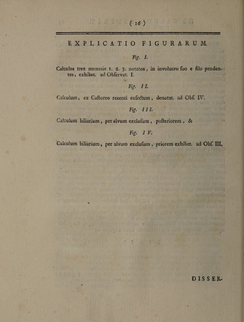 EXPLICATIO FIGURARUM. Fig. L Calculos tres numeris i. 2. 3. notatos, in involucro fuo c filo penden¬ tes , exhibet, ad Obfervat. 1. \ Fig. 11. Calculum, ex Caftoreo recenti exfedum, denotat, ad Obf. IV. \ Fig. IIL ' Cakulum biliarium, per alvum exclufura , pofteriorem , &: Fig. 1 V. Calculum biliarium, per alvum exclufum , priorem exhibet, ad Obf. III, % D IS S ER.