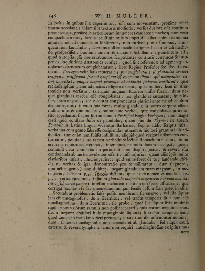 iii locis , in, quibus illx reperiimtur, ofla cum moveantur, proxime ad fe mutuo accedant, fi jam fint texturae mollioris , verfus duriora ofla continuo premerentur,,preflkque articulorum innumeros cauParent morbosj cum vero compadiores fint, fortius refiftunt oflium impetui: alias enim oeconomia animalis ne ad momentum fublilleret, non turbata-, iiifi fummus, nun¬ quam non laudaindus , Divinus noftrae machinae opifex hac in re tali methc- do profpexiflet j omnium autem & maxime Achilleum argumentum eft , quod Autopfia ipfa hos errabundos fcriptitantes contrarii convincat & infu- per ex inquifitione Anatomica confiet, quod fint referendae ad agmen glan¬ dularum carnearum conglobatarum j licet Regius Profeflbr &c. &c. Lova- nienfis Verheyen velit fatis temerarie ,* per conglobatas ; fi glandulas cerebri excipitu, potijjimum fecerni lympham ^ humorem illum, qui naturaliter cu- tim hume^at, quique majori propulfus abundantia fudorem consiituit'. quae recitaife ipfum plane ad incitas redigere debent, quia nullus, licet in Ana¬ tomicis non verfatus, tale ,quld unquam ftatuere aufus fuerit, dum ne¬ que glandulas cerebri efle conglobatas, nec glandulas cutaneas, huic in- lervientes negotio ,• fed e contra conglomeratas plurimi ante me ad oculum demonfirarint j fi enim hoc foret, multae glandulae in nofiro corpore eflent nullius ufus & emolumenti, omnes uno verbo, quae conglobatae jure me¬ rito appellantur ficque fta tuo famofo Pro/^ri Regio Verheyen, non magis certi quid confiare hifce de glandulis, quam fuo de Thymo i ne autem Fortajfis in Latina lingua videretur Barbarus, faepias addit fcriptis fuis, ^ verba lua cura grano falis efle recipienda j utinam & hic loci granum falis ad- didiflTet: tum enim non fuiflet infulfum, aliquid quod veritati e diametro con- trariatur, pofailfe ,* ne tamen verbofitate ledkori fioraachum faciam , hunc errorem remitto ad eoeteros , inter quos primum locum occupat, quem commifit circa connexionem pericardii cum diaphragmate, & revera ifia condonanda ab me benevolenter eflent, nifi injuria , quam aliis ipfo multo clarioribus infert, illud impediret: quid enim foret de te, laudande li i ni veritas & ipfa demonfiratio pro te militarent , dum ( ignoro , quo adus genio ) non dubitet, negare glandulam tuam magnam , in me- ienterio , ladeam k«t’ didam , quae ex te nomen & natales acce¬ pit : verba ejus huic , inieram glandula major in mefenterio humano non da¬ tur y fed varice parva : intetim meliorem mentem ipfi fpero affuturam , qua corrigat haec tam falla, quemadmodum jam fecifle ipfum fatis patet in aliis. . Secundum problematis falfe politi membrum fic enervo , vel ifie liquor jam efi mucaginofus, dum fecernitur, vel tradu temporis fit : non elfe mucilaginofum , dum fecernitur , fic probo , quod ille liquor ifiis minimis capillaribus vaforum ramulis non poilit feparari j quia eorum exiguitas tran- fitum negaret craffiori huic mucagiiiofo liquori j fi tradu temporis fiat ,' quod tamen in fiatu fano fieri pernego , quare tum illo inftruuntur nomine, dum ; fi fieret mucilaginofus non dependeret ab glandulis *, fed aliqua caufa externa & revera lympham hanc non requiri niucilaginofam ex ipfius mu¬ nere /