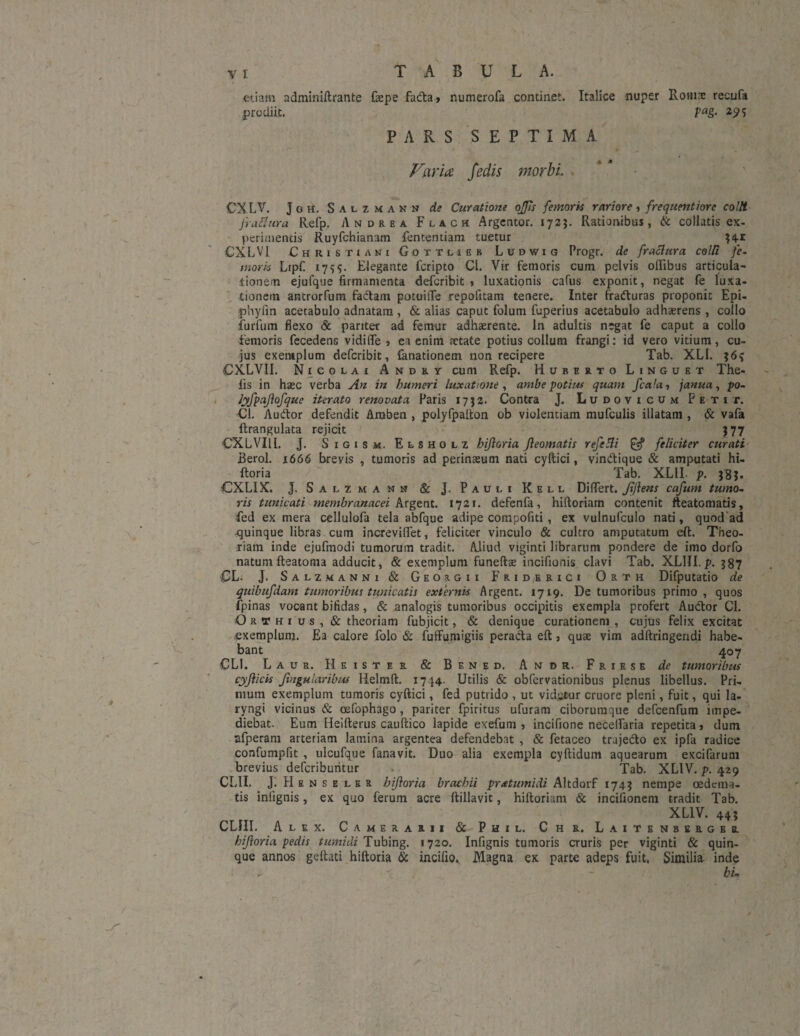 yr TABULA. etiam adminiftrante fepe fada, numerofa continet. Italice nuper Roma: recufa prodiit. Va&- PARS SEPTIMA Far ia fedis morbi. CXLV. Joh. Salzmann de Curatione ojjis femork rariore, frequentiorc colit fraflura Refp. Andre a Flach Argcntor. 1723. Rationibus, & collatis ex¬ perimentis Ruyfchianam fententiam tuetur H1 CXLV1 Christiani Gottlieb Ludwig Progr. de fraclura colli fe¬ moris Lrpf. 17??. Elegante fcripto Ci. Vir femoris cum pelvis oflibus articula¬ tionem ejufque firmamenta defcribit 1 luxationis cafus exponit, negat fe luxa¬ tionem antrorfum factam potuifTe repofitam tenere. Inter fracturas proponit Epi- phyfin acetabulo adnatam , & alias caput folum fuperius acetabulo adhaerens , collo furfum flexo & pariter ad femur adhaerente. In adultis negat fe caput a collo femoris fecedens vidiffe 3 ea enim aetate potius collum frangi: id vero vitium, cu¬ jus exemplum defcribit, fenationem non recipere Tab. XLI. $6? CX-LVII. Nicolai Andky cum Refp. Huberto Linguet The- lis in haec verba An in humeri luxatione , ambe potius quam fca!a, janua, po- lyfpajlofque iterato renovata Paris 1732. Contra J. Ludovicum Petit. ■Cl. Audor defendit Amben , polyfpalton ob violentiam mufculis illatam , & vafa ftrangulata rejicit 3 77 CXLVI1I. J. Sigism. Elsholz biforia fteomatis refeHi feliciter curati Berol. 1666 brevis , tumoris ad perinaeum nati cyftici, vindique & amputati hi- ftoria Tab. XLII- p. 383. CXLIX. J. Salzmann & J. Pauli Kell Differt. Jtjlens cafum tumo¬ ris tunicati membranacei Argent. 1721. defenfa, hiftoriam contenit fteatomatis, fed ex mera cellulofa tela abfque adipe compofiti, ex vulnufculo nati, quod ad quinque libras cum increviflTet, feliciter vinculo & cultro amputatum eft. Theo¬ riam inde ejufmodi tumorum tradit. Aliud viginti librarum pondere de imo dorfo natum fteatoma adducit, & exemplum funeftse incifionis clavi Tab. XL1II. p. 387 CL. J. Salzmanni& Georgii Friderici Orth Difputatio de quibufdam tumoribus tunicatis externis Argent. 1719. De tumoribus primo, quos fpinas vocant bifidas, & analogis tumoribus occipitis exempla profert Audor Cl. Orthius, & theoriam fubjicit, & denique curationem , cujus felix excitat exemplum. Ea calore folo & fuffumigiis perada eft, quae vim adftringeridi habe¬ bant 407 CLI. Laur. Heister & Bened. Andr. Friese de tumoribus cyjiicis Jingu lar ibus Helmft. 1744. Utilis & obfervationibus plenus libellus. Pri¬ mum exemplum tumoris cyftici, fed putrido , ut videtur cruore pleni, fuit, qui la¬ ryngi vicinus & oefophago, pariter fpiritus ufuram ciborumque defcenfum impe¬ diebat. Eum Heifterus cauftico lapide exefum s inciflone necelfaria repetitas dum afperam arteriam lamina argentea defendebat , & fetaceo trajedo ex ipfa radice confumpfit , ulcufque fanavit. Duo alia exempla cyftidum aquearum excifarum brevius deferiburitur * Tab. XL1V. p. 429 CUI. RFIenseler biforia brachii protumidi A ltdorf 174; nempe oedema¬ tis inlignis, ex quo ferum acre ftillavit, hiftoriam & incifionem tradit Tab. XL1V. 44; CL1II. Alex. Camerarii & Phil. Chr. Laitenberger. biforia pedis tumuli Tubing. 1720. Infignis tumoris cruris per viginti & quin¬ que annos geftati hiftoria & incifio. Magna ex parte adeps fuit. Similia, inde hu