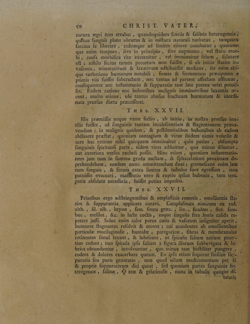 natura aegri non errabat , quandoquidem fcoriis & falibus heterogenels quibus fanguis plane obrutus & in miftura naturali turbatus , taiiquam: farcina fe liberare , eademque ad limites ejicere conabatur ,* quocum¬ que enim tempore, live in principio , five augmento , vel ftatu mor¬ bi , caufa morbifica rite excernitur , vei imminuitur folum , falutare effc ; nihilo fecius tamen peccatum non fuiffet , fi ab initio ftatim in- vafionis , minorativum & laxativum adhibuiflet medicus , ita enim abf- que turbatione humorum notabili , fomes & fermentum praecipuum e primis viis fuiffet fubtradium , nec tantus ad partem affedtam alfluxus , confequenter nec inflammatio & fuppuratio tam late patens oriri potuif- fet. Eadem ratione nec bubonibus malignis imminentibus laxantia ne¬ cent, multo minus, ubi tantus abufus frudluum horaeorum & inordi¬ nata prorfus dixta prxccfferak X h e s. XXVIL His prxmiffis neque venae fedlio , ab initio, in' noftro prorfus inu-' tilis fuiflet, ad /anguinis tantam incalefcentiam & ftagnationem praeca¬ vendam : in malignis quidem , & peftilentialibus bubonibus ab eadem abftinere prxftat, quoniam contagium & virus ibidem nimis volatile & acre hac ratione nihil quicquam imminuitur , quin potius , abfumpta fanguinis fpirituofi parte, eidem vires adduntur , quo minus diluatur, aut exteriora verfus excludi pofiit. Hinc etiam , quoniam inflammatio¬ nem jam tum in fummo gradu audiam , & fphacelationi proximam de¬ prehendebam , eandem nunc ommittendum duxi; grumefcens enim jam tum fanguis , & ferum extra limites & tubulos fuos egreffum , non potuilfet evacuari, maturatio vero & ruptio ipfius bubonis , tum tem¬ poris abfolute necefTaria, fuilfet potius impedita. The s- XXVIL . ; Prioribus ergo adfiringentibus & emplafticis remotis , emollientia fta¬ tim & fuppurantia applicare curavi. Cataplafmata nimirum ex rad. alth. , lil. alb. , bryon , fem. foeuu grxc. , lin. , ficubus , flor, fam- buc , melilot, &c. in ladte codlis , eaque fingulis fere .horis calida re¬ petere jufti. Solus enim calor porps cutis & vaforum infigniter aperit, humores ftagnantes refolvit & movet ; cui accedentes ab emollientibus particulae mucilaginofx , humidx , paregoricae , fibras & membranulas retinentes fimul laxant, & lubricant, ut fpiculis falium acrium prom- tius cedant; imo fpicula ipfa falium a figura illarum fublaevigata & lu¬ brica obtunduntur , involvuntur, quominus tam hoftiliter pungere , rodere & dolores exacerbare queant. Eo ipfo etiam fequitur facilius fup¬ puratio feu puris generatio , non quod ullum medicamentum per fe & proprie fuppurativum dici queat , fed quoniam partes fanguinis he- terogenex, falinx, ^ rex & gelatinofx , nunc in tubulis quoque di¬ latatis