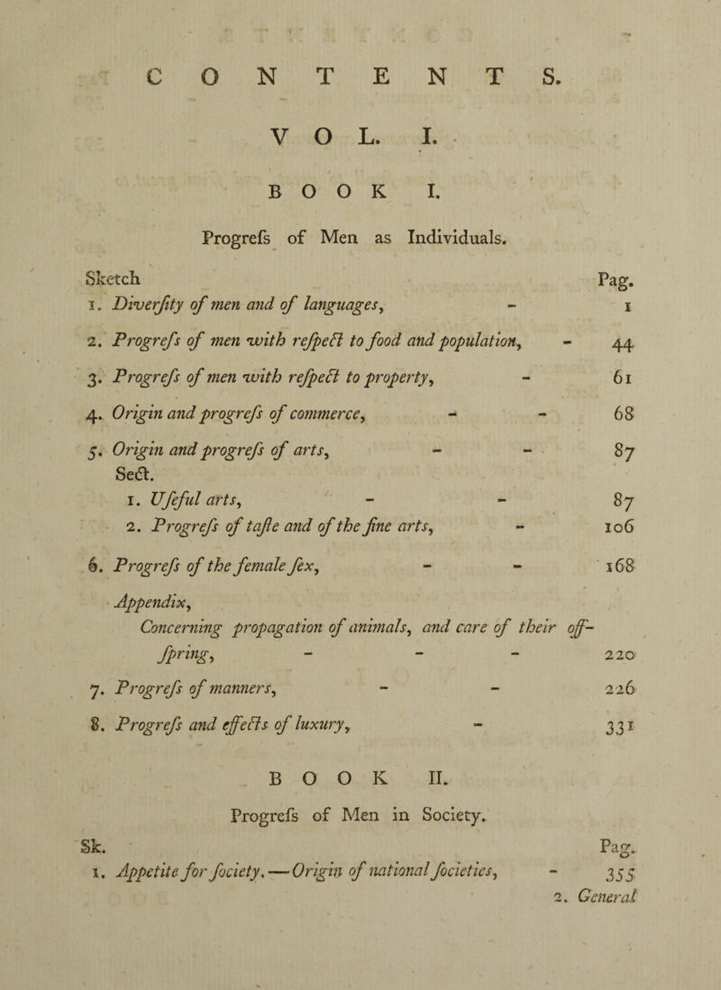 VOL. I. ‘ , / T * BOOK I. Progrefs of Men as Individuals. Sketch Pag. 1. Diverfity of men and of languages, - i 2. Progrefs of men 'with refpehl to food and population^ - 44 3. Progrefs of men'with refpeCt to property y - 61 4. Origin and progrefs of commerce, - - 68 5. Origin and progrefs of arts, - - 87 Se<5t. 1. Ufeful arts, - 87 2. Progrefs of tafe and of the fine arts, - 106 6. Progrefs of the female fex, - - 168 Appendix, Concerning propagation of animals, <?/’ their off- fpring, - - - 220 7. Progrefs of manners, - - 2 26 8. Progrefs and effects of luxury,, - 331 BOOK IL Progrefs of Men in Society. Sk. Pag. 1, Appetite for fociety, — Origin of national focieties, - 333’, 2. General