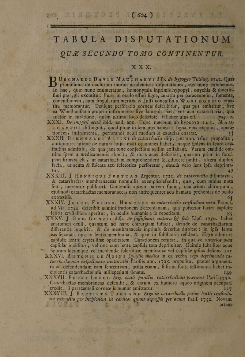 TABULA DISPUTATIONUM OUJE SECUNDO TOMO CONTINENTUR. XXX. BUrchardi David Ma uc h a r t i difp. de bypopyo Tubing. 1741. Quas promifimus de oculorum morbis academicas difputationes, eas nunc exhibemus. In hac , quae nunc enumeratur, homonymia inprimis hypopyi, onychis & divertit fimi pterygii excutitur. Puris in oculo effufi ligna, curatio per paracentelin , fomenta, concuflionem , cum lingularum meritis, & Julii concuffio aWooLHOusio repe¬ tita memorantur. Denique perforatio corneae defcribitur, qua pus emittitur, five ea Wooihoufiano proprio inftrumento five lanceola fiat, aut acu cataradtaria, qua auctor in curatione, quam ultimo loco defcribit, feliciter ufus eft. pag. r. XXXI. De empyefi oculi ibid. eod. ann. Hunc morbum ab hypopyo ili.. M a u- chartus diltinguit, quod pone iridem pus habeat : figna ejus exponit, opera* tionem, inltrumenta, perforandi oculi modum & cautelas enarrat. XXXiI Bernhardi Albini de catarrbacia difp. jam ann. 1695 propofita , antiquiores utique de natura hujus mali opiniones habet > neque fcdem in lente cry^ ltallina admittit, de qua jam tunc conjedurte paflim exftabant. Verum candide om¬ nino fpem a medicamentis abjicit» & duas acus defcribit, quarum prior in forci¬ pem firmata eft > ut catarrhacftam comprehendere educere pollit , altera duplex facta , ut acuta & fulcata acu fclerotica perforetur , obtufa vero lens ipfa deprima¬ tur. 47 XXXIII. J. Hf. nricus Freytag Argentor. 1721. de catarrbacia difputavit, & catarrhatftas membranaceas nonnullis exemplisdefendit, qua;, cum minus nota fint , merentur publicari. Contendit autem patrem fuum , ocularium chirurgum , ejufnrodi catarrhaiftas membranaceas non infrequenter acu hamata prehenfas de oculo extraxilfe. 65 XXXIV. J o A c H. F R 1 D f. R. Henckel de catarrbacia cryjiallma vera Francf. ad Via. 1744. defcribit adminiftrationem Ferrenianam, qua pofterior lacies capfulce lentis cryftallinte aperitur, in oculis humanis a fe repetitam. 8$ XXXV. J. G 0 d. Gunzu difp. de frejfujionis, natura & fede Lipf. 175:0. habet anatomen oculi, quantum ad hanc chirurgiam fufticit, deinde de catarrhatftaruni differentia inquirit, & de membranaceis inprimis feverius dubitat : in ipfa lente eas feparat, qua; in lentis membrana, & qua; in fubftantia refident. /Egre admittit capfula; lentis cryftallinte opacitatem. Curationem refutat, in qua vel anterior pars capfula; incidicur, vel una cum lente capfula tota deprimitur. Deinde fubtiliter acus figuram loeumque vel incidenda; fclerotica; membrana; vel capfulce ipfius definit. 105 XXXVI. Antonii l e AI o i n g Qyajiio medica in ea verba ergo deprimenda ca¬ tarrbacia non exfpeCianda maturatio Parifiis ann. 1728. propofita, pra;ter argumen¬ ta ad defendendam eam fententiam, utilia etiam, fi firmafunt, teftimonia habet in¬ cipientis catarrhatftae ufu millepedum fanatae. 149 XX XVII. Petri Lehoc Ergo oculi p unci io catarrbatlam pracavet Parif. 1740. Catarrha&as membraneas defendit, & earum ex humore aqueo originem occupari credit, fi paracentefi cornea; is humor emittatur. 157 XX XV IIT. J. Baptists Thurand Ergo in catarrhaBa potior lentis cryflalli- na extraciio per incijionem in cornea quam deprejjio per acum Parif 1752. Novam r T . . L 71 artem