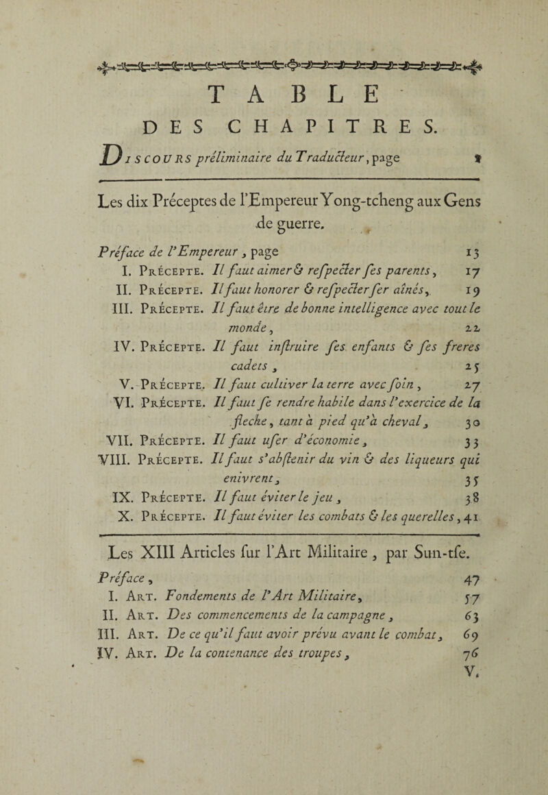 DES CHAPITRES. D* S COU RS préliminaire duTraducleur , page t Les dix Préceptes de rEmpereurYong-tclieng aux Gens de guerre. Préface de VEmpereur , page 13 I. Précepte. Il faut aimer & refpecler fes parents, 17 II. Précepte. Ilfaut honorer & refpeclerfer aînés, 19 III. Précepte. Il faut être de bonne intelligence avec tout le monde, 22 IV. Précepte. Il faut inflruire fes enfants & fes freres cadets 3 25 V. Précepte. Il faut cultiver la terre avec foin , 27 VI. Précepte. Il faut fe rendre habile dans Vexercice de la flecke, tanta pied qu’a cheval 30 VII. Précepte. Il faut ufer d’économie 3 33 VIII. Précepte. Il faut s’abjlenir du vin ô des liqueurs qui enivrent 33 IX. Précepte. Il faut éviter le jeu 3 38 X. Précepte. Il faut éviter les combats & les querelles ,41 Les XIII Articles fur l’Art Militaire , par Sun-tfe. Préface, 47 I. Art. Fondements de ! Art Militaire, 37 II. Art. Des commencements de la campagne 3 63 III. Art. De ce qu’il faut avoir prévu avant le combat 6 9 IV. Art. De la contenance des troupes, 7G V,