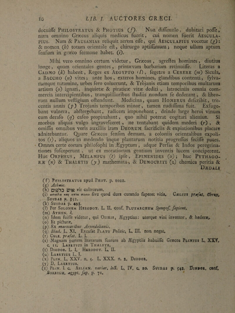 docuilfe Philostratus & Photius (/). Non diffimulo, dubitari polfe* num omnino Graecus aliquis medicus fuerit, cui nomen fuerit Aescula¬ pius. Nam & Pausanias reliquit aerem eife, qui Aesculapius vocetur C^): & nomen (jj) totum orientale e.ifc, chirurgo aptillimum i neque ullum aptum, fenfum in grteco fermone habet, (i). Mihi vero omnino certum videtur, Graecos , agrefles homines, diutius longe, quam orientales gentes , primaevam barbariam retinuifle. Literas a Cadmo (k) habent. Reges ex Aegypto <D, fegetes a Cerere (ni) Sicula» a Baccho (n) vitesj ante hos, exteros homines, glandibus contenti, fylva- rumque tutamine, urbes fero coluerunt, & Trojanis etiam temporibus multarum artium (o) ignari, inquietae & piraticae vitae dediti , latrociniis omnia com¬ mercia intercipientibus, tranquillioribus ftudiis nondum fe dederant, & libro¬ rum nullum veftigium offendunt. Medicina, quam Homerus deferibit, tre¬ centis annis (p) Trojanis temporibus minor, tamen rudiflima fuit. Exfuge- bant vulnera, abflergebant, radicem imponebant, deinde large heroi vinum cum derafo (q) cafeo propinabant, quo nihil poterat cogitari alienius. Si morbus aliquis vulgo ingravefeeret , ne tentabant quidem mederi (r) , 8c omidis omnibus veris auxiliis iram Deorum facrificiis & expiationibus placare adnitebantur. Quare Grxcos fenlim demum, a coloniis orientalibus expoli¬ tos (s), aliquos in medendo inque plantarum notitia progreffus feciffe putes. Omnes certe eorum philofophi in /Egyptum , adque Perfas & Indos peregrina¬ tiones fufeeperunt , ut ex inoratiorum gentium inventis lucem conciperent. Huc Orpheus , Melampus (t) ipfe, Epimenides (n) i huc Pythago- RiE (x) & Thaletis (y) mathemata-, & DemocRiti (5) chemica peritia & DiEDALI (f) Philostratus Phot. p. 1022. (g) Acboic. (h) vir cultrorum. (i) yxtx nomv five quod dura curando fuperet vitia* Celius pr*f*tt Qbv*it> SuiDAS p. 552. (k) Sui das p. 49 j. (l) Per Solonem Hsrodot. L. II. conf. Plutarchum Sytnpof. fapient, (m) Athen. £ (n) Idem fuiiTe videtur, qui Osiris, JEgyptius: uterque vini inventor, & hederae» (o) Et pi&urar. (p) Ex marmoribus Arundelianis. (q) Ili ad. L. XI, Excufat Plato Politicy L. III. non negat. (r) Culj. pr.tfat. L. I. (s) Magnam partem literarum fuarum ab iEgyptiis habuiffe Graecos Plinius L, XXV* C. 11; Lasrtius in Thalf.te. (t) Diodor. L I, Hsrodot. L, II. (u) Laertius L. I, (x) Plin. L. XXV. n. L. XXX. n. 2, Diodor. (y) D. Laertius. (z) Plin. 1. c. Aelian. varior, /«& L, IV, c, 20. SuIDAS p. Di<J»OR, cenf, JSoRRtGH, *gypt. fap. p. 71,