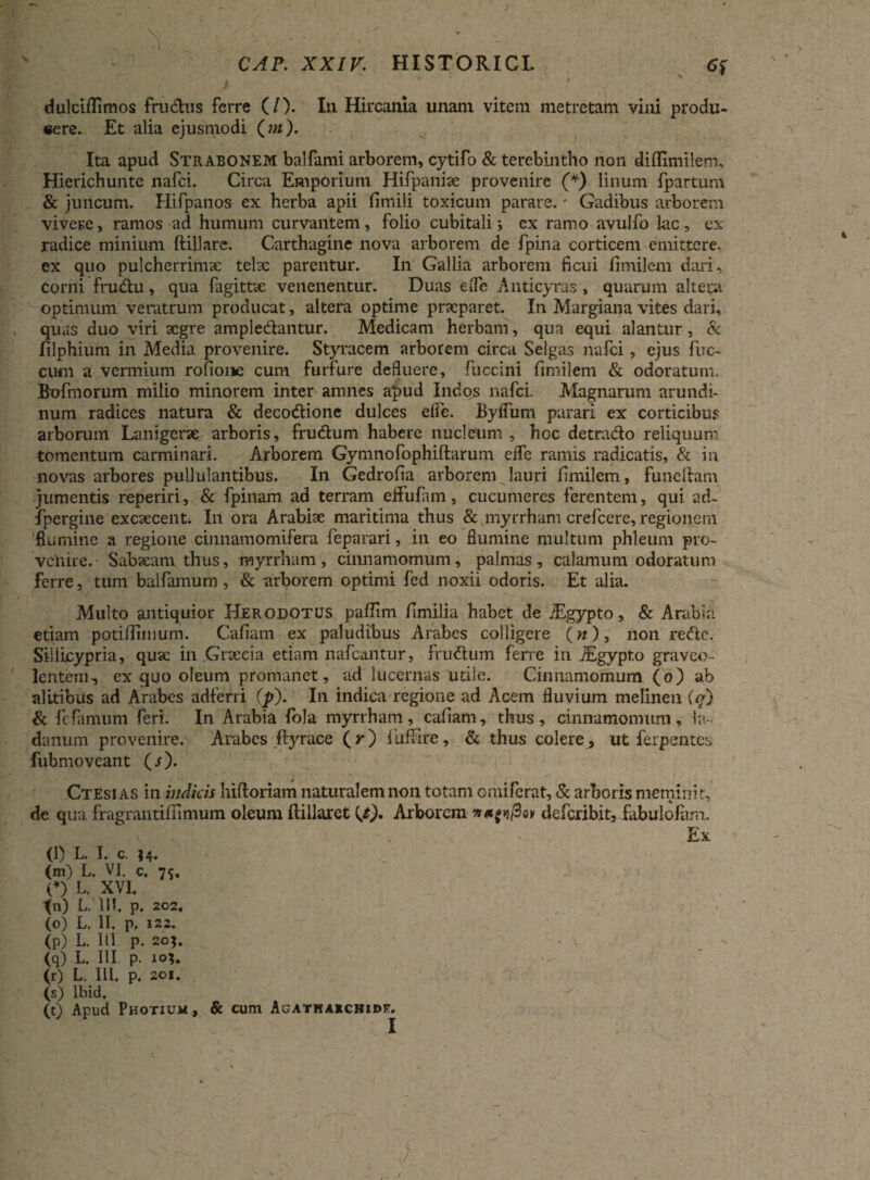 ) CAP. XXIV. HISTORICI. 6{ - dulciflimos fruclus ferre (/). In Hircania unam vitem metretam vini produ- eere. Et alia ejusmodi (?«). Ita apud Strabonem balfami arborem, cytifo & terebintho non diflimilem, Hierichunte nafci. Circa Emporium Hifpaniae provenire (*) linum fpartum & juncum. Plifpanos ex herba apii fimili toxicum parare.' Gadibus arborem vivere, ramos ad humum curvantem, folio cubitali; ex ramo avulfo lac, ex radice minium ftillarc. Carthagine nova arborem de fpina corticem emittere, ex quo pulcherrima: telae parentur. In Gallia arborem ficui fimilem dari, corni frudu, qua fagittae venenentur. Duas ede Anticyras , quarum altera optimum veratrum producat, altera optime praeparet. In Margiana vites dari, quas duo viri aegre ampledantur. Medicam herbam, qua equi alantur, & lilphium in Media provenire. Styracem arborem circa Selgas nafci, ejus fuc- cum a vermium rofione cum furfure defluere, fuccini fimilem & odoratum. Bofmorum milio minorem inter amnes apud Indos nafci. Magnarum arundi¬ num radices natura & decodione dulces efie. Byflum parari ex corticibus arborum Lanigerae arboris, frudum habere nucleum , hoc detrado reliquum, tomentum carminari. Arborem Gymnofophiftarum elfe ramis radicatis, & in novas arbores pullulantibus. In Gedrofia arborem lauri fimilem, funcftam jumentis reperiri, & fpinam ad terram elfufiim, cucumeres ferentem, qui ad- fpergine excaecent. In ora Arabiae maritima thus & myrrham crefcere, regionem 'flumine a regione cinnamomifera feparari, in eo flumine multum phleum pro¬ venire. Sabaeam thus, myrrham, cinnamomum, palmas, calamum odoratum ferre, tum balfamum , & arborem optimi fed noxii odoris. Et alia. Multo antiquior Herodotus paflim fimilia habet de JEgypto, & Arabia etiam potifiimum. Cafiam ex paludibus Arabes colligere («), non rede. Sillicypria, quae in Graecia etiam nafcantur, frudum ferre in iEgypto graveo¬ lentem, ex quo oleum promanet, ad lucernas utile. Cinnamomum (o) ab alitibus ad Arabes adferri (p). In indica regione ad Acem fluvium melinen (q) & fcfarnum feri. In Arabia fola myrrham, cafiam, thus, cinnamomum, la¬ danum provenire. Arabes ftyrace (r) fuffire, & thus colere , ut ferpentes fubmoveant (/). Ctesias in indkts hiftoriam naturalem non totam omiferat, & arboris meminit, de qua fragrantilnmum oleum ftillaret {t), Arborem ov deferibit, fabulofam. Ex (l) L. I. c. ?4. (m) L. VI. c. 7$, C) L. XVI. (ll) L. 111. p. 202, (o) L. II. p. 122. (p) L. Ili p. 205. (q) L. III p. 10?. (r) L. IU. p. 201. (s) lbid. (t) Apud Photium, & cum Agatharchidp. J