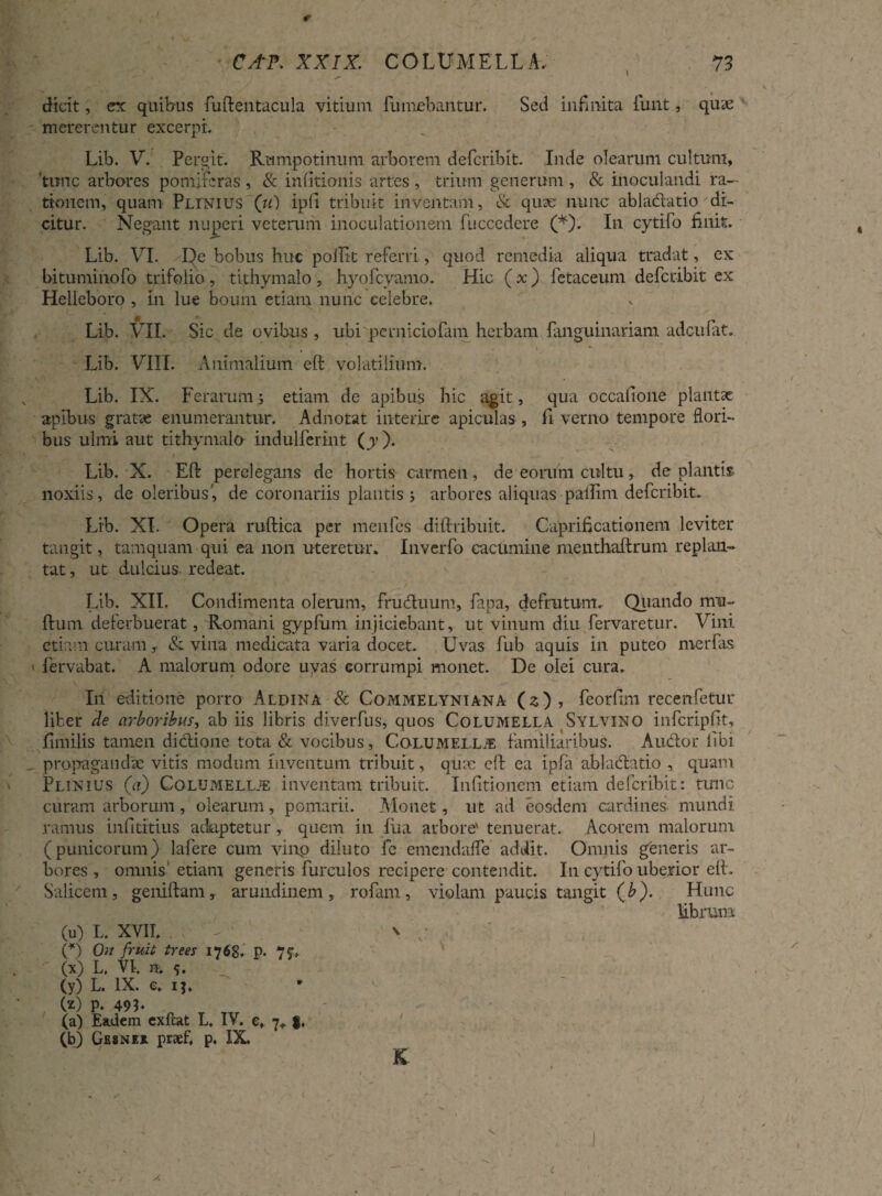 —' . « •** dicit, ex quibus fuftentacula vitium futuebantur. Sed infinita funt, quie mererentur excerpi. Lib. V. Pergit. Rumpotinum arborem defcribit. Inde olearum cultum, 'tunc arbores pomiferas , & infitionis artes , triitm generum , & inoculandi ra¬ tionem, quam Plinius (u) ipfi tribuit inventam, & quae nunc abladatio di¬ citur. Negant nuperi veterum inoculationem fuccedere (*). In cytifo finit. Lib. VI. De bobus huc pollit referri, quod remedia aliqua tradat, ex bituminofo trifolio, tithymalo , hyofcyamo. Hic (x) fetaceum defcribit ex Helleboro , in lue boum etiam nunc celebre. Lib. VII. Sic de ovibus , ubi pcrniciofam herbam fanguinariam adcufat. Lib. VIII. Animalium eft volatilium. Lib. IX. Ferarum5 etiam de apibus hic agit, qua occafione plantae apibus gratae enumerantur. Adnotat interire apiculas , fi verno tempore flori¬ bus ulmi aut tithymalo indulferint (y). 1 Lib. X. Eft perelegans de hortis carmen, de eorum cultu, de plantis noxiis, de oleribus', de coronariis plantis ; arbores aliquas pallim defcribit. Lib. XI. Opera ruftica per menfes diftribuit. Caprificationem leviter tangit, tamquam qui ea non uteretur. Inverfo cacumine menthaftrum replan¬ tat , ut dulcius redeat. Lib. XII. Condimenta olerum, fruftuum, fipa, defrutum. Quando mu- ftum deferbuerat, Romani gypfum injiciebant, ut vinum diu fervaretur. Vini etiam curam y & vina medicata varia docet. Uvas fub aquis in puteo merfas fervabat. A malorum odore uvas corrumpi monet. De olei cura. Ili editione porro Aldina & Commelyniana (z) , feorfim recenfetur liber de arboribus, ab iis libris diverfus, quos Columella Sylvino infcripfit, Hmilis tamen didione tota & vocibus, Columella familiaribus. Audor libi propagandae vitis modum inventum tribuit, qtix eft ea ipfa abladatio , quam Plinius (a) Columellje inventam tribuit. Infitionem etiam defcribit: tunc curam arborum , olearum, pomarii. Monet, ut ad eosdem cardines numdi ramus infititius adaptetur, quem in fua arbore' tenuerat. Acorem malorum (punicorum) lafere cum vinp diluto fe emendalfe addit. Omnis generis ar¬ bores, omnis etiam genens furculos recipere contendit. I11 cytifo uberior eft. Salicem, geniftam, arundinem, rofam, violam paucis tangit (b). Hunc librum (u) L. XVII. > n y (*) On fruit trees 1768« P- 7?» (x) L. VI, n. 5. (y) L. IX. e. ij. (2) p. 49 b n T TTr (a) Eadem exlcat L, IV. e, 7* (b) Gesnei. praefi p. IX.