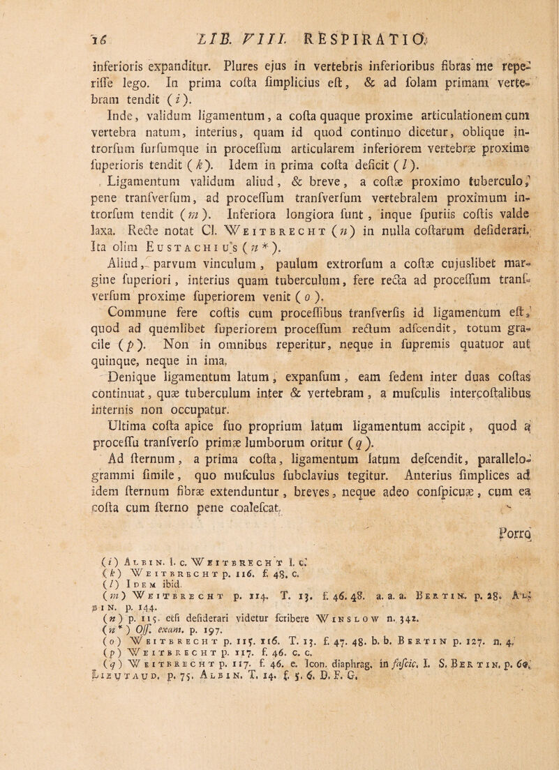 inferioris expanditor. Plores ejos in vertebris inferioribus fibras me repe- riffe lego. In prima cofta fimplicius eft, & ad folam primam verte- bram tendit (i). Inde, validum ligamentum, a cofta quaque proxime articulationem cum vertebra natum, interius, quam id quod continuo dicetur, oblique in- trorfum furfumque in proceffuoi articularem inferiorem vertebrae proxime fuperioris tendit (/£). Idem in prima cofta deficit (/). Ligamentum validum aliud, & breve, a coftae proximo tuberculo £ pene tranfverfum, ad proceflum tranfverfum vertebralem proximum in- trorfum tendit (m ). Inferiora longiora finit , inque fpuriis coftis valde laxa. Rede notat Cl. Weitbrecht (») in nulla coftarqm deiideran. Ita olirn Eustachi u) ( n * ). Aliud,rparvum vinculum, paulum extrorfum a coftse cuiuslibet mar¬ gine fuperiori, interius quam tuberculum, fere reda ad procefllim tranR yerfum proxime fuperiorem venit ( o ). Commune fere coftis cum proceffibus tranfverfis id ligamentum eft* quod ad quemlibet fuperiorem proceflum redurn adfcendit, totum gra¬ cile (py Non in omnibus reperitur, neque in fupremis quatuor aut quinque, neque in ima? Denique ligamentum latum, expanfum , eam fedem inter duas coftas continuat, quae tuberculum inter & vertebram, a mufculis intercoftalibus internis non occupatur. Ultima cofta apice fuo proprium latum ligamentum accipit, quod aj proceffu tranfverfo primae lumborum oritur (#). Adfternum, a prima cofta, ligamentum latum defcendit, parallelo- grammi fimile, quo mufculus fubclavius tegitur. Anterius fimplices ad idem fternum fibrae extenduntur , breves, neque adeo confpicuae, cum m cofta cum fterno pene coalefcat Porro * —J ( i ) A L R I N. 1. C. W E I T B R E C H T L Ci (k) Weitbrecht p. 116, f. 48. c. (/ ) Idem ibici. (w) Weitbrecht p. 114. T. 13. £ 46. 48. a. a. a. Beati n.. p. A iX p I N. p. I44. («) p. ny etfi defiderari videtur fcribere Winslow n. 342. <V*) OJJl exam. p. 197. ( 0 ) 'Weitbrecht p. ig. 116. T. 13. £ 47. 48. b. b. B e r t i n p. 127. a 4* (|?) Weitbrecht p. 117. £ 46. c. c. (A WKiTBiiECHTp. 117. £ 46. e. Icon, diaphrag, in fafcic, I. S, Be r t i n. p. C$i UzyTAUD, p, 75, A l p 1 n. T, 14. f. & J), F. Q,