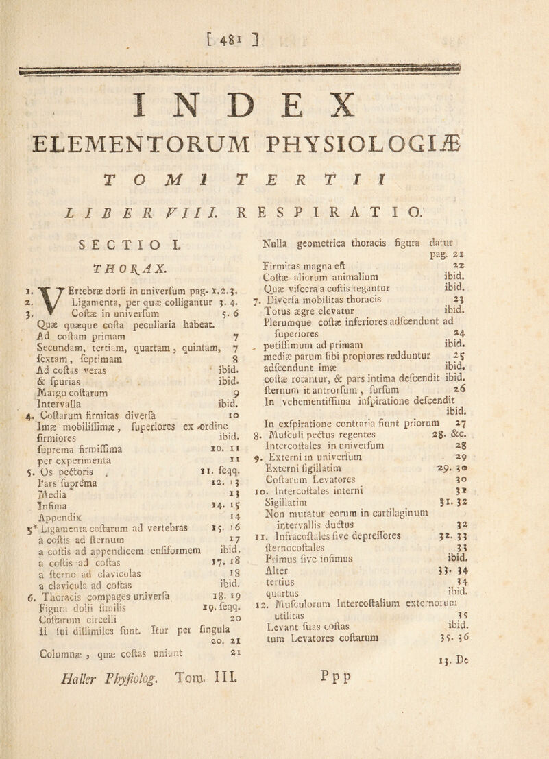INDEX ELEMENTORUM PHYSIOLOGIA TOMI TERTII LIBER VIII. RESPIRATIO. SECTIO I. THORAX. 1. 7 Ertebree dorfi in univerfum pag-1,2.5. 2. %/ Ligamenta, per quae colligantur 5.4. 5. ▼ Cottae in univerfum 5. 6 Quae quaeque colla peculiaria habeat. Ad collam primam 7 Secundam, tertiam, quartam, quintam, 7 fex tam, feptimam 8 Ad coftas veras * ibid. & fpurias ibid. Margo collarum 9 Intervalla ibid. . Collarum firmitas diverfa 10 Imae mobiliffimae, fuperiores ex -ordine firmiores ibid. fuprema firmittima IO. II per experimenta 11 . Os pedoris . 11. feqq. Pars fuprema 12. * 3 Aledia 1? Infima 14. 15 Appendix 14 * Ligamenta collarum ad vertebras x$- to a collis ad fternum *7 a coitis ad appendicem enhformem ibid. a collis ad coftas 17. it> a fterno ad claviculas 18 a clavicula ad coftas ibid. i. Thoracis compages univerfa 18. *9 Figura dolii fimilis 29. feqq. Collarum cireelli 20 li fui dilfimiles funt. Itur per fmgula 20. 21 Columnae 3 quae collas uniunt 21 Ha Der Fhyfiolog. Tom. III. Nulla geometrica thoracis figura datur pag. 21 Firmitas magna eft Cottae aliorum animalium ibid. Qua: vifcera a coitis tegantur ibid, 7. Diverfa mobilitas thoracis 2% Totus aegre elevatur ibid. Herum que coftae inferiores adfcendunt ad fuperiores „ petiffimum ad primam ibid. mediae parum fibi propiores redduntur 2$ adfcendunt imae Ibid. cottae rotantur, & pars intima defcendit ibid, fternum it antrorfum , furfum 26 ln vehementiflima infpiratione defcendit ibid. In exfpiratione contraria fiunt priorum 27 8. IVlufculi pedtus regentes 28- &c. Intercottales in univerfum 28 9. Externi in univerfum 29 Externi figillatiin 29.5® Collarum Levatores 50 10. Intercottales interni 5* Sigillatim 31* 32 Non mutatur eorum in cartilaginum intervallis duettus %2 ix. Infracoftalesfive depreffores 32. 33 fternocoftales 3 \ Primus five infimus ibid. Alter 14 tertius < 54 quartus ibid. 12. JYlufculorum Intercoftalium externoium utilitas H Levant fuas coftas ibid. tum Levatores collarum 35* 36 pPP 13. De