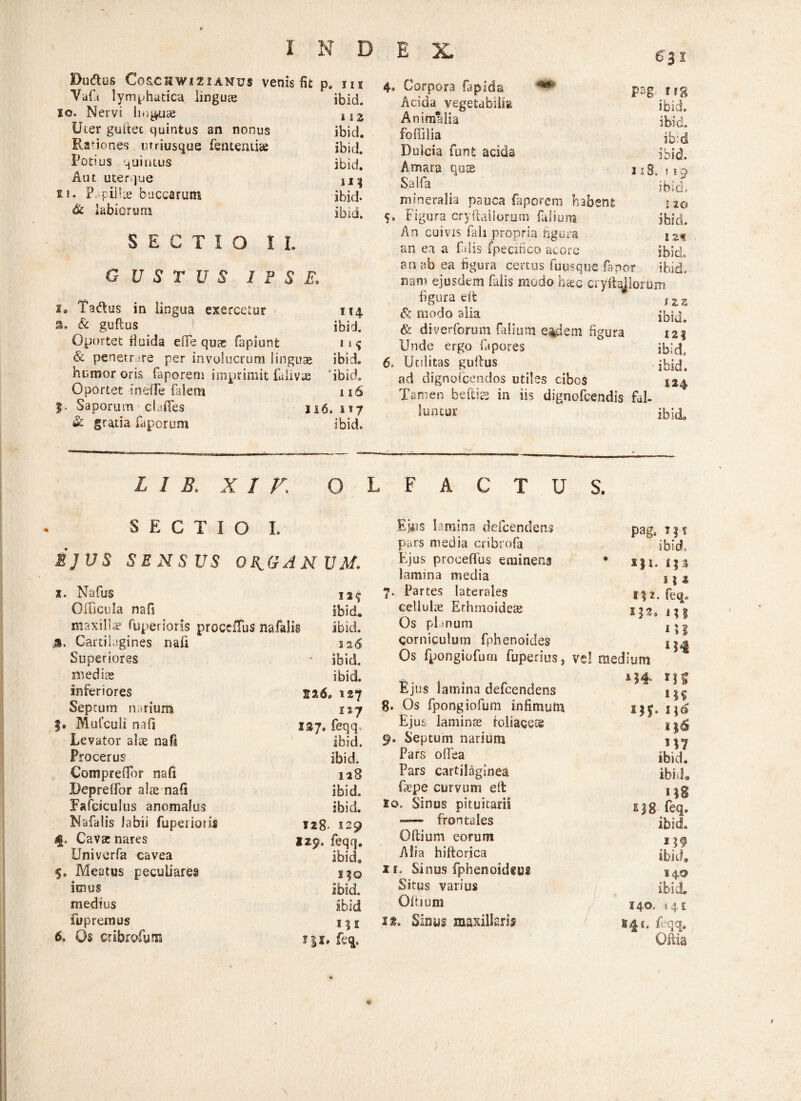 Budtus Coschwizianus venis fit p. m Vaf.t lymphatica linguas ibid. io. Nervi Imbute i52 Uter gultec quintus an nonus ibid. Rationes tmiusque fentemfe ibid. Potius quintus ibid. Aut uterque ji^ i*. P cillas buccarum ibid. & labiorum ibid. SECTIO II. GUSTUS 1 F S E, i* Ta&us in lingua exercetur 114 a. & guflus ibid. Oportet fluida ede quae fapiunt 1 s $ & penetr *re per involucrum linguae ibid. humor oris faporeni imprimit faiivae ibid. Oportet inefle faiem 116 Saporum clafTes 116. 117 & gratia faporum ibid. 6'ai Corpora fapida '**• pag ng Acida vegetabilia Animalia ibid. foffilia ib:d Dulcia funt acida ibid. Amara quae 11 B. 119 Salfa ibid, mineralia pauca faporem habent l ZQ Figura cryftailorum filium ibid. An cuivis fali propria figura I2f an ea a fdis fpecifico acore ibid. an ab ea figura certus fuusque fanor ibid. nam ejusdem falis modo htec cryftallorum figura eft i zz & modo alia ibid. & diverfonnn falium e^dem figura 121 Unde ergo fapores ibid, Unlitas guflus ibid. ad dignofcendos utiles cibos 124 Tamen beftis in iis dignofcendis fal- luntur ibiX L I B. XIV. OLFACTUS. SECTIO I. EJUS SE N S US OKU an um. s. Nafus OiTicula nafi ibid. snaxilis fuperioris procdTus nafalis ibid. ,s. Cartilagines nafi 126 Superiores ibid. medias ibid. inferiores sa 6, 127 Septum narium 1*7 §. Mutculi nafi 137. feqq. Levator alas nafi ibid. Procerus ibid. Compreffor nafi 128 liepreffor alte nafi ibid. Fafeicuius anomalus ibid. Nafalis labii fupeiioiis 128. 129 4. Cavas nares I29. feqq. Univerfa cavea ibid. f. Meatus peculiares 130 imus ibid. medius ibid fupremus i) 1 6. Os cribrofum feq. Ejiis lamina defcendens pars media cribiofa Ejus proceflus eminens lamina media 7. Partes laterales cellulas Erhmoideas Os plmum corniculum fphenoides Os fpongiofurn fuperius, Ejus lamina defcendens 8. Os fpongiofurn infimum Ejus laminae foliaceae 9. Septum narium Pars olfea Pars cartilaginea fiepe curvum eft 10. Sinus pituitarii - frontales Oftium eorum Alia hiftorica 11. Sinus fphenoideui Situs varius Olhum itu Sinus maxillaria pag. jjt ibid, * i|l. 15 3 s 11 l)z. feq. 152» i; | n? ve! medium M4 r! i» 11? Uf* * i)6 m ibid. ibid* M8 e38 feq, ibid, ibid, 140 ibid. 140. 14 E S$£. f-qq. Oftia )