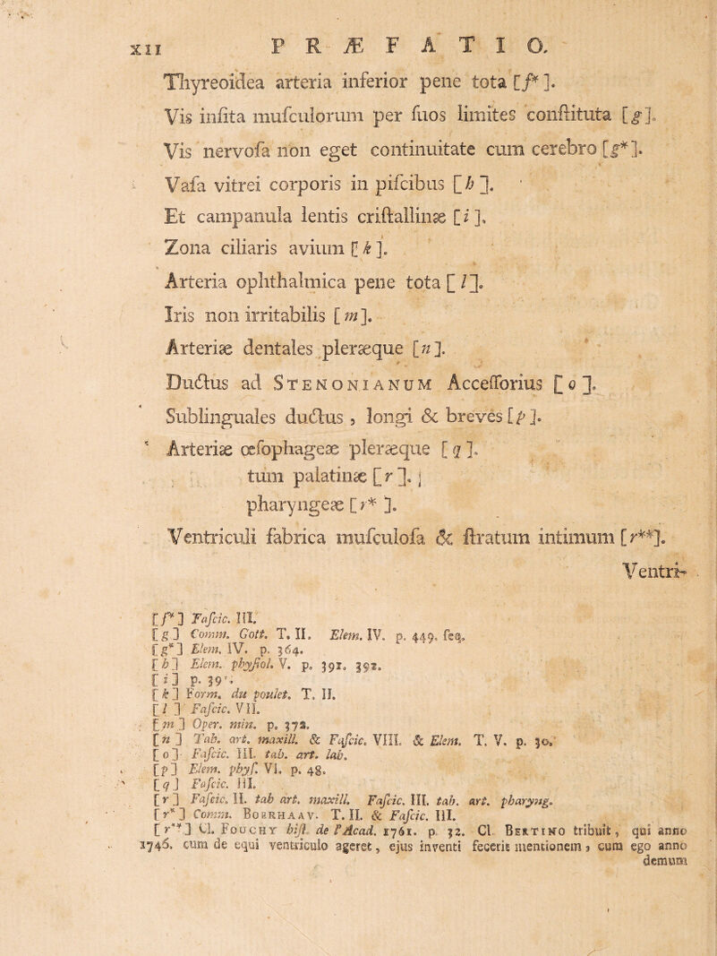 PRAEFATIO. TIiyreoMea arteria inferior pene tota [/^ ]. Vis infita mufcuiorum per fuos limites 'conflituta [^]. Vis nervofa non eget continuitate cura cerebro [f*]. i Vafa vitrei corporis in pifcibus [/^J. Et campanula lentis criftallin^ CH’ Zona ciliaris aviura 0 Arteria ophthalmica pene tota [ Iris non irritabilis [w]. Arteriae dentales .pleraeque [«]. Dudlus ad Stenonianum Accefforius Co Sublinguales dudlus , longi Sc breves [ ^ J. '■ Arteriae oefophageae pleraeque [ g ]. tum palatinae [ r 1 pharyngeae [r* ]. Ventriculi fabrica mufculofa dc ftratum intimum [ r**]. Ventri^ iri HI. [5 3 Comm. Gott, T. IL Ekrn.V^, p. 449* fef, Elem, IV. p. 164. [i?3 FJem. phyjRoLN, p/591, 591, U1 V‘ 19’''^ [ ^ 3 ¥orm, du poulet, T. If. [./ y Fafcic. VIL ;• E;»2,] Oper, min. pe %’j%. [ w ] TaK^ QYt. maxill & Fa^cie, VIII. & Ekm. T. V, p. 50. [o3- Fafdc, HL tab. art. lab^ . [p] FJem. fbyf. VL p, 4g, '[4J Fafck. liL ' [r 3 Fafeic^ li. tab art. maxill, Fafcic. IIL tab. art. [r^] Contra. Bobrhaav. T. IL & Fafcic. lil. CL Fouchy bifl, de EAcad. 1761. p„ |2. Cl Bertiro tribuit, qui auso 1746. cum de equi ventncub ageret, ejus inventi fecerit mentionem 3 cum ego anno demum »