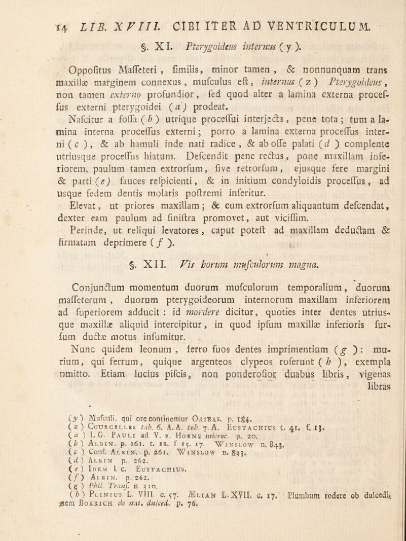 §. XI. Pterygoidem intermts ( y ). Oppofitus Maffeteri , fimilis, minor tamen , & nonnunquam trans maxillae marginem connexus, mufciilus eft, internm ( z ) Pterygoideus , non tamen externo profundior, fed quod alter a lamina externa procef- fus externi pterygoidei (a) prodeat. Nafcitur a folTa ( ^ ) utrique proceflui interjeda, pene tota; tum a la¬ mina interna proceffus externi; porro a lamina externa proceffus inter¬ ni ( c ), Sc ab hamuli inde nati radice , & ab oOTe palati (d ') complente utriusque proceffus hiatum. Defcendit pene reclus, pone maxillam infe¬ riorem, paulum tamen extrorfum, fivc retrorfom, ejusque fere margini 6c parti fauces refpicienti, & in inicium condyloidis proceffus, ad usque fedem dentis molaris poftremi inferitur. Elevat, ut priores maxillam; & cum extrorfum aliquantum defeendat, dexter eam paulum ad finiftra promovet, aut viciffim. Perinde, ut reliqui levatores, caput poteft ad maxillam dedudam & firmatam deprimere ( / ). . s §. XI1. Fis horum mufculorum magna. Conjundum momentum duorum mufculorum temporalium, duorum maffeterum , duorum pterygoideorum internorum maxillam inferiorem ad fuperiorem adducit : id mordere dicitur, quoties inter dentes utrius¬ que maxillae aliquid intercipitur, in quod ipfum maxillee inferioris fur- fum ductae motus infumitur. Nunc quidem leonum, ferro fuos dentes imprimentium (*? )• rium, qui ferrum, quique argenteos clypeos roferunt (/? ), exempla omitto. Etiam lucius pifeis, non ponderqfior duabus libris, vigenas libras •« (5?) Mufculi, qui ore continentur Oribas. p. 1^4. (s) CoURCSLLts tab. 6, A. A. 7. A. Eustachius t, 41, £ I|. (a ) L G. Pauli ad V. v. Horne tnicroe. p. 20. ib) Albin, p. 261. t. la. f. IS- 17- WiNSLOw n. 845. ( e ) ConF. Albin. p. 261. Winslow n. $41. {d ) Albi n p. 262. (e) Idem 1, c, Eustachius. (/ ) Albin. p. 262. (g ) Pbii Tranf. n (A) Plinius L. VUl c. ^7. JElian L.XVIL c. 17. Plumbufti rodere ob dulcedii Borrigh de ?tai. duked^ p. 76,