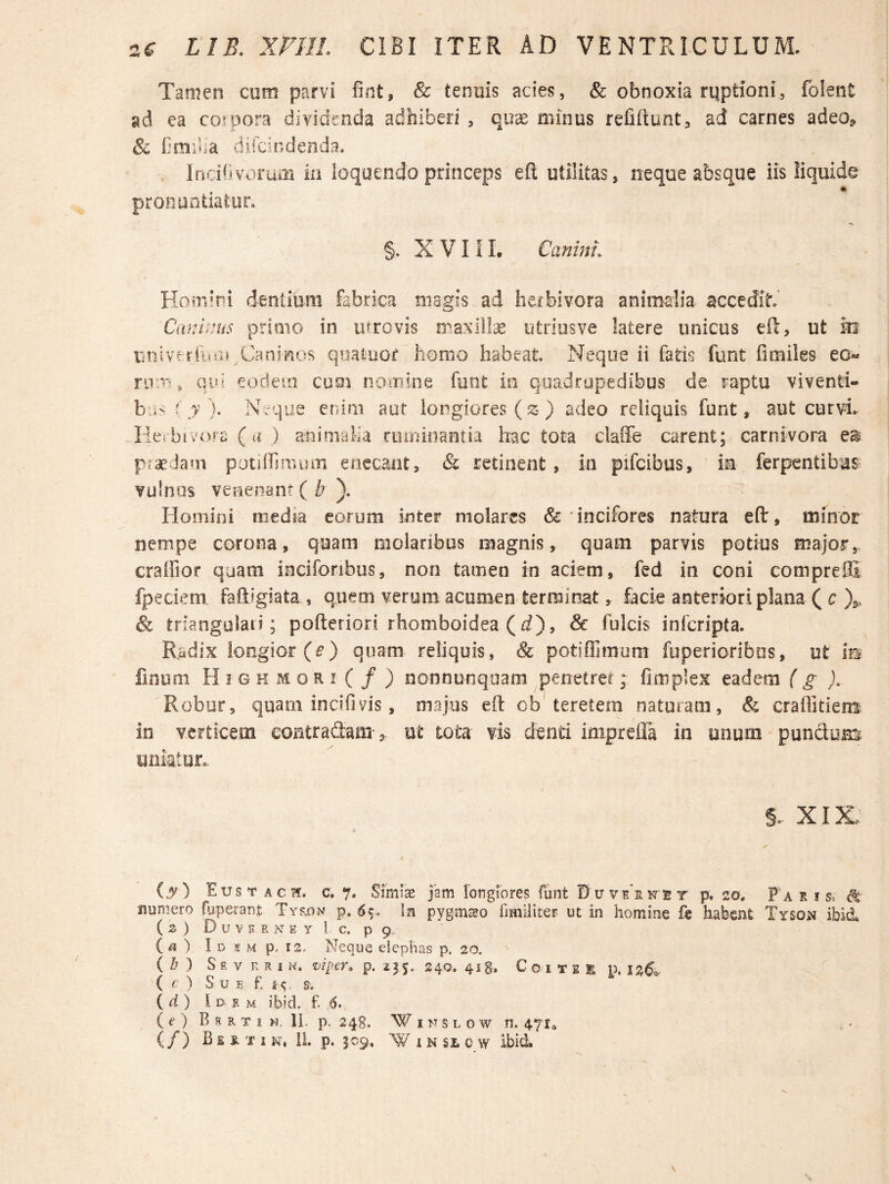 Tamen cum parvi fint, & tenuis acies, & obnoxia rqptioni, folent ad ea coujora dividenda adhiberi , quae minus refiftunt, ad carnes adeo., & bmiba difcindenda. Iricifivorum in loquendo princeps efi utilitas, neque absque iis liquide pronuntiatur. §. X V11L Canini. Homini deniium fabrica magis ad liefbivora animalia accedit Caninus primo in urrovis maxillae utriosve latere unicus eft, ut in iirsivcribiis,Caninos quafcuof homo habeat. Neque ii fatis funt fimiles eo« rivm ^ Qua eodem cuoi noiiiine funt in quadrupedibus de raptu viventi- b ' >’ )• Neque enim aut longiores () adeo reliquis funt, aut curvi. Ilerbivora {a ) animalia rtiiiunantia hac tota claffe carent; carnivora praedam potiiTHivum enecant, & retinent, in pifcibus, in ferpentibias vulnus venenanr ( b ). Homini media eorum inter molares &'incifores natura eft, minor nempe corona, quam molaribus magnis, quam parvis potius major,, cralfior quam inciforibus, non tamen in aciem, fed in coni compreffi fpeciem faftigiata , quem verum acumen terminat, facie anteriori plana ( c X & trlanguiaii; pofteriori rhomboidea (d), & fulcis infcripta. Radix longior (^) quam reliquis, & potiffimum fuperioribus, ut im finum Highmori(/) nonnuoquam penetrer; fimplex eadem (g ), Robur, quam incifivis, majus eft ob'teretem naturam, & craflitiem in verticem contra(3:am, nt tota vis denti imprefla in unum punclum uniatur. §.- XIX; (,y) Eustach. c. v. Simis jam longiores funt D u ve'sne t p. 20. Faris, ^ numero fuperant Tysxin p, 65. \n pygmcso fimiliter ut in homine fe habent Tyson ibici ( s ) D u V s R N E y l c. p 9. ( ^ ) I D g M p, 12, Neque elephas p. 20. ( b ) Severi n. ^iptr, p. 13 5. 240. ^1$, C o i t e E p. 126',, ( r ) S u E f. &■(;. S'. { d) l D F. M ibid. f. 6. ( e ) B R R T i w. IL p. 248. W I N s L o w n. 4710