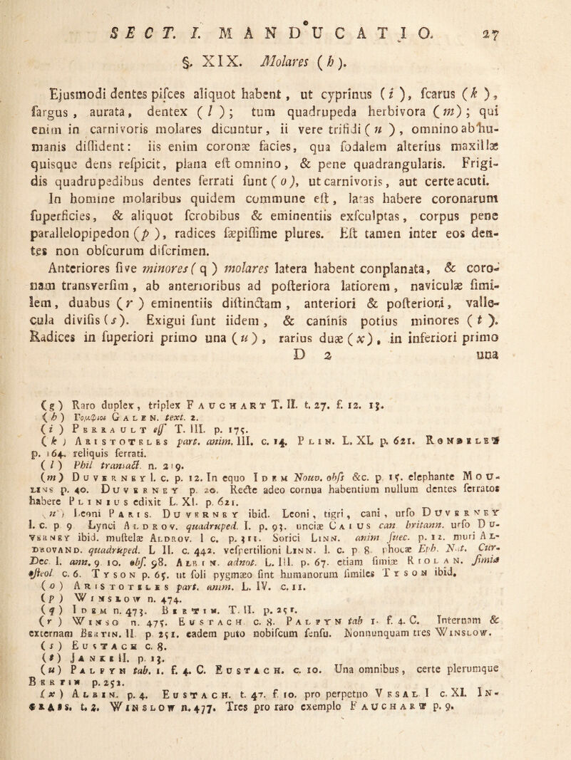 §, XIX. Molares (/;). Ejusmodi dentes pifces aliquot habent, ut cyprinus (f ), fcarus fargus , aurata, dentex (/ ); tum quadrupeda herbivora (^nt) \ qui enim in carnivoris molares dicuntur, ii vere tritidi ( ^ ), omnino ablio- manis diflident: iis enim coronae facies, qua fodalem alterius maxillae quisque dens refpicit, piana eft omnino, & pene quadrangularis. Frigi¬ dis quadrupedibus dentes ferrati funt ( o ut carnivoris, aut certe acuti. In homine molaribus quidem commune eft, la^as habere coronarunt fuperficies, & aliquot fcrobibus & eminentiis exfculptas, corpus pene parallelopipedon (/? ), radices fsepiflime plures. Eft tamen inter eos den¬ tes non obfcurum difcrimen. Anteriores five minores { q ) molares latera habent conplanata, & coro¬ nam transverfim , ab anterioribus ad pofteriora latiorem, naviculae fimi- lem, duabus (r ) eminentiis diftindam , anteriori & pofteriori, valle¬ cula divifisCr). Exigui funt iidem, & caninis potius minores ( O* Radices in fuperiori primo una Qn) , rarius duae (^) , in inferiori primo D z ' um C g ) Raro duplex:, triplex F A u c h A R T T. IL t. 27. f. 12. 15. { <6 ) rofA.(piM G A L E N. text. 2. ( i ) P B R K A U L T T. 111. p. 17;. C k ) Aristoteles part, anim, 111. c. 14. P l i n. L, XL p. 621. R 0 M 0 1 l E ^ p. 164^ reliquis ferrati. ( / ) Pbil tramaB. n. 219. (w) D u V B R N E y l. c. p. 12. In equo I d k m Nomv. ohfs &c. p i<. elephante M o u- LiMs p. 40. Du V B F NE y p. ?©. Rfide adeo cornua habentium nullum dentes ferratos habere Plinius edixit L. XI. p. 621. 1-coni Paris. DuvHRNey ibid. Leoni, tigri, cani, urfo Duvbrnet L c. p 9 Lynci A ldrov. quadruped. I. p. 9?. unciae Caius can britann. urfo D u- VEiiNEy ibid. muftelae Aldrov. 1 c, p. ;|ri. Sorici Linn. amm fiiec. p. 1 i. muri A L- dbovand. quadruped. L 11. c. 442. vcfpertilioni Linn. 1. c. p 8* phocae Evb. Cur^ JOicc. 1. ann,<) 10. 98. A lr r n. adnot. L. lil. p- 67. etiam fimiae R iol an. Jimia c. 6. T y s o N p. 65’, ut foli pygmaeo fint humanorum fimilcs T r s o ibid, (o) AriStotblis part, anim. L. IV. c. 11. (p) WiNsiown. 474. ( f ) I D E M n. 47 5. B E R t I M. T. II. p. r. (r) WiNso n. 47t. Eustach c. 8- Palpym tab i- f, 4. C. Internam 8c externam Beutin. 11. p 2^1. eadem puto nobifeum fenfu. Isionnunquam tres Winslow. (O fiusTACH c. 8. ( S ) J A N K I il. p. I J. («) Palftn tab, i, f. 4. C. E u s T a c H. c. 10. Una omnibus, certe plerumque B E R r 1 M p. 2$1. l X ) A L B I N. p. 4, E u s T A c H. t. 47. f. lo. pro perpetuo V e s a l I c, XI. 1n-