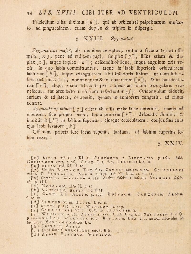 Fafdculum alias diximus []], qui ab orbiculari palpebrarum mufcii« lo 3 ad pioguedioem, etiam duplex & triplex fe difpergit» §. X X111. Zygomatici Zygomaticus major^ ab omnibus reccptqs ^ oritur a facis anteriori offi& 3 > P^ne ad radicem jugi, finiplex[ jy], fiffus etiam & dii» piex ] 9 atque triplex [ a ] ; defeendit oblique, inque angulum oris ve«^ nit, in quo labia committuntur, atque in'labii fuperioris orbicularem labiorum > inque triangularem labii inferioris finitur, ut cum fiiis fi« bris defceodat [c ] , nonnonquam & in quadratum [ d] , & m bucdnato» aliqui etiam fF4fcicii!i per adipem ad orarn triangularis eva- nefcont, aut arcu fado in riforium refiefttmtur [/]. Oris angulum diducit^' furfum & ad latera , os aperit, genam in tumorem congerit ^ ad rifmn confert. Zygonmticns [g J oritur ab offis malse facie anteriori, magis ad interiora , five propius naib , fupra priorem [ 3 • defcendit fimiiis, & inmittit fe[i3 in labium fuperius, ejusque oibicularem , conjunftus cum ejus Jabii levatore [] k Officium prioris fere Idem repetit^ tantum, ut labium fuperios lom regat §. XXIV. [ fO A LB ! N. tab\ T. t. XI g. S' A K T 0 R 2 N. 0. L I E 17AT A U D p. 1^4« Add Cheseldem anat^ p 76. C A n tr. T. f. i. F A R s o n s 1* G. b. [a,} Albi n. tah, X!. f. lo. [^3 Simplex E u s t a c h. T. 4,1. f i. C 0 w p e r tab, |2. n. 20. G 0 u r c $ l l s tVib i. G S A N T 0 R I N. A LB'l N. p. I57. tub. Xi- f. 50. II. 12. I?. [ 3 3 Compofitus W I N s L o w n. 5^9. duobus fafciculis infertus B o e h m b r fafck* df p. VJIL [ r? ] M- 0 R G A G N. Adv. 11. p. 29a [ 3 S A NT 9 R I N. Albi h. 1. c f. f 4. [ C 3 c A K T. I. A L B 2 N. p. I ?7. E U § ^ A G H. S A N ^ 0 S. I H. A L Bl W, £ IO. m. [ 3 S A N T 0 R I M. m. A L B 2 N. £ IO. n. [ f 3 A L B E M. p. i ^7. F. I W I K s L o w n. ^ ^9. [ / j c 0 U R c E L L B s tClb. i. G. y. L. s A N T o R I N. X. [^3 Wenslow n. c6o. A l e i n. p. i 7^- T. Xt. £ so.,i, h. S aV o r i w. t. f. Q.- p ■\ Si s o N’ s 1. c, g. w A L T H E R p. §, E U S T A C H. t, £ I. SD Jion fafcicuius ad levatorem Morgagno dicitis 1. c. [ h J E u s T A c II. A L B I N. F 2 ] Duos facit CouRCELLES tab, t. E E, ^