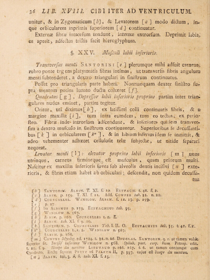 unitor., & in Zygomaticum , & Levatorem [ c] modo didum , in^ que orbicularem inprimis fuperiorem [d} Gontinoatur, Externae fibrae iotr^ifom tendunt, inlern^ extrorfem. Deprimit Lbia> Gs a-perit^ adfedas triSls facit hkroglypburn. §, XXV. Mufcuii labii inferiorum. Trans-verfus menti S a n x o r i n i [> ], plerumque mihi adfuit eameusi fubro ponte teg eos platysoiatis fibras intimas j ut transverfis fibris angulum^ menti fabtenderet, a de,?^tro triangulari in fmiftrum continuatus-. PolFet pro triangolans parte haberi.' Nonnooquam, dextec finiftro fUf» pra mentum potius lunato do.du coh^ret [/], Quadratus [ g 1 , Depreffor labii. inferioris proprius partinx inter, triatx-^; gubres nudus, eminetpartim tegitui:. Oritor,, uti dixioios/i], ex latiflim! colli continuatis fibris, & m. margine maxillae [z], tum intra eumdeni, tuoi eo tedus, ex peria* fteo. Fibrae inde introrfum adfceadunt , & inkriores quidem transvec- fim a dextro murculo ia fioiftrum continuantur. Superioribus fe decuiland- bus [/r ] in orbicularem , & in labium inferius idem fe inmittic, % adeo vehementer adhaeret qeilulofe telae. l'ub|edae;, ut nitide feparari jQequeat, Levator menti [l ]t elevator proprius labii inferioris [ m ] unos uirinque, carneos firmiorque;. eft rnulculus , quam priorom multi Nidcitorex maxilla inferioris fovea fub alveolis dentis incifivi [zz J exte^- norls, & fibras etiam habet ab orbiculari;, defcendit,^ non quidem, decuffa^ tm. [/?] Sanxorsf'. ALBiKr. T. XT. £' -Id. Eusxaxh; fc. 4-1. E'21.. [ iT ] Albin. p. !^9. T. XI. f, II. Add. Cowper tah. n,.2Sv.. £ ] CouscELLES. W1NSL.0W. Albin. f. i.i. ij; p. le j p. 27. [ f ] Ita Albinus P. 1^9. Eusta.ghius tab. [g 3 X^iNSLOw n. ^67. £/j ] AiBiM. p, r6o. Gourcelees t. 2. E. f f 3 Albin. tub. XI. f 9,-10. G 3 Sanxorin.. y. Co.uRCELLEs TahAAL O. Eust.achius tab, t. 41, F.>a ■■ Couecellks Si X^iNSLow n,- 567* G / 3 4l6in. p. \6%. G m j Co^vp's,R Myoiog, ed, 1724. t | s6. Douglas. San^orin. q. r. ut tamen- valcle.^ fupeiior fit. Imijif infirmer Winslow n. v^8. ryllab. part. corp. hum. Petrop. edit. t. so, f. 9. Iloupe dii me7'2ton Likutaud p. 166. 167. t 6. ut tamen conjungat c.uK. 0’dad?-a.to. Rede feparat ad Palfyn. il, p. 397. cujqs eftdu mmWu Albim. £is»