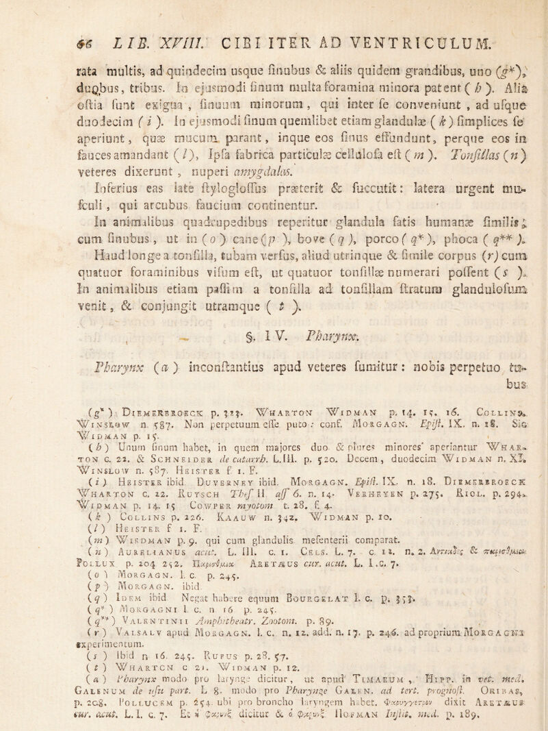 rata multis, ad quiadecim usque finobas & aliis quidem graodibus, uno duQbus, tribus. Io ejasriiodi Ooiiiii multa foraaiioa minora patent ( h ). Alia oftia funt exigua, (inooiii iiiinorutii, qui inter fe conveniant , ad ofque duoiecim ( i ). Iu ejusmodi finum quemlibet etiam glandulae (^k) fimplices fe aperiunt, qu^ oiucom, parant, inque eos finus effundunt,, perque eos ia fauces amandant (/ ), Ipfa fabrica particulae cellaloCi eft ( m ). Tonfillas (^n‘y veteres dixerunt , nuperi amygdalus. Inferius eas iats ftyloglofFiis praeterit & fuccutit: latera urgent fcali , qui arcubus faucium continentor. lii ao-kiiiUbas qoadcopedibos reperitor glandula fatis humanae cum finubus, ut in (o ) Gane(p ), bove ( qporcof f*), phoca ( ). Haud longe a tonfilla, fcubani v.erfas, aliud iitrinque & finiile corpus (r) cum quituor foraminibus vifuro eft, ut qoatuor tonfillae numerari poffent (r ), In animalibiis etiam paflim a tonuila ad; toiifiUam ftratum glanduiofiim venit, conjungit utram que ( ^ §. I V. Fbarynx:, Fkarynx (a) inconflantius apud veteres fumitur: nobis perpetuo bus Cg’* ) Diemerbroeck p. Wharton X^idman P'. 14. 1%, j6. Collin&«, 'W'i^sz.t3w n. ^§7. Non perpetuum eflo puto; conf. Morgagn, Epiji, {%.. n* si. SiG p. • ib) Unorn finum habet, in quem majores duo & plnre« minores' aperiantur Whas^ TON c. 21. & ScMNEiDEs. de cuturrh. L.fll. p. 520,. Deeem , duodecim Widaian n, XJ» WI NSLo w n. k'7'' H s r sT E s. f I. F, (i ) HeistePv ibid Duvernet ibid, Morgagn. Eidfl. IX. n. 18. Dismsssroeck Whartgn c. 12. iluYscH Tbef l\ ajf 6, n. 14- Verheten p. 275. Kiol. p. 294^- Wi dman p. 14., Cow.PER myotom t. 28. fi 4. ( /^ ) CoLLiNS p. 226. Kaauw n. 542. NFidman p. IO. (/) Heisteii f i. F. ^ (m) WiEDMAN p. 9. qui cum glandulis mefenterii comparat. {n') Aurelianus aciC. L. IJL c. i. Cs ls. L. 7. - c i 2. n,. z. FolLUX p. 104. 2S2. IhxpKr!A.EETiSUS cut. acut. L. i.S. 7. ( 0 .ViORGAGN. 1. C. p. 244. ip^ Morgagn. ibid. iq) Idem ibid Negat habere equum Bourgelat 1. c. p. ( ) iViOKGAGNI l c. n t6 p. 2 4.<J. ( V AL s N TIN11 A^npbrcheatr. Zootom. p. 89. { r ) Valsalv apud Morgagn. 1. c. n. 12. add. n. 17. p. 24^. adpropriuniMoRGagn3 «xperimentum. (j- ) Ibid n 16. 24^. PvUFus p. 28. ^7. (^) Whartcn c 2j. Widman p. I2-. (a) dharynx modo pro larynge dicitur, ut apud' Timaeum , ' Hipp. in vet. medo Galenum de nfit pari. L 8, modo pro Pbary}72,e Galkn. ad teri, prognojl. Ouiras, p. 2ag. Pollucem p. ^(>4. ubi pro broncho laryngem hebet, ^^xpuyyerpov dixit AxET^uf