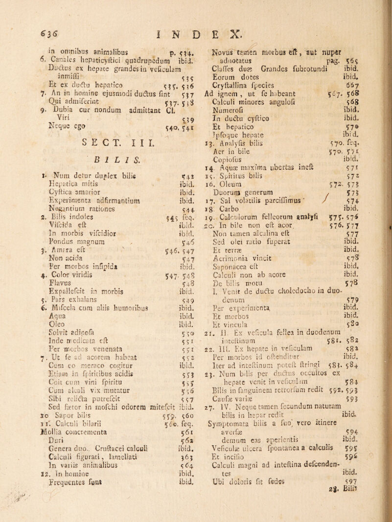 iii onmibas animalibus p. ^14, 6, Canales hspaticyftici quadrupedum ibid. Ductus ex hepate grandes ia veficulam inmiffi Et ex dudu hepatico ^^6 7. An in homine ejusmodi ductus fint 517 Qui Fidmifetint: 9. Dubia cur nondum admittant CL Viri Neque ego ^40.141 S E C T. I I L BILIS, I' Num detur duplex bili« ^42 Hepatica mitis ibid. Cyftica amarior ibid. Experimenta adfirmantiom ibid. Ne^ntium rationes ^44 2. Bilis indoles ^49 feq, Vifdda eft tlid. In morbis vifcidior ibid. Foridiis magnum . ^46 Amara eft '' ^46. 947 Non acida ^47 Per morbos inOpidi ibid. 4, Color viridis 5^47. 545 Flavus ^48 Expallefcit in morbis ibid. f. Pars exhalans 549 6, Mifcela com aliis humoribus ibid, Aqua ibid. Oleo ibid. Polvit adipofa 590 Inde mcdicata eft 991 Fer 'niorbos venenata 7. Ut fe ad acorem habeat ss’» Crj:m eo meraco cogitur ibid. Etiam in fpiritibiis acidis 991 Coit cum vini fpiritu Curn alcali vix motatur 596 Sibi relida putrefcit 997 Sed Betor in morchi odorem mitefcit ibid. 10 Sapor bihs 9^9. <;6o 11' Calculi bilarii 56©. feq. Mollia concrementa 561 Duri 563 Genera duo., Crnftacei calculi ibid. Calculi figurati, larneliati 565 In variis animalibus <;d4 S2. In homine ibid. Frequentes funi ibid, NovuH tairfen morbus ef^, ait nuper adsiotatus pag. ^6% Clades du?2 Grandes fubrotundi i ibid. Eorum dotes ibid. Cryftallina fpecies 667 Ad ignem , ut fe habeant 568 Calculi minores angulofa s68 Nunierofi ibid. In du(flu cyllico Ibid. Et hepatico Ipfoque hepate ibid. S|. Anaiyfis bilis 970. feq. Aer in bile SIO. Copiofus ibid. 14. Aquae maxima ubertas ineU 19. Spiritus btlis 97S i 6. Oleum Duorunj generum / 571 17. S'al volatilis parcifllmus * V S74> 18 Carbo ibid. 19. Calculorum felleorum gnalyfi 575- 2c. In bile non eft acor, $76. J77 Non tamen alcalina eft 577 Sed olei ratio fuperat ibid. Et teiTcg ibid. Acrimonia vincit 57^ Saponacea eft ibid* Calculi non ab acore ibid. De bilis motu 578 1. Venit de dueftu choledocho in duo- denum 579 Per experimenta, ibid. Et morbos ibid. Et vincula 2!« 11. Ex veficula fellea in duodenum inteftinum 581. sSs 22. iil. Ex hepate in vcficulam 58^ Per morbos id ofteodifjsr ibid. Iter ad inteftinuni poteft ftringi 581. sSq Num bdis per dudus occuicos ; ex hepate venit in veficiiNm 584 Bilis in fanguinem retrorfum redit 592. 591 Caufaj varix ^ 591 27. IV. Neque tamen fecundum naturam bilis in hepar redit. ibid Symptomata bilis a fuo, vero itinere averfe 594 demum eas aperientis ibid. Veficulse ulcera fpoiitanea a calculis f9f Et incifio 59^ Calculi magni ad inteftina defeenden- tes ibid. Ubi (1 oloris fit fedes 597 2g. Bilii^'