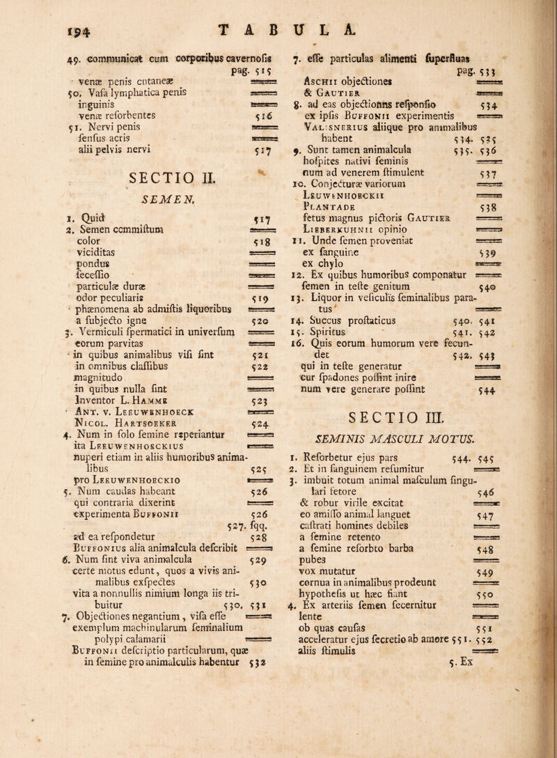 49. Gomttiumcsit cum corpOiEibus cavernofis pag. s ' vence penis cntanesc ^ sssasss $0, Vafa lymphatica penis inguinis vense reforbentes $1. Nervi penis fenfus acris alii pelvis nervi 527 SECTIO II. SEMEN, ^uid 2. Semen ccmmiftum color viciditas pondus feceffio particulae durse odor peculiaris - phaenomena ab admiftis liquoribus a fubjedo igne |. Vermiculi fpermatici in univerfum eorum parvitas ' in quibus animalibus vili lint -in omnibus claflibus snagnitudo in quibus nulla fint Inventor L. Hamme ’ Ant. V. Leeuwbnhoeck Nicol. Hartsoeker 4. Num in folo femine rsperiantur ita Leeuwenhosckius nuperi etiam in aliis humoribus anima- ?i7 ^18 519 ?20 $21 S22 525 524 iibus S2^ pro Leeuwenhoeckio 5. Num caudas habeant $26 qui contraria dixerint experimenta Buffonii $26 527. fqq. ad ea refpondetur 528 Buffonius alia animalcula deferibit — , Num fmt viva animalcula 529 ■certe motus edunt, quos a vivis ani¬ malibus exfpedes 550 vita a nonnullis nimium longa iis tri¬ buitur Objediones negantium, vifa effe fi==3 exemplum machinularum feminalium polypi calamarii s==s BuFFONii deferiptio particularum, quse in femine pro animalculis habentur $ j s 7. effe particulas alimeSEti foperluas pag As CHII objediones & Gautier g. ad eas objedionns refponl5n $ ex ipfis Buffonii experimentis *= Valisnerius aliique pro animalibus SH. habent 9. Sunt tamen animalcula hofpitcs nativi feminis num ad venerem ftimulent 10. Coinjedturas variorum LEUWfcNHOECKlI PLANTADE fetus magnus pidoris Gautier Lieberxuhnii opinio 11. Unde femen proveniat ex fanguine ex chylo 12. Ex quibus humoribus componatur femen in tefte genitum 13. Liquor in veficulis feminalibus para¬ tus : 14. Succus proflaticus 540, Spiritus ’ 541. 16. CLuis eorum humorum vere fecun¬ det 542. qui in tefte generatur = cur fpadones poffint inire s num vere generare poffint SECTIO IIL SEMINIS MASCULI MOTUS. S18 S4© 541 542 S44 S44- ^4^ 1. Reforbetur ejus pars 2. Et in fanguinem refumitur 3. imbuit totum animal mafculum fingu- lari fetore 546 & robur virile excitat =31 eo amilTo animal languet 547 caftrati homines debiles = a femine retento ==3= a femine reforbto barba 54g pubes == vox mutatur ^49 cornua in animalibus prodeunt === hypothefis ut hssc fiant 550 4. Ex arteriis femen fecernitur == lente 5=ae=E ob quas caufas $51 acceleratur ejus fecretioab amore 551. $$2 aliis ftimulis ==ss: $. Ex