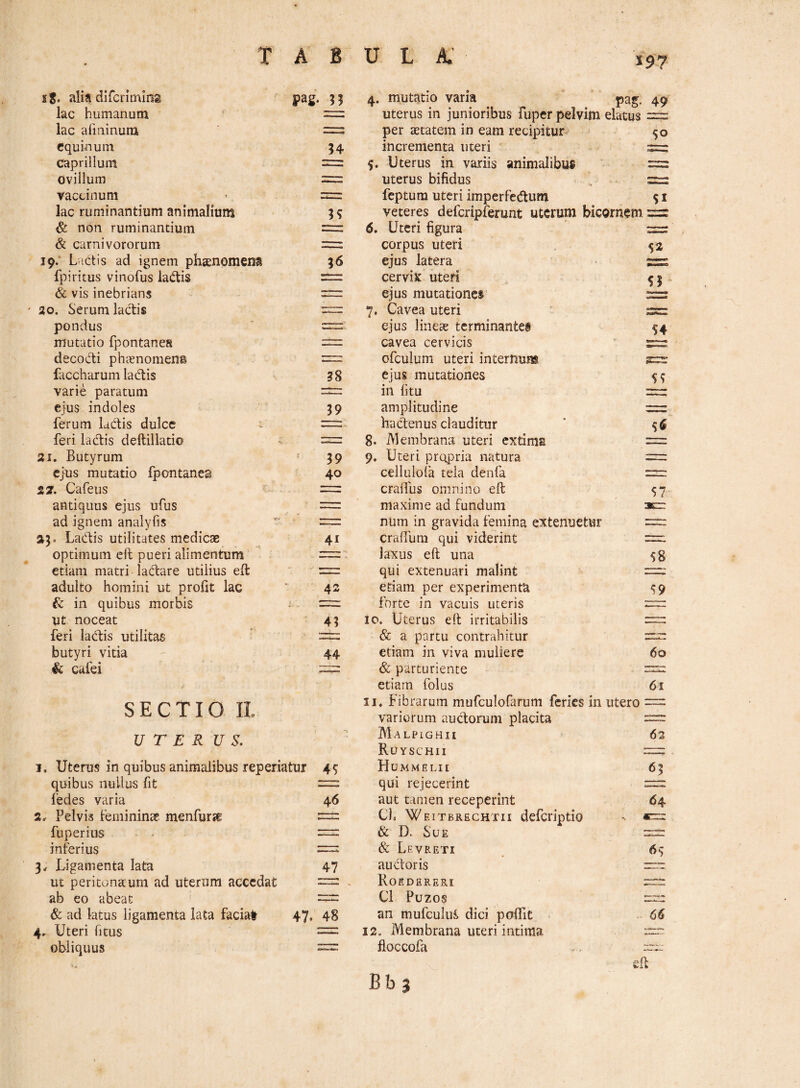 i ali^ difcrimlns pag. 33 lac humanum lac afininura equinum ?4 caprilium ovillum = vaccinum lac ruminantium animalium n & non ruminantium & carnivororum -— 19/ Ladis ad ignem phaenomena fpiritus vinofus ladis ■— & vis inebrians — 20. Serum ladis pondus = mutatio fpontanes mr decodi phtenomens faccharum ladis 38 varie paratum ejus indoles 39 ferum ladis dulce feri ladis deftillatio 21. Butyrum 39 ejus mutatio fpontanes 40 27. Cafeus — antiquus ejus ufus —' ■ ad ignem analyfis 23* Ladis utilitates medicae 41 optimum eft pueri alimentum etiam matri ladare utilius eft 7 adulto homini ut profit lac 42 & in quibus morbis Ut noceat • 43 feri ladis utilitas butyri vitia 44 & caiei . — SECTIO IL UTER U S. 1. Uterus in quibus animalibus reperiatur 45 quibus nullus fit fedes varia 46 2. Pelvis feminina? menfur?! :=:^ fuperius = inferius 3^ Ligamenta lata 47 ut peritonaeum ad uterum accedat ab eo abeat & ad latus ligamenta lata faciat 47. 48 4, Uteri fi tus = obliquus = 4. mutatio varia ’ pag. 49 uterus in junioribus fuper pelvim elatus = per aetatem in eam recipitur 50 incrementa uteri 5. Uterus in variis animalibus =: uterus bifidus , = feptum uteri imperfedum s i veteres defcripferunt uterum bicornem 6. Uteri figura := corpus uteri , 52 ejus latera cerviK uteri 55 ejus mutationes = 7. Cavea uteri ssr: ejus lineas terminantes 54 cavea cervicis ofculum uteri internum ejus mutationes 59 in litu = amplitudine = ha denus clauditur ‘ 8. Membrana uteri extima = 9* Uteri propria natura = cellulofa tela denfa = crallus omnino eft 57 maxime ad fundum acr num in gravida femina extenuetur = cralTum qui viderint — laxus eft una 58 qui extenuari malint etiam per experimenta ^9 forte in vacuis uteris 10. Uterus eft irritabilis & a partu contrahitur rrr: etiam in viva muliere 60 & parturiente etiam folus 61 !!♦ Fibrarum murculofaruni feries in utero = variorum audoruni placita Malpighii Ruyschii HuMMELir qui rejecerint aut tamen receperint C), Weitbrechtii deferiptio & D. Sue & Levreti audoris Roedereri C1 Puzos an mufcului dici poflit 12. Membrana uteri intima floccofa 62 ii 64 65 - 66 eft