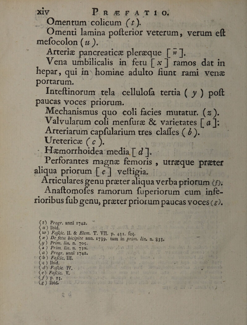 Omentum colicum (t). Omenti lamina pofterior veterum, verum eft mefocolon (u ). Arteriae pancreaticae pier seque [»>[]. Vena umbilicalis in fetu [ x ] ramos dat in hepar, qui nr homine adulto fiunt rami venas portarum. Inteftinorum tela cellulofa tertia ( y ) poft paucas voces priorum. Mechanismus quo coli facies mutatur, (z). Valvularum coli menfuras & varietates [«]; Arteriarum capfularium tres clalles ( h ). Uretericae ( c ). - H*morrhoidea media. [ d]. - Perforantes magnae femoris , utroque praeter aliqua priorum [ e]j veftigia. Articulares genu praeter aliqua verba priorum (/). Anaftomofes ramorum fuperiorum cum infe¬ rioribus fub genu, praeter prioxum paucas voces (g). ( (t) Progr. anni 1742. ( u ) Ibid. ( w) Fafcic. II. & Elem. T. VII. (x) De fetu bicipite ann. 1739. Prim. lin. n. 705. Prini, lin. n. 730. (y) {z ) (а) (б) ( c ) U) Progr. anni Fafcic. III. Ibid. Fafcic. IV. ( e) Fafcic. V. (/) P- 23. (<?) Ibid. 1742 p. 431. feq. tum in prini, lin. n. 8 31. ;.. . i \ . LA / * / T