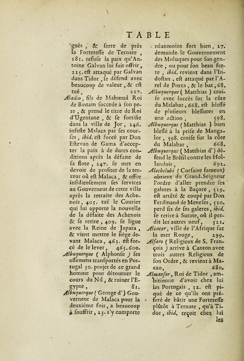 I \ T A gués , 8c ferre de près ia Fortereiïè de Ternate , 1S1. refufe la paix qif An¬ toine Galvan lui fait offrir, 225. eft attaqué par Galvan dans Tidor , fe défend avec beaucoup de valeur , 8c eft - tué, 227, Aladin, fils de Mahmud Roi de Bintam fuccede à fon pe- re , & prend le titre de Roi d’Ugentane , 8c fe fortifie dans la ville de Jor, 14 6. infefte Malaca par fes cour- fes , ibtd. eft forcé par Don Eftevan de Gama d’accep¬ ter la paix à de dures con¬ ditions apres la défaite de fa flote , 247. fe met en devoir de profiter de la ter¬ reur où eft Malaca , 6c offre infidieufement fes fervices au Gouverneur de cette ville après la retraite des Ache- nois, 405. tue le Courier qui lui apporte la nouvelle de la défaite des Achenois 6c fe retire , 409. fe ligue avec la Reine de Japara , 6c vient mettre le fiége de¬ vant Malaca, 463. eft for¬ cé de le lever, 465.600. Albuqnerqne ( Alphonfe ) fes ofTemens tranfportés en Por¬ tugal 50. projet de ce grand homme pour détourner le cours du Nil, 6c ruiner l’E- gyPte> Si. Albuqucrque ( George d’) Gou¬ verneur de Malaca pour la deuxième fois, a beaucoup à fouffrir, 23. s’y comporte BLE néanmoins fort bien, 27. demande- le Gouvernement des Moîuques pour fon gen¬ dre , ou pour fon beau fre- re , ibid. revient dans l’In- doftan , eft attaqué par l’A- rel de Porca , 6c le bat, 68. Albuquerque ( Matthias ) croi- fe avec fuccès fur la côte du Malabar , 668. eft biefïé de plufieurs bleffures en une action , 598. Albuquerqne ( Matthias ) bien blefté à la prife de Manga- lor, 598. croife fur la côte du Malabar , 668. AlbuqHerque ( Matthias d’) dé¬ fend le Bréfil contre les Hol- landois, 692. Alechelubi ( Corfaire fameux) obtient du Grand-Seigneur l’ordre d’aller prendre fes galeres à la Baçore , 519. eft arrêté 8c coupé par Don Ferdinand de Menefes, 5 20. perd fix de fes galeres, ibid. fe retire à Surate, où il per¬ dit les autres neuf, 521. Alcacer, ville de PAfrique fur la mer Rouge, 299, Alfaro ( Religieux de S, Fran¬ çois ) arrive à Canton avec trois autres Religieux de fon Ordre, 6c revient à Ma¬ cao, 68 o. Almanfor, Roi de Tidor , am¬ bitionne d’avoir chez lui les Portugais , eft pi¬ qué de ce qu’ils ont pré¬ féré de bâtir une Forterefte plutôt à Ternate , qu’à Ti¬ dor 3 ibid, reçoit cfie^ lui
