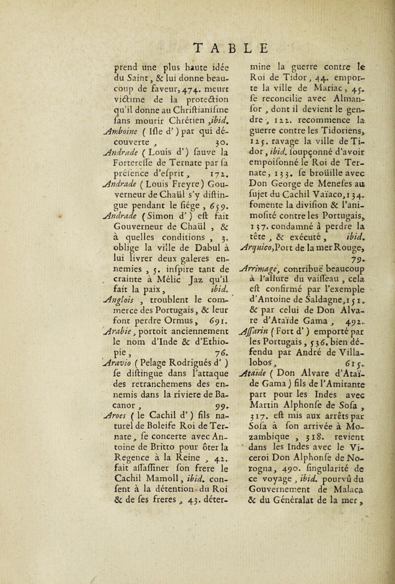 prend une plus haute idée du Saint , ôc lui donne beau¬ coup de faveur, 474. meure vidame de la proteétion qu'il donne au Chriftianifme fans mourir Chrétien Jbid. Arnboine ( ïfle d’) par qui dé¬ couverte , 30. Andrade ( Louis d’) fauve la ForterelTe de Ternate par fa préiènee d’efprit , 172. Andrade ( Louis Freyre) Gou¬ verneur de Chaiil s’y diftin- gue pendant le fiége ,659. Andrade ( Simon d’) eft fait Gouverneur de Chaiil , & à quelles conditions , 3. oblige la ville de Dabul à lui livrer deux galeres en¬ nemies , 5. infpire tant de . crainte à Mélic Jaz qu'il fait la paix , ibid. .Anglais , troublent le com¬ merce des Portugais, ôc leur font perdre Ormus ^ 691. Arabie portoit anciennement le nom d’Inde ôc d’Ethio- pie, , 7<L Aravio ( Pelage Rodrigués d') fe distingue dans l’attaque des retranchemens des en¬ nemis dans la riviere de Ba- canor , 99* Aroes ( le Cachil d’) fils na¬ turel de Boleife Roi de Ter¬ nate , fe concerte avec An¬ toine de Britto pour ôter la Regenee à la Reine ^ 42. fait alFailiner fon frere le Cachil Mamoll, ibid, con- fent à la détention du Roi ÔC de fes freres A 43. déter¬ mine la guerre contre le Roi de Tidor 44. empor¬ te la ville de Mariac, 4J, fe reconcilie avec Alman- for , dont il devient le gen- 1 O dre 122. recommence la guerre contre les Tidoriens, 125. ravage la ville deTi- dor, ibid. foupçonné d’avoir empoifonné le Roi de Ter¬ nate, 133. fe brouille avec Don George de Menefes an fujet du Cachil Yaïaco_,i 34. fomente la divifion Ôc Pani- mofité contre les Portugais, 137. condamné à perdre la tête J Ôc exécuté , ibid* Arquico,Port de la mer Rouge, 79+ Arrimagej contribue beaucoup à Pallure du vailfeau , cela eft confirmé par l’exemple d’Antoine de Saldagne^i 51* ôc par celui de Don Alva- re d’A tarde Gama , 492*. AJfarin ( Fort d’) emporté par les Portugais ,53 6» bien dé¬ fendu par André de Villa- lobosL, 615. Ataide (Don Alvare d’A tar¬ de Gama ) fils de l’Amirante part pour les Indes avec Martin Aîphonfe de Sofa , 317. eft mis aux arrêts par Sofa à fon arrivée à Mo¬ zambique , 318. revient dans les Indes avec le Vi- ceroi Don Aîphonfe deNo- rogna, 490. fingularité de ce voyage , ibid. pourvu du Gouvernement de Malaca ôc du Généralat de la mer *