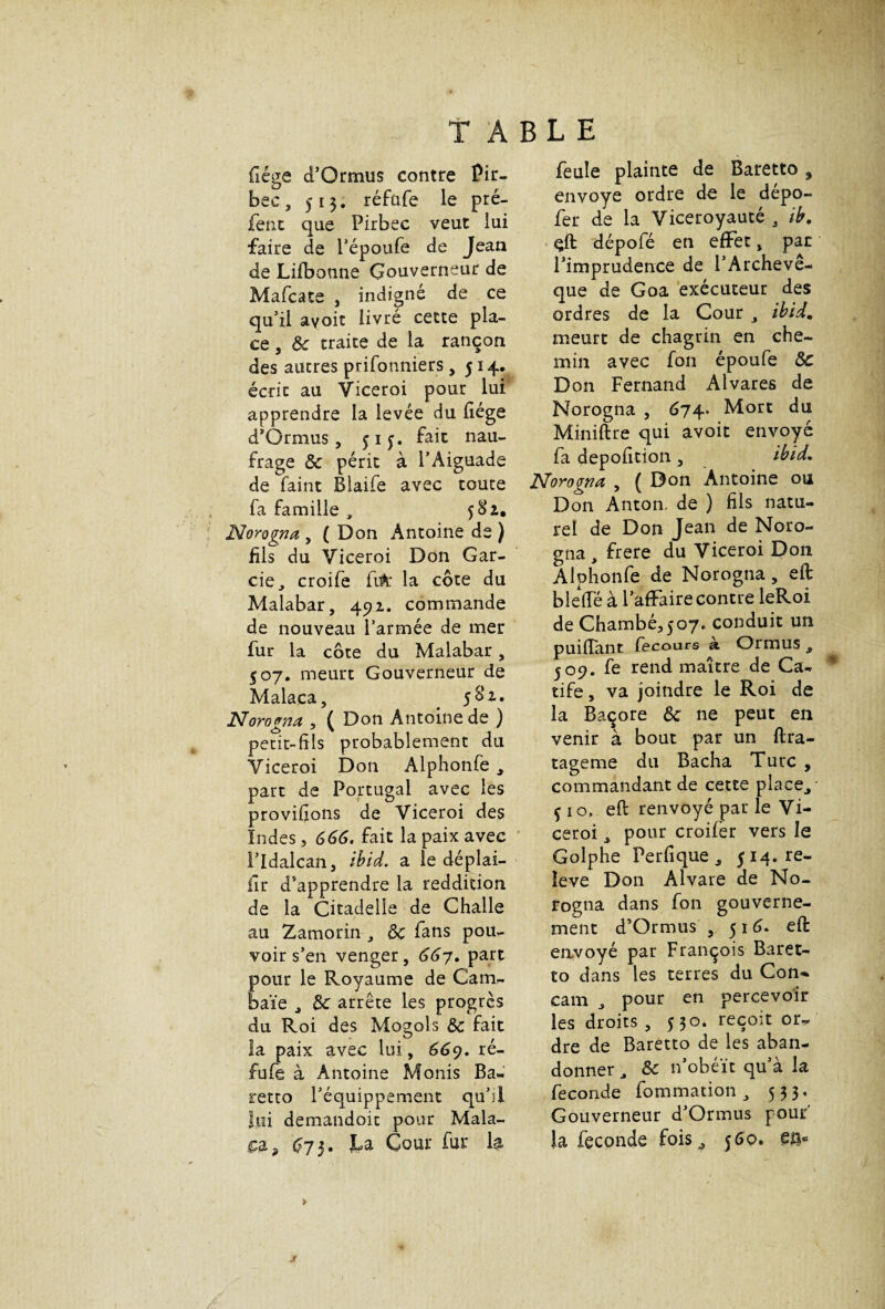 / TABLE fiége d’Ormus contre Pir- bec , 513. réfafe le pré- fent que Pirbec veut lui faire de Pépoufe de Je an de Lifbonne Gouverneur de Mafcate , indigné de ce qu’il avoit livré cette pla¬ ce , 5c traite de la rançon des autres prifonniers ,514. écrit au Viceroi pour lui apprendre la levée du liège d’Ormus, $ij. fait nau¬ frage 5c périt à PAiguade de faint Blaife avec toute fa famille , 5 Norogna , ( Don Antoine de ) fils du Viceroi Don Gar- cie, croife fite la côte du Malabar, 49a. commande de nouveau l’armée de mer fur la côte du Malabar, 507. meurt Gouverneur de Malaca, # 581. No rogna , ( Don Antoine de ) petit-fils probablement du Viceroi Don Alphonfe 9 part de Portugal avec les provifions de Viceroi des Indes, 666. fait la paix avec Pldalcan, ibid. a le déplai- ilr d’apprendre la reddition de la Citadelle de Challe au Zamorin , 5c fans pou¬ voir s’en venger, 667. part pour le Royaume de Cam- baïe j 5c arrête les progrès du Roi des Mogols 5c fait la paix avec lui, 669. ré- fufe à Antoine Monis Ba¬ retto l’équippement qu’il lui demandoit pour Mala¬ xa* 67$. La Cour fur h feule plainte de Baretto * envoyé ordre do le depo- fer de la Viceroyauté , ib. çfl: dépofé en effet, par l’imprudence de l’Archevê¬ que de Goa exécuteur des ordres de la Cour ibid. meurt de chagrin en che¬ min avec fon époufe 5c Don Fernand Alvares de Norogna , 674. Mort du Miniftre qui avoit envoyé fa depofition , ibid. Noro&na , ( Don Antoine ou Don Anton, de ) fils natu¬ rel de Don Jean de Noro¬ gna , frere du Viceroi Don Alphonfe de Norogna, eft bielle à l’affaire contre leRoi de Chambé^oy, conduit un puilïant fecours à Orraus , 509. fe rend maître de Ca- tife, va joindre le Roi de la Baçore 5c ne peut en venir à bout par un flra- taeeme du Bacha Turc , commandant de cette placer ç 10. efi: renvoyé par le Vi- çeroi, pour croifer vers le Golphe Ferfique, 514. re- îeve Don Alvare de No¬ rogna dans fon gouverne¬ ment d’Ormus , 516. efi: envoyé par François Baret¬ to dans les terres du Con-> eam , pour en percevoir les droits , 530. reçoit or* dre de Baretto de les aban¬ donner , 5c n’obéït qu’à la fécondé fommation , 533. Gouverneur d’Ormus pouf la fécondé fois,, 560. en*