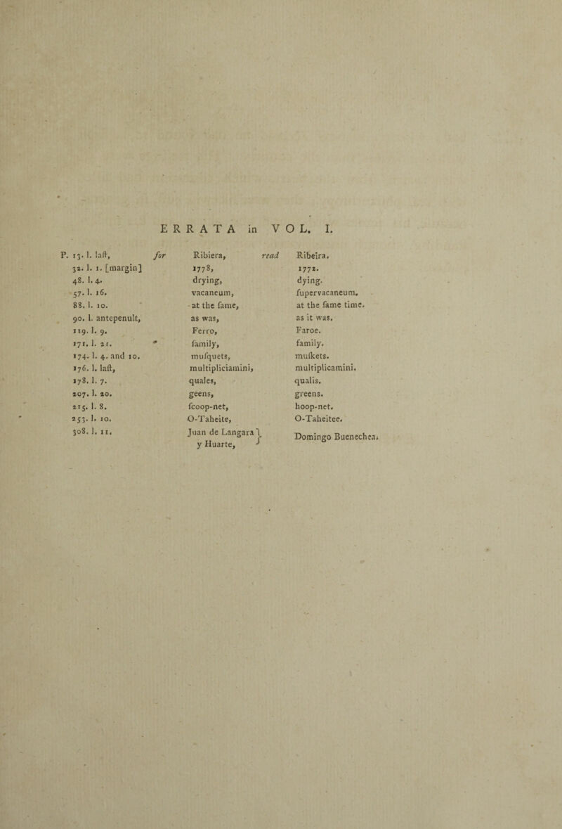 ( ERRATA in VOL. I. 13. I. !aft, for Ribiera, read Ribeira. 32. 1. I. [margin] *778, 1771. If 4** drying, dying. 57. 1. 16. vacaneum, fupervacaneum. 88. 1. 10. -at the fame, at the fame time. 90. 1. antepenult, as was. as it was. 119.1. 9. Ferro, Faroe. I7I. 1. 2f. * family, family. 174. 1. 4. and 10. mufquets. mulkets. 176. 1, laft, multipliciamini. multiplicamini. 178. 1. 7. quales. qualis. 207.1. 20. geens, greens. • 00 fcoop-net. hoop-net. 253. 1. 10. O-Taheite, O-Taheitee. y Huarte, Domingo Buencchea*