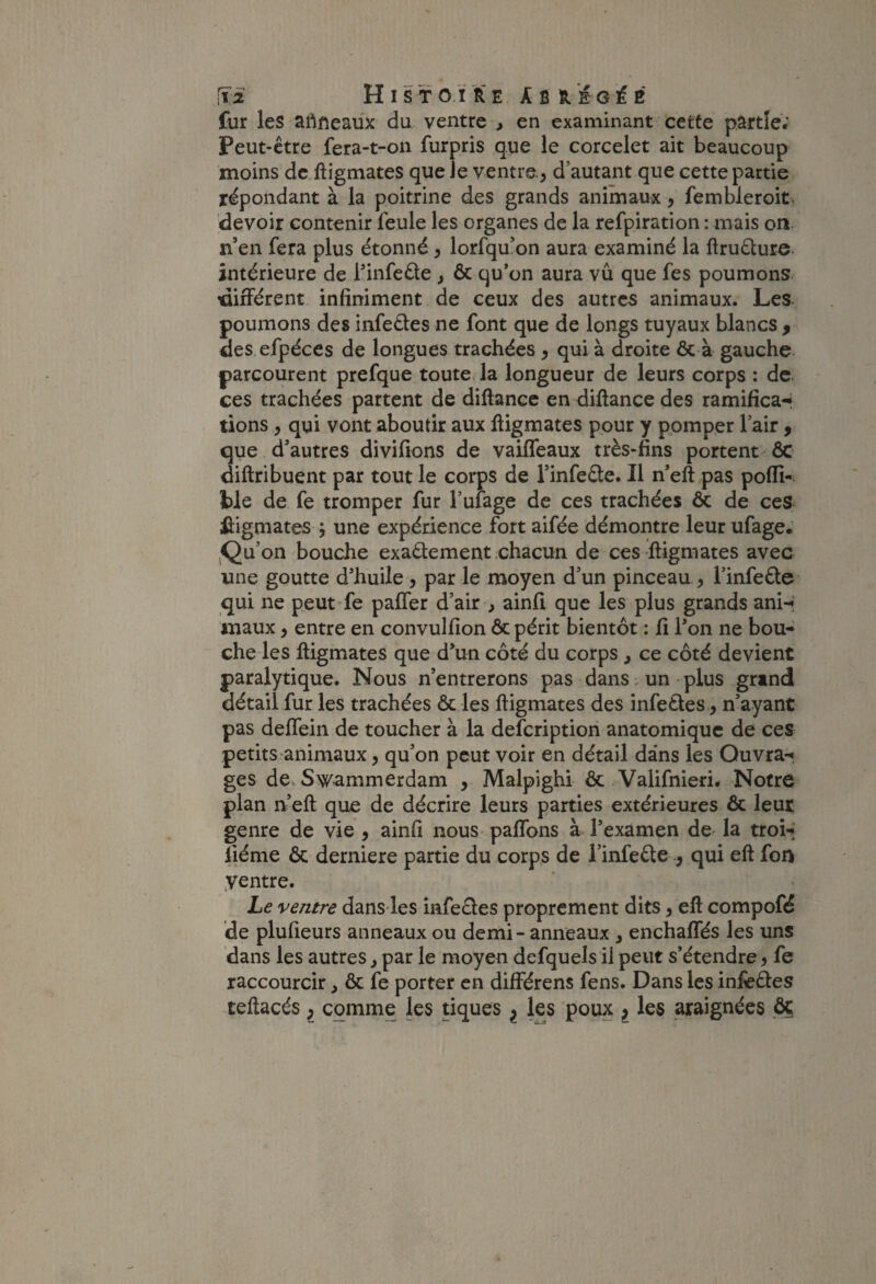 [ï2 HIrf b.i RE Abrogéë fur les aftneaüx du ventre , en examinant cette partie; Peut-être fera-t-on furpris que le corcelet ait beaucoup moins de ftigmates que le ventre., d’autant que cette partie répondant à la poitrine des grands animaux, fembleroit. devoir contenir feule les organes de la refpiration : mais on n’en fera plus étonné, lorfquon aura examiné la ftruêlure. intérieure de l’infeêle , & qu’on aura vû que fes poumons différent infiniment de ceux des autres animaux. Les poumons des infedes ne font que de longs tuyaux blancs , des efpéces de longues trachées , qui à droite Ôc à gauche parcourent prefque toute la longueur de leurs corps : de ces trachées partent de diftance en diftance des ramifîca-* lions, qui vont aboutir aux ftigmates pour y pomper l’air , que d’autres diviftons de vaiffeaux très-fins portent ÔC diftribuent par tout le corps de l’infeête. Il n’eft pas pofli- ble de fe tromper fur l’ufage de ces trachées & de ces ftigmates ; une expérience fort aifée démontre leur ufage.’ ^Qu’on bouche exaêtement chacun de ces ftigmates avec une goutte d’huile, par le moyen d’un pinceau , l’infede qui ne peut fe paffer d’air , ainfi que les plus grands anH maux, entre en convulfion ôc périt bientôt : fi l’on ne bou¬ che les ftigmates que d’un côté du corps, ce côté devient paralytique. Nous n’entrerons pas dans, un ■ plus grand détail fur les trachées ôc les ftigmates des infeôles, n’ayant pas deftfein de toucher à la deferiptiori anatomique de ces petits animaux, qu’on peut voir en détail dans les Ouvra-*, ges de. Swammerdam , Malpighi ôc Valifnieri. Notre plan n’eft: que de décrire leurs parties extérieures ôc leur genre de vie > ainfi nous pafTons à l’examen de la troi-; liénie ôc derniere partie du corps de l’infeête -, qui eft fon yentre. Le ventre dans les infeêles proprement dits, eft compofé de plufieurs anneaux ou demi - anneaux , enchaffés les uns dans les autres y par le moyen defquelsil peut s’étendre, fe raccourcir, ôc fe porter en différens fens. Dans les inièôles teftacés , comme les tiques ^ les poux ^ les araignées ôç